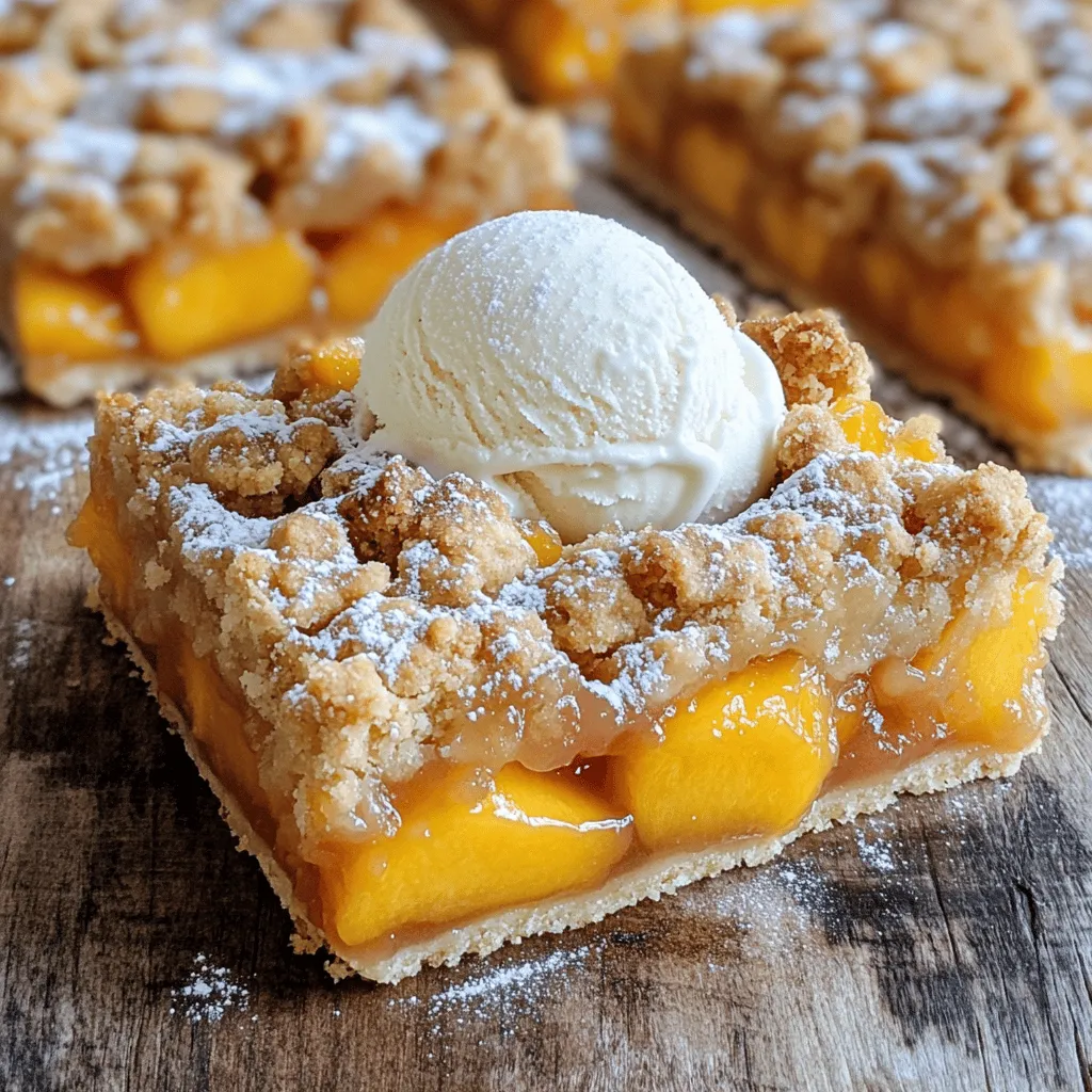 To make these tasty bars, gather these key ingredients: - 2 cups all-purpose flour - 1 cup rolled oats - 1/2 cup brown sugar, packed - 1/2 cup granulated sugar - 1 teaspoon baking powder - 1/2 teaspoon salt - 1 cup unsalted butter, softened - 2 cups fresh peaches, peeled and diced - 1 tablespoon lemon juice - 2 tablespoons cornstarch - 1 teaspoon cinnamon - 1/2 teaspoon nutmeg - 1/2 teaspoon vanilla extract Each ingredient plays a vital role in the flavor and texture of the bars. The flour and oats create a sturdy base, while the sugars add sweetness. Brown sugar gives a rich, caramel-like taste. The baking powder and salt help the bars rise and balance the flavors. Fresh peaches are the star of this dish. Peeling and dicing them makes them easy to mix in. The lemon juice brightens the peach flavor and adds a nice zing. Cornstarch thickens the filling, helping it stay together. Cinnamon and nutmeg bring warmth and depth. To make this easy recipe, you will need: - Mixing bowl - Baking dish (9x13 inches) - Parchment paper (for easy removal) - Measuring cups and spoons Using the right tools makes cooking smoother. A good mixing bowl helps blend ingredients well. A baking dish of the right size ensures even cooking. Parchment paper helps you remove the bars without breaking them. Measuring cups are key for accuracy in baking. For the full recipe, check out the details on how to put these ingredients together! - Preheat your oven to 350°F (175°C). - Grease or line your baking dish with parchment paper. Start by getting your oven hot. This helps the bars bake evenly. Greasing or lining the dish makes it easy to remove the bars later. I like using parchment paper because it prevents sticking. - Combine dry ingredients and mix well. - Mix in butter until crumbly. In a mixing bowl, combine the flour, oats, brown sugar, granulated sugar, baking powder, and salt. Stir it all together so everything is mixed evenly. Then, add in the softened butter. Use your fingers or a fork to mix it until you see small clumps. This gives your crust a nice crumbly texture. - Coat diced peaches with lemon juice and spices. - Mix in cornstarch for thickening. Next, take your fresh peaches and dice them into small pieces. In a bowl, mix the diced peaches with lemon juice and spices. This adds flavor and stops the peaches from browning. After that, stir in the cornstarch. This will help thicken the filling while it bakes. - Press crumb mixture into the baking dish. - Layer with peach filling and topping. Now, take the crumb mixture and press it down evenly into the bottom of your baking dish. This will be your crust. Then, pour the peach filling over the crust, spreading it out evenly. Finally, sprinkle the leftover crumb mixture on top of the peaches. - Bake for 30-35 minutes until golden brown. - Let cool before slicing. Place the dish in the oven and bake for 30 to 35 minutes. You want the topping to be golden brown and the peach filling to bubble. Once done, take it out and let it cool for about 30 minutes before slicing. This helps the bars set and makes them easier to cut. For the full recipe, check the detailed instructions above. To bake the best peach pie crumble bars, make sure you spread the mixture evenly. This helps the bars cook uniformly. Keep an eye on the oven as they bake. You want a golden brown topping. If it looks pale, give it a few more minutes. Start by dicing your peaches properly. Cut them into small, even pieces. This helps them cook evenly and blend well with the other flavors. Also, use room-temperature butter. It mixes better with the dry ingredients, creating a nice crumbly texture. You can enhance the flavor by adding nuts or spices. Chopped pecans or walnuts add a nice crunch. A pinch of ginger or cardamom can bring warmth to the dish. If you want to reduce sugar, try using alternative sweeteners like honey or maple syrup. These can add unique flavors and keep your bars sweet without being too sugary. For more details, check the Full Recipe. {{image_2}} To make gluten-free peach pie crumble bars, start by substituting all-purpose flour with gluten-free flour. This swap keeps the texture light and tasty. Make sure to use certified gluten-free oats as well. Not all oats are gluten-free, so this step is key for safety and flavor. For a vegan version, you can replace the butter with coconut oil or vegan butter. Both options work well and add a nice flavor. Instead of eggs, use flaxseed or chia seeds as substitutes. Mix 1 tablespoon of either seed with 2.5 tablespoons of water. Let it sit until it thickens, then add it to your dough. You can switch up the fruit in your bars based on the season. Use berries or apples for a fun twist. Each fruit brings its own taste and texture. You can also adapt the spices for these alternatives. For berries, try adding lemon zest instead of cinnamon. For apples, a pinch of nutmeg pairs perfectly. These variations keep your dessert fresh and exciting! For the full recipe, check out the detailed instructions and tips. To keep your peach pie crumble bars fresh, store them in an airtight container. This will help prevent them from drying out. You can keep them at room temperature for a few days. If you want to store them longer, place them in the fridge. For freezing, wrap each bar in plastic wrap, then place them in a freezer-safe bag. This keeps them safe from freezer burn. At room temperature, these bars last about 3 days. In the fridge, they can stay fresh for up to a week. When you freeze them, they can last for 3 months. To thaw them, just take them out of the freezer and let them sit at room temperature for a few hours. You can also heat them in the microwave for a quick treat. To reheat your bars, place them in the oven at 350°F (175°C) for about 10 minutes. This will help restore their crisp topping. You can also enjoy leftover bars with yogurt or ice cream. Crumble them on top of vanilla ice cream for a tasty twist. You can even use them as a filling for pancakes or waffles! For the full recipe, check out the [Full Recipe]. Yes, you can make Peach Pie Crumble Bars ahead of time. To do this, bake the bars as directed. Once they cool, store them in an airtight container. Keep them in the fridge if you plan to eat them within a week. If you want to store them longer, freeze them. Wrap the bars tightly in plastic wrap, then place them in a freezer-safe bag. They can last up to three months in the freezer. Just remember to thaw them in the fridge before enjoying. You can tell the bars are done when the topping turns golden brown. Look for bubbling around the edges of the peach filling. This bubbling shows the fruit is hot and cooked through. A toothpick can help too. Insert it into the center; if it comes out clean, your bars are ready. Make sure to keep an eye on them towards the end of baking for perfect results. Absolutely, you can use frozen peaches in this recipe. Just make sure to thaw them first and drain any excess liquid. You may need to add a bit more cornstarch to help thicken the filling. This will prevent the bars from being too soggy. Frozen peaches can taste just as good, especially when fresh ones are out of season. To slice the bars neatly, let them cool completely in the pan. Use a sharp knife to cut through the bars. A gentle sawing motion helps avoid crumbling. For even cleaner cuts, dip the knife in warm water between slices. Wipe it dry before making the next cut. This technique keeps the crumbs from falling apart and gives you beautiful squares. Peach pie crumble bars are simple and tasty. You need fresh ingredients like peaches, flour, and oats. The steps are easy: mix, layer, and bake. Use tips to make them even better, like adding nuts or spices. You can also try gluten-free or vegan options. Store them right for long-lasting flavor. Enjoy your peach pie crumble bars fresh or in new desserts. Now, get baking and savor the deliciousness!