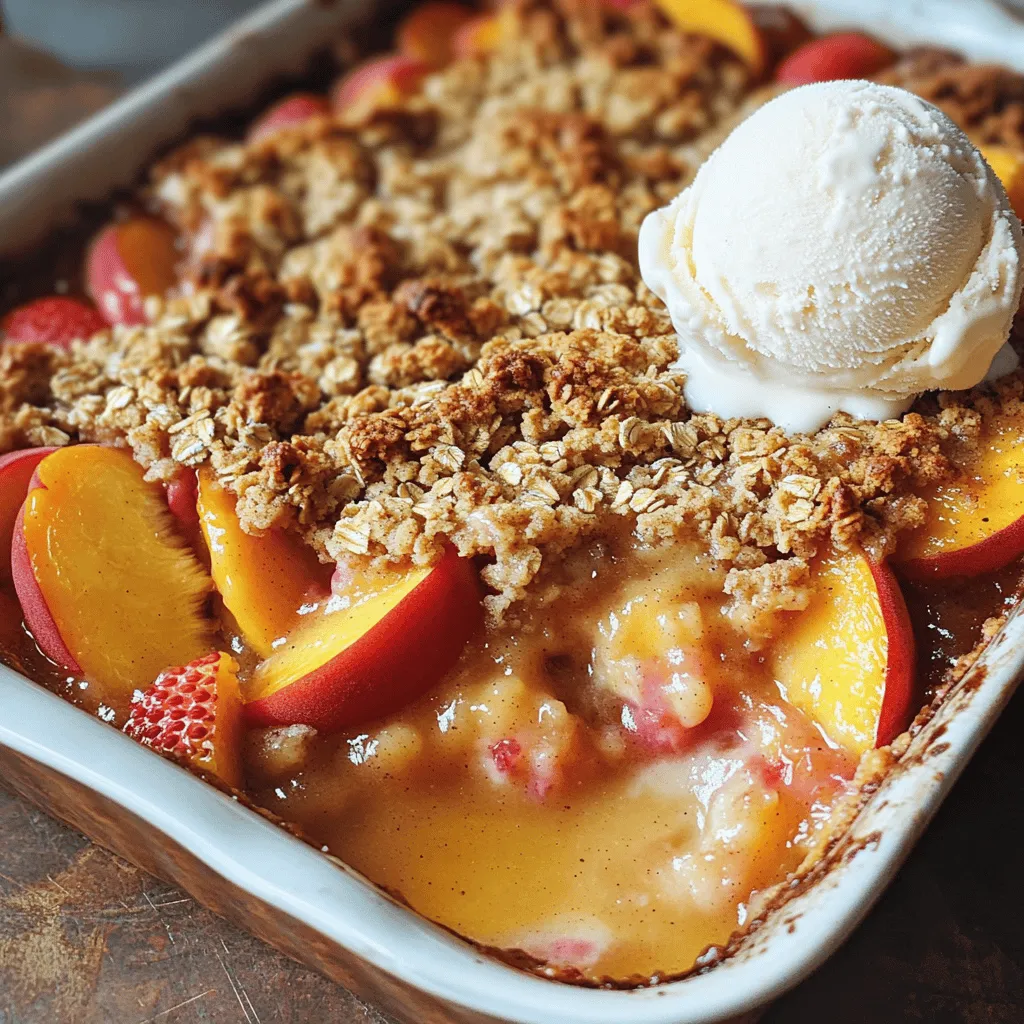 - 4 large ripe peaches, sliced - 2 cups fresh strawberries, hulled and halved - 1 tablespoon lemon juice Fresh fruits are key for this crisp. I love using sweet peaches and juicy strawberries. They blend well together, creating a nice balance of flavors. First, slice your peaches into thin wedges. Make sure they are ripe for the best taste. Next, hull and halve your strawberries. Toss the fruit in a bowl with lemon juice. This adds brightness and helps keep the fruit fresh. - 1 cup rolled oats - 1/2 cup all-purpose flour - 1/3 cup brown sugar, packed - 1 teaspoon cinnamon - 1/4 teaspoon salt - 1/2 cup unsalted butter, melted Now, let's talk about the topping. It gives the crisp its crunchy texture. Start with rolled oats; they add a hearty bite. Mix in the flour to help bind everything. Brown sugar adds sweetness and a deep flavor. A touch of cinnamon gives warmth to the dish. Don’t forget the salt; it enhances all the flavors. Finally, pour over melted butter. This helps create that golden, crispy top. - Vanilla ice cream (for serving) Serving this crisp warm is a must. The best part? A scoop of vanilla ice cream on top. The creaminess of the ice cream pairs perfectly with the warm, fruity filling. You get a mix of hot and cold that is simply delightful. If you want a fun twist, try a flavored ice cream, like peach or strawberry. It adds an extra layer of flavor that elevates the dish. For the full recipe, check out the link above. - Preheat the oven to 350°F (175°C). - In a large bowl, combine the sliced peaches and halved strawberries. Add 1/4 cup of granulated sugar and 1 tablespoon of lemon juice. Gently toss the fruit to coat it well. This step brings out the sweet juices and balances the flavors. Once mixed, transfer the fruit to a greased 9x13 inch baking dish. - In another bowl, mix 1 cup of rolled oats, 1/2 cup of all-purpose flour, 1/3 cup of brown sugar, 1 teaspoon of cinnamon, and 1/4 teaspoon of salt. Stir these dry ingredients well until they are combined. - Pour in 1/2 cup of melted butter. Mix until the topping is crumbly and well combined. This creates a crunchy texture that pairs perfectly with the soft fruit. - Evenly layer the fruit mixture in the baking dish. - Spread the crisp topping over the fruit mixture. Make sure to cover all the fruit for an even bake. - Bake in the preheated oven for 30-35 minutes. You will know it’s done when the top is golden brown and the fruit is bubbling. The smell will fill your kitchen, making it hard to wait! For the full recipe, check out the [Full Recipe]. To make the best Peach & Strawberry Crisp, you need ripe fruits. Look for peaches that are slightly soft when you press them. They should have a sweet scent. For strawberries, choose bright red ones. They should be firm but not hard. Avoid any that look dull or have dark spots. To enhance flavor, add a pinch of cinnamon or nutmeg to your fruit mix. These spices bring out the sweetness. You can also try a bit of ginger for an extra kick. A golden-brown topping makes your dessert look and taste great. To achieve this, use melted butter in your topping mix. It helps the oats brown nicely. Bake until you see a rich golden color. Let your crisp cool for about 10 minutes after baking. This cooling time helps the fruit set. It also makes it easier to serve. If you cut it too soon, it may fall apart. One common mistake is overmixing the topping. Mix just until combined. Overmixing can make it tough instead of crumbly. Another mistake is serving it right out of the oven. Let it cool first. This helps the flavors meld together. It also prevents burns when you take a bite. For the full recipe, follow the steps closely for the best results. {{image_2}} You can switch up the fruits in your crisp. Try using mixed berries like blueberries, blackberries, or raspberries. They add a fun burst of flavor. Apples are also a great choice, especially sweet ones like Honeycrisp or Fuji. Their crunch contrasts well with the soft peaches and strawberries. If you want to explore tropical flavors, consider using mango or pineapple. These fruits bring a sunny taste to your dish. Combining peaches with tropical fruits can make a unique summer treat. If you're looking for a lighter option, consider gluten-free substitutes. You can use almond flour or coconut flour instead of all-purpose flour. This gives your crisp a nutty flavor and works well for those with gluten sensitivities. You can also cut back on sugar. Use just half the amount or swap granulated sugar for honey or maple syrup. This keeps the sweetness while making it a bit healthier. For a vegan version, swap butter for coconut oil or vegan butter. You can replace granulated sugar with coconut sugar or agave syrup. These changes keep the taste but remove animal products. If you're on a low-carb diet, use a sugar substitute like erythritol. You can also skip the oats and use nuts for the topping. This will keep your crisp crunchy while fitting into keto guidelines. You can find the full recipe at the beginning of this article. To store leftovers, let the crisp cool at room temperature. Then, cover it tightly with plastic wrap or foil. You can also place it in an airtight container. Refrigeration is best for short-term storage, while freezing is great for longer periods. If you choose to freeze, use a freezer-safe container. This keeps the flavors fresh and avoids freezer burn. To reheat for freshness, the best method is to use the oven. Preheat your oven to 350°F (175°C). Place the crisp in an oven-safe dish and cover it with foil. Heat for about 15-20 minutes until warm. You can also use the microwave for quick reheating but may lose some crispness. For serving, warm slices with a scoop of vanilla ice cream on top. This adds a lovely creaminess and contrast to the warm fruit. In the fridge, Peach & Strawberry Crisp lasts about 3-5 days. If you freeze it, it can last up to 3 months. Just make sure to wrap it well to keep out air. When ready to eat, thaw it in the fridge overnight before reheating. Enjoy the taste of summer any time! You can tell your crisp is ready when the top is golden brown. Look for bubbling fruit around the edges. The smell will fill your kitchen with sweetness. It usually takes about 30 to 35 minutes in the oven. If you see these signs, your dessert is done! Yes, you can prep this recipe in advance. You can slice the peaches and strawberries a few hours before baking. Just keep them in the fridge to stay fresh. You can also mix the crisp topping ahead of time. Store it in the fridge until you are ready to bake. This way, you save time on busy days! Absolutely! You can use many fruits in this crisp. Try apples for a fall twist. Berries like blueberries and raspberries work well too. For a tropical flavor, add pineapple or mango. Just choose ripe fruits that you enjoy. Each fruit will give a unique taste to your crisp! This blog post covered a delicious peach and strawberry crisp. We detailed fresh ingredients and a simple, step-by-step process. You learned how to prepare the fruit and make a crunchy topping. We shared tips for fruit selection and avoiding common mistakes. Variations and storage tips help you enjoy this dessert for days. Try this recipe to impress friends and family. It’s easy, tasty, and adaptable. Enjoy creating your own unique twist on this dessert!