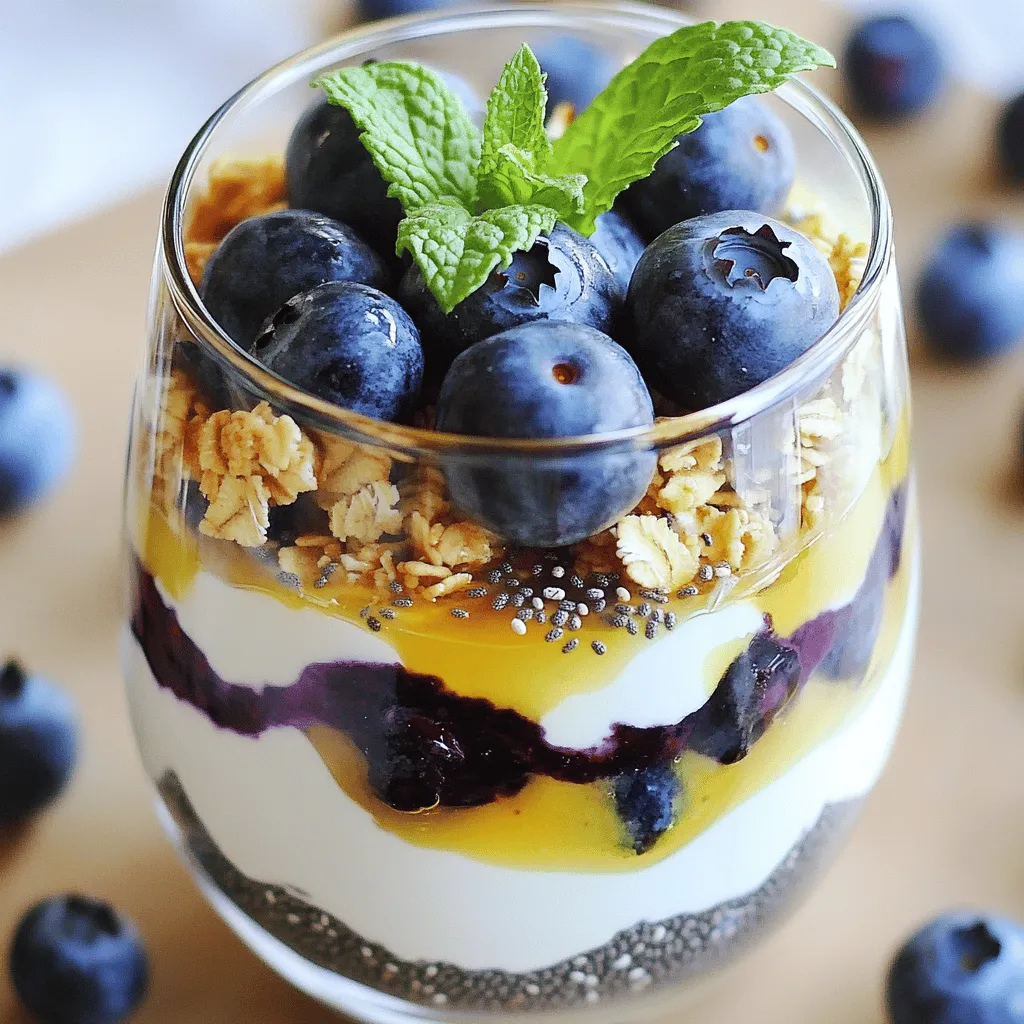 To make the best blueberry yogurt, you need simple, fresh ingredients. Here’s what you’ll need: - 2 cups plain Greek yogurt - 1 cup fresh blueberries - 1 tablespoon honey (or maple syrup for vegan option) - 1/2 teaspoon vanilla extract - 1/2 cup granola (your choice) - 2 tablespoons chia seeds - Fresh mint leaves for garnish These ingredients create a delightful blend of flavors and textures. The Greek yogurt gives a creamy base. Blueberries provide natural sweetness and a burst of flavor. Honey or maple syrup adds a touch of sweetness. Granola gives a nice crunch, while chia seeds add nutrition. You can enhance your yogurt with some fun add-ins. Here are a few ideas: - Try different flavored yogurts for a twist. - Add more sweeteners like agave or stevia. - Mix in nuts or seeds for extra crunch. These options allow you to customize your blueberry yogurt. You can make it your own based on taste or dietary needs. Choosing the right blueberries is key for this recipe. Here’s what to consider: - Fresh blueberries offer the best taste and texture. - Frozen blueberries are also good but may change texture. - Organic blueberries are often more flavorful and safer. - Conventional blueberries are usually cheaper but may have pesticide residues. When picking blueberries, look for ones that are firm and plump. Avoid any that are mushy or have a dull color. Fresh blueberries will make your yogurt taste amazing. To start, gather your ingredients. In a bowl, combine 2 cups of Greek yogurt, 1 tablespoon of honey, and 1/2 teaspoon of vanilla extract. Mix these together until they are smooth. This blend creates a rich and creamy base. To make it even smoother, try softening your yogurt a bit before mixing. For the blueberry layer, take 1 cup of fresh blueberries. Mash half of them in a separate bowl with a fork. You want to break them down just enough to release some juice, but keep some whole. This keeps the layer bright and adds a nice texture. The fresh blueberries also bring great flavor to your parfait. Now it’s time to layer your parfait. Start by adding a spoonful of the yogurt mixture at the bottom of a clear glass. Then, add a layer of your mashed blueberries. Sprinkle in 2 tablespoons of chia seeds and 1/2 cup of granola. Repeat these layers until you run out of ingredients. Finish with yogurt on top. To make it look nice, add whole blueberries, a sprinkle of granola, and a few mint leaves for garnish. This adds color and freshness. Chill your parfait in the fridge for 10-15 minutes before serving. This step enhances the flavors and makes it even more refreshing. To get the best texture for your blueberry yogurt, use plain Greek yogurt. It has a thick and creamy base. If you prefer a lighter yogurt, try regular yogurt instead. Adjust sweetness to match your taste. Start with one tablespoon of honey. You can add more if needed. For a vegan version, use maple syrup. Blueberry yogurt works great for breakfast or a snack. It’s perfect in the morning to kickstart your day. You can also enjoy it after lunch for a quick energy boost. Pair it with nuts or seeds for added crunch. It also tastes great with a slice of toast or as a dip for fruits. To impress your guests, serve your parfait in clear glassware. This showcases the lovely layers of yogurt, blueberries, and granola. You can create a fun, layered look with colorful fruits too. Add a sprig of fresh mint on top for an elegant finish. This simple touch makes your dish more appealing. {{image_2}} You can switch out blueberries for other fruits. Consider using strawberries, raspberries, or blackberries. Seasonal fruits like peaches in summer or apples in fall work great too. Mixing different berries adds a fun twist. Try a blend of blueberries and strawberries for a vibrant flavor. If you want a dairy-free version, you can use coconut yogurt or almond yogurt as a substitute. These options still give you a creamy texture. Look for non-dairy milk like oat milk or almond milk to mix with your yogurt. Both choices keep your parfait tasty and exciting. For a little spice, try adding cinnamon or nutmeg to the yogurt mix. These spices boost the flavor and make it warm and cozy. You can also add protein powders or superfoods like spirulina. This makes your parfait not just tasty but also more nutritious. To keep your blueberry yogurt parfaits fresh, store them in the fridge. Use airtight containers for best results. This will prevent any unwanted odors or flavors from mixing in. Your parfaits will stay tasty for up to three days. If you want them to last longer, keep the layers separate until you are ready to eat. You should serve this parfait cold. It tastes best chilled. If you let it sit at room temperature for too long, the texture may change. The yogurt may become runny and the granola might get soggy. Enjoying it right out of the fridge also keeps the blueberries fresh and vibrant. You can freeze yogurt parfaits, but it’s a bit tricky. The yogurt can separate after thawing. To freeze, layer your parfait in a freezer-safe container. Leave some space at the top to allow for expansion. When you're ready to eat, thaw it in the fridge overnight. This way, it will be cooler and more enjoyable. The best way to layer a yogurt parfait is to start with yogurt. Use a clear glass to show off the colors. Add a spoonful of yogurt, then a layer of fruit. Follow with granola and chia seeds. Repeat the layers until you reach the top. Make sure to balance the flavors. Each layer should complement the others. This mix of creamy yogurt, sweet blueberries, and crunchy granola creates a delightful treat. Yes, you can use frozen blueberries. They work well in yogurt parfaits. However, frozen blueberries can change the texture. They may become mushy when thawed. To thaw them, place the blueberries in the fridge overnight. You can also run them under cold water for a quick thaw. This helps retain some firmness. Try to drain excess water before adding them to your parfait. Blueberry yogurt offers many health benefits. Blueberries are rich in vitamins and antioxidants. They help support your immune system. Yogurt provides probiotics, which promote gut health. Combining these two boosts the nutritional value. This tasty treat is not only delicious but also good for you! Blueberry yogurt can help you feel full and satisfied while nourishing your body. In this post, we explored how to make the best blueberry yogurt parfait. We covered essential ingredients like Greek yogurt and fresh blueberries. You learned tips for mixing and layering the parfait for the best look and taste. Remember, you can customize flavors with different fruits or yogurt types. Keep your parfaits fresh in the fridge or even freeze for later. Enjoy this healthy treat as a snack or breakfast. With these steps, you can create a delicious and nutritious yogurt parfait anytime.