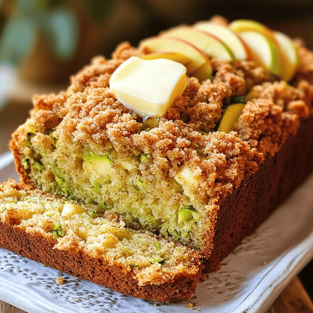 - Zucchini: You need 2 cups of grated zucchini, which is about 2 medium zucchinis. To prepare, wash them well. Grate them using a box grater or food processor. Make sure to drain excess moisture by letting it sit in a colander for a few minutes. This helps keep the bread from getting soggy. - Apple: Use 1 cup of peeled and grated apple. A medium apple will work well. I like using Granny Smith for its tartness, but you can choose any type you enjoy. Grate it just like the zucchini for a nice texture in the bread. - Sugars: You will use 1/2 cup of granulated sugar and 1/2 cup of packed brown sugar. Granulated sugar adds sweetness, while brown sugar brings moisture and a hint of caramel flavor. Both sugars work together to create the perfect balance. - Nuts: You can add 1/2 cup of chopped walnuts or pecans. They add a nice crunch and nutty flavor. If you're not a fan of nuts, feel free to skip them. - Spices: Consider adding more spices like ground ginger or allspice for extra warmth. A little bit goes a long way in enhancing the flavor of your bread. - Flour: Use 1/2 cup of all-purpose flour for the topping. This will create a nice, crumbly texture that contrasts well with the soft bread. - Brown sugar: Use 1/3 cup of brown sugar in the crumb topping. It adds sweetness and a rich flavor that complements the topping perfectly. - Butter: For the crumb topping, you will need 1/4 cup of unsalted butter, melted. If you want a healthier option, try using coconut oil or applesauce instead. These alternatives will still give you a great crumb topping. Now that you have your ingredients ready, check out the Full Recipe to start making your delicious Zucchini Apple Crumb Bread! 1. Preheat your oven to 350°F (175°C). Grease and flour a 9x5-inch loaf pan. This step helps the bread not stick. 2. Grate 2 medium zucchinis and 1 medium apple. Place them in a large bowl. Let them sit for about 10 minutes to drain excess moisture. This keeps the bread from getting soggy. 3. In a separate bowl, mix together the wet ingredients. Combine 1/2 cup granulated sugar, 1/2 cup brown sugar, 1/2 cup vegetable oil, 2 large eggs, and 2 teaspoons vanilla extract. Whisk until they blend well. 4. In another bowl, mix the dry ingredients. Combine 2 cups all-purpose flour, 1 teaspoon baking powder, 1/2 teaspoon baking soda, 1/2 teaspoon salt, 1 teaspoon ground cinnamon, and 1/4 teaspoon ground nutmeg. This adds flavor and helps the bread rise. 5. Gradually add the dry mixture to the wet mixture. Stir until just combined. Then, fold in the drained zucchini and apple mixture. If you like, add 1/2 cup chopped walnuts or pecans for some crunch. 6. Pour the batter into the prepared loaf pan. Smooth the top with a spatula. 7. For the crumb topping, mix 1/2 cup flour, 1/3 cup brown sugar, 1/4 cup melted butter, and 1/2 teaspoon cinnamon in a small bowl. Sprinkle this mixture on top of the batter. 8. Bake in the preheated oven for 50-60 minutes. Check doneness by inserting a toothpick into the center. If it comes out clean, it is ready. 9. Let the bread cool in the pan for about 10-15 minutes. Then, transfer it to a wire rack to cool completely. Feel free to explore the [Full Recipe] for more tips and ideas! - Checking doneness with a toothpick: Insert a toothpick into the center of the bread. If it comes out clean, your bread is done. If not, bake it a bit longer. This simple test helps you avoid undercooked bread. - Adjusting bake time for different ovens: Oven temperatures can vary. Some run hot, while others run cool. Start checking your bread after 50 minutes. If it's not done, add time in 5-minute increments. This way, you can find the perfect bake for your oven. - Best ways to serve or enjoy the bread: Slice the bread warm. A pat of butter on top makes it even better. You can also sprinkle some cinnamon or add thin apple slices for a nice touch. - Pairing ideas with beverages: This bread pairs well with tea or coffee. A glass of cold milk is great too. Choose your favorite drink for a cozy treat. - Overmixing the batter: Mix just enough to combine the ingredients. Overmixing can make the bread tough. Gentle mixing ensures a soft texture. - Not draining excess moisture from zucchini: Zucchini holds a lot of water. Make sure to drain it well before adding it to the batter. This keeps your bread from being soggy. {{image_2}} You can change the flavor of your bread easily. Adding chocolate chips gives it a sweet touch. Use about 1 cup of chocolate chips for a rich taste. You can also add dried fruit, like raisins or cranberries. Just one cup of dried fruit will brighten the flavors. Switching up the type of apple can also change the taste. Tart apples like Granny Smith add a nice zing. Sweet apples like Fuji will make your bread softer. Try different apples to find your favorite! If you want a healthier option, use honey or maple syrup. Replace the granulated sugar with 1/2 cup of honey or maple syrup. You may need to reduce the liquid in the recipe a bit. Make sure to adjust the amount so it still tastes sweet. When using alternative sweeteners, adjust the measurements. For example, if you use stevia, check the package for the right amount. Some sweeteners are much stronger than sugar, so use less. If you need a gluten-free version, substitute the flours. Use a gluten-free all-purpose flour mix. These blends usually work well in quick breads. Look for ones that have xanthan gum; it helps with texture. You can also use almond flour or coconut flour for a different taste. If you use coconut flour, reduce the amount by half. Coconut flour absorbs more moisture, so add extra eggs or liquid to keep it moist. To store your zucchini apple crumb bread at room temperature, place it in an airtight container. This keeps the bread fresh for a few days. If you don't have a container, wrap the bread in plastic wrap. Make sure it is sealed tight to block air. For long-term storage, freezing is a great option. Slice the bread first, then wrap each slice in plastic wrap. Place the wrapped slices in a freezer bag. Squeeze out as much air as you can before sealing. This method helps keep the bread moist and tasty. To thaw, simply take a slice out and let it sit at room temperature for about 30 minutes. You can also use a microwave for quick thawing. Just heat it for 15-20 seconds. In the fridge, your zucchini apple crumb bread lasts about one week. You can tell if it’s spoiled if you see mold or if it smells off. A dry texture may mean it’s past its prime, so always check before enjoying your slice. To make Zucchini Apple Crumb Bread healthier, you can reduce the sugar. Try using 1/4 cup of granulated sugar instead of 1/2 cup. You can also swap in honey or maple syrup for sweetness. For healthy fats, use applesauce in place of vegetable oil. Replace half the flour with whole wheat flour for added fiber. Yes, you can make this recipe vegan! Use flax eggs instead of regular eggs. To make a flax egg, mix 1 tablespoon of ground flaxseed with 2.5 tablespoons of water. For butter, use coconut oil or vegan butter. This keeps the bread rich and moist while staying plant-based. If your bread turns out dry, check your baking time. Baking too long can dry it out. To add moisture, you can brush the top with melted butter or a simple syrup. You can also store the bread in an airtight container to keep it moist. Adding extra grated zucchini can help too. Absolutely! You can double the recipe easily. Just mix all ingredients in a larger bowl. Use two loaf pans or bake one large loaf. If you bake a larger loaf, check for doneness by using a toothpick in the center. Baking time may be longer, so keep an eye on it. You can find the full recipe for the original version above. This blog post covered how to make a delicious zucchini apple bread. We explored key ingredients like zucchini, apples, and sugars, plus optional add-ins like nuts and spices. I shared step-by-step instructions, baking tips, and common mistakes to avoid. You can try different flavors or sugar alternatives for fun twists. Lastly, I detailed storage tips to keep your bread fresh. Now, you have the tools to create a tasty treat. Enjoy baking!