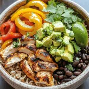 To create a tasty chicken fajita burrito bowl, you need some key ingredients. Here’s a simple list: - 2 boneless, skinless chicken breasts, sliced - 1 tablespoon olive oil - 1 teaspoon chili powder - 1 teaspoon cumin - 1 teaspoon smoked paprika - 1 bell pepper (red or green), sliced - 1 medium onion, sliced - 1 cup cooked brown rice - 1 cup black beans (canned, drained and rinsed) - 1 cup corn (fresh, frozen, or canned) - 1 avocado, diced - ½ cup fresh cilantro, chopped - Juice of 1 lime - Salt and pepper to taste These ingredients work together to make a flavorful and filling meal. The chicken provides protein, while the veggies add color and crunch. You can make your bowl even better with some optional ingredients. Here are a few suggestions: - Salsa - Shredded cheese - Sour cream These toppings add extra flavor and texture. You can mix and match to suit your taste. This chicken fajita burrito bowl is not only delicious but also nutritious. Here is the breakdown: - Calories per serving: About 500 calories - Macronutrient breakdown: - Protein: 35g - Carbohydrates: 70g - Fat: 15g This meal is balanced and gives you energy for your day. Enjoy making your chicken fajita burrito bowl with these ingredients and tips. For the full recipe, check out the details above. Marinating the chicken Start by cutting the chicken breasts into thin slices. In a mixing bowl, combine the chicken with olive oil, chili powder, cumin, smoked paprika, salt, and pepper. Stir well to coat each piece. Set aside. Let the chicken marinate for at least 15 minutes. This adds flavor and helps keep it juicy. Preparing the vegetables Slice one bell pepper and one medium onion. Aim for thin slices to help them cook faster. Set these aside for later. You can use red or green bell pepper based on your taste. Each adds a different color and flavor to your bowl. Cooking the chicken Heat a large skillet over medium-high heat. Once hot, add your marinated chicken. Cook for about 5-7 minutes. Stir occasionally until the chicken is fully cooked and has nice char marks. This step locks in the flavor and adds texture. Remove the chicken from the skillet and place it on a plate. Sautéing the vegetables In the same skillet, add the sliced bell pepper and onion. Sauté for about 3-5 minutes. You want them tender and slightly caramelized. This brings out their natural sweetness and adds depth to your dish. Layering ingredients In serving bowls, start with a base of cooked brown rice. Follow with a generous helping of black beans and corn. The rice provides a good foundation, and the beans add protein. Adding toppings Next, add the sautéed chicken and the cooked vegetables on top. Finish your bowl with diced avocado, fresh cilantro, and a squeeze of lime juice. Feel free to customize with optional toppings like salsa, shredded cheese, or sour cream. These add extra flavor and creaminess. This recipe gives you a tasty Chicken Fajita Burrito Bowl that is easy to make. For the full recipe, check the details above. To cook chicken well, start with even slices. This helps the chicken cook evenly. I like to marinate the chicken for at least 30 minutes. This allows the flavors to soak in. Use olive oil, chili powder, cumin, and smoked paprika for great taste. Cook the chicken on medium-high heat. This gives a nice sear and keeps it juicy. Stir the chicken often to avoid burning. Cook it until it reaches 165°F (75°C). This ensures it’s safe to eat. When slicing vegetables, aim for uniform pieces. This helps them cook at the same rate. Slice bell peppers and onions thinly for the best results. A sharp knife makes the task easier and safer. Sauté the veggies in the same skillet after the chicken. This adds flavor from the chicken bits left behind. Cook them until soft and slightly caramelized. This brings out their natural sweetness. For a well-rounded meal, serve your burrito bowl with sides. Fresh salsa or a simple salad pairs nicely. You can also add tortilla chips for crunch. When serving, watch portion sizes. A good mix is one cup of rice, half a cup of beans, and a generous helping of chicken and veggies. Enjoy your meal with family or friends for a fun experience. Feel free to check out the Full Recipe to get all the details on making this bowl! {{image_2}} You can easily make this dish your own. If you want a vegetarian option, just skip the chicken. Use sautéed mushrooms or grilled zucchini instead. You can also add extra beans or tofu for protein. For different protein choices, think about shrimp, beef, or even pork. Each brings its flavor. You can also use rotisserie chicken for a quick meal. To give your bowl a spicy twist, add diced jalapeños or a splash of hot sauce. You can also mix in chipotle powder for a smoky kick. If you want something milder, try adding sweet paprika instead. For alternative seasoning blends, consider taco seasoning or Cajun spices. These can change the whole flavor profile. Experiment with what you love! If you have common allergens, there are swaps you can make. For example, use quinoa instead of rice for a gluten-free option. If you're allergic to beans, try using lentils or chickpeas. If you want to use whole grain rice, opt for brown rice or farro. These grains add flavor and nutrition. They give your bowl a nice texture as well. To keep your Chicken Fajita Burrito Bowl fresh, store leftovers properly. Place the bowl in an airtight container. This helps keep out air and moisture. You can store it in the fridge for up to three days. If you want to save it longer, you can freeze it. For freezing, ensure the bowl is well-sealed. Use freezer-safe containers or bags. Frozen leftovers can last up to three months. When it's time to enjoy your leftovers, choose your reheating method. You can use the microwave or stovetop. The microwave is quick and easy. Just heat the bowl for one to two minutes. Stir halfway to heat evenly. The stovetop method keeps the texture nice. Heat a skillet over medium heat. Add a splash of water or broth to help steam the ingredients. Heat for about five minutes, stirring often. This method helps keep the flavors bright. Perishable ingredients in your bowl have different shelf lives. Cooked chicken lasts about three to four days in the fridge. Fresh vegetables, like peppers and onions, should be used within a week. Black beans and corn, if canned, can last longer but check the date. Watch for signs of spoilage. If the chicken smells off or the veggies look slimy, it’s best to toss them. Keeping an eye on your food helps ensure safety and flavor. Yes, you can. Meal prepping saves time. Cook the chicken and veggies in advance. Store them in separate containers. Keep the rice, beans, and toppings ready too. When it's time to eat, just assemble your bowl. This will keep your meal fresh and tasty. For best results, eat within three days. If you want a change, try quinoa or cauliflower rice. Quinoa gives a nutty taste and adds protein. Cauliflower rice is low in carbs. You can also use couscous or barley for different textures. All these options work well with the flavors in the bowl. To add heat, mix in jalapeños or hot sauce. You can also use cayenne pepper or chipotle powder. These will boost the spice level nicely. For a fresh kick, try adding diced fresh chili peppers. Adjust the spice to your taste for a perfect meal. Leftover chicken and veggies can be used in many ways. You can make fajitas with tortillas. Toss them in a salad for a healthy twist. Use them in omelets for breakfast. Be creative! Leftover beans or rice can also be added to soups or wraps. The options are endless! In this blog post, we explored the essential ingredients for a Chicken Fajita Burrito Bowl, including cooking tips and variations. You learned how to prepare and assemble your meal while also considering nutrition and storage. This dish is simple yet flexible, allowing you to customize it as you like. With a few new skills, you can impress family and friends with delicious flavors. Enjoy creating your perfect bowl today!