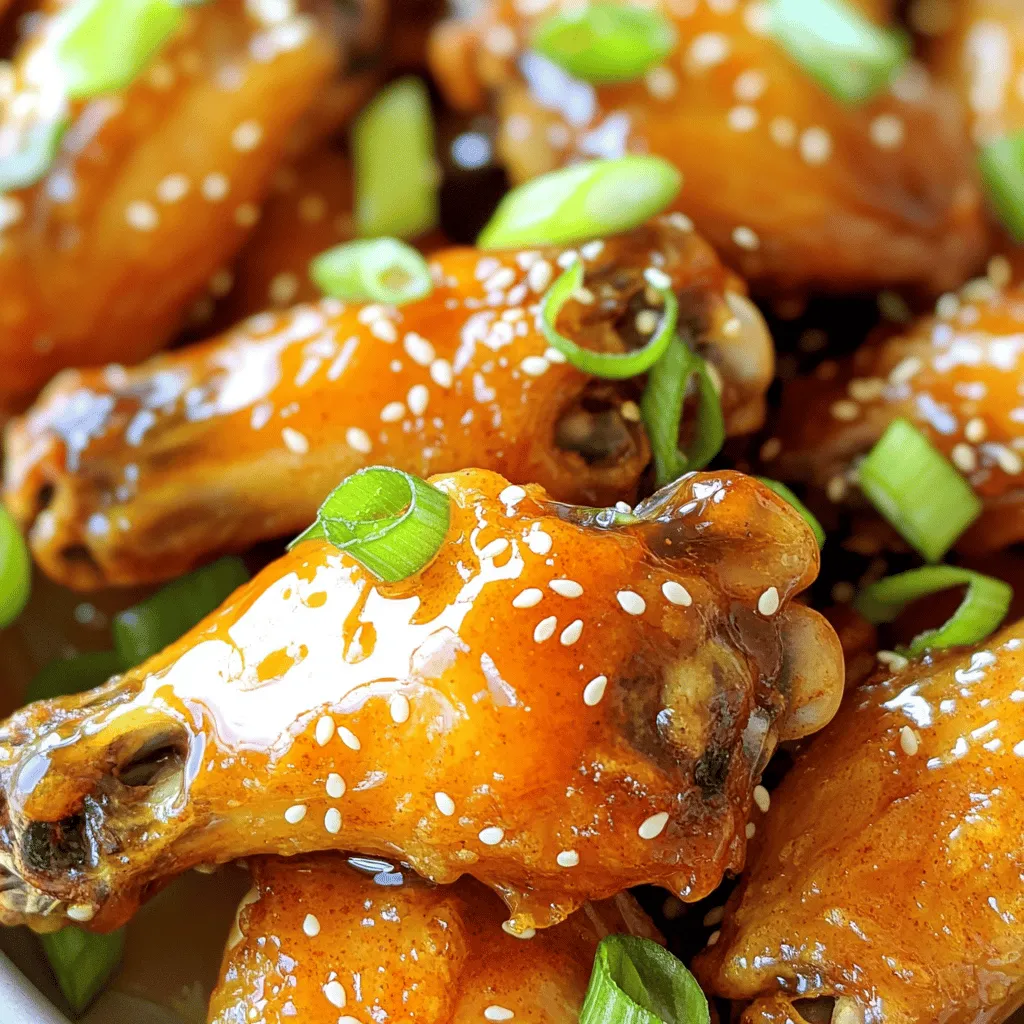 - 2 pounds chicken wings - 1 tablespoon baking powder - Spice mix: - 1 teaspoon salt - 1 teaspoon black pepper - 1 teaspoon garlic powder - 1 teaspoon onion powder - 1 teaspoon smoked paprika - Optional ingredients: - 1 teaspoon cayenne pepper for heat - 1 cup honey - 1/4 cup soy sauce - 2 tablespoons apple cider vinegar - 1 tablespoon fresh ginger, grated - 1 tablespoon sesame oil - Garnishes: - 1 green onion, sliced - Sesame seeds The key to great chicken wings is in the ingredients. First, you need fresh chicken wings. I love using two pounds for a good batch that serves 4 to 6 people. The baking powder helps make the skin crispy. For the spice mix, I use salt, black pepper, garlic powder, onion powder, and smoked paprika. Each spice adds a layer of flavor. If you want a kick, add cayenne pepper. Now, let’s talk about the glaze. This glaze makes the wings sticky and sweet. Start with one cup of honey. The soy sauce adds saltiness. Apple cider vinegar gives it a nice tang. Grated ginger and sesame oil round out the flavor. Don’t forget garnishes! Sliced green onion and sesame seeds add a nice touch. These simple ingredients make your wings shine. For the full recipe, check out the details above. - Preheat your oven to 400°F (200°C). - Line a baking sheet with aluminum foil. - Place a wire rack on top of the baking sheet. - In a large bowl, mix together: - 1 tablespoon baking powder - 1 teaspoon salt - 1 teaspoon black pepper - 1 teaspoon garlic powder - 1 teaspoon onion powder - 1 teaspoon smoked paprika - 1 teaspoon cayenne pepper (optional) - Pat the chicken wings dry with paper towels. This helps them get crispy. - Toss the chicken wings in the spice mixture. Make sure they are well coated. - Arrange the wings in a single layer on the wire rack. - Bake the wings in the oven for 40-45 minutes. Flip them halfway through cooking for even crispiness. - While the wings cook, prepare the glaze. In a small saucepan, combine: - 1 cup honey - 1/4 cup soy sauce - 2 tablespoons apple cider vinegar - 1 tablespoon fresh ginger, grated - 1 tablespoon sesame oil - Heat the glaze over medium heat. Bring it to a gentle simmer and cook for about 5-7 minutes until it thickens. - Once the wings are golden brown, remove them from the oven. - Toss the baked wings in the honey glaze until they are well-coated. - Return them to the oven and bake for an additional 5-7 minutes. This sets the glaze and caramelizes it. - Finally, remove from the oven and garnish with sliced green onion and sesame seeds. Serve and enjoy! This recipe is the key to making the best chicken wings ever. You can find the full recipe above for more details. To get crispy chicken wings, start by drying them well. Patting them dry removes moisture. This step helps the skin crisp up nicely. Next, set your oven to 400°F (200°C). This heat is key for crispiness. Bake the wings for 40-45 minutes. Flip them halfway to ensure they cook evenly. You can add a twist to your wings by trying new spice mixes. A blend of paprika, garlic, and onion powder works well. You might also try adding herbs like thyme or oregano for something fresh. For the glaze, you can mix honey with different sauces. Try adding sriracha for heat or mustard for tang. This gives your wings a new taste each time. Baking is often better than frying for chicken wings. Baking reduces fat and makes cleanup easy. Frying can give a different crisp but adds oil. If you do fry, keep the oil hot for the best results. Use a meat thermometer to check for doneness. Wings should reach an internal temperature of 165°F (75°C). This ensures they are safe to eat. {{image_2}} You can cook chicken wings in many ways. Each method gives a unique taste. - Air fryer method for chicken wings: This method makes wings crispy with less oil. Preheat the air fryer to 400°F (200°C). Place the seasoned wings in the basket in a single layer. Cook for 25-30 minutes, flipping halfway for even cooking. This method is quick and easy. - Grilling chicken wings for smoky flavor: Grilling adds a nice smoky taste. Heat your grill to medium-high. Place the wings on the grill, turning them often for about 20-25 minutes. Use a meat thermometer to check for doneness. The wings should reach 165°F (74°C). There are many ways to spice up your wings. Try these fun flavor ideas. - Spicy buffalo-style chicken wings: For a classic taste, toss the baked wings in a mix of hot sauce and melted butter. Adjust the spice level to your liking. - Asian-inspired soy and ginger wings: Mix soy sauce, honey, and grated ginger for a sweet and savory glaze. Toss the cooked wings in this mix for an exciting twist. The right sauce or dip can elevate your wings. Here are some great options. - Best sauces to pair with chicken wings: Classic choices include buffalo sauce, barbecue sauce, and garlic parmesan sauce. Each adds a unique kick to your wings. - Recommended dips for chicken wings: Ranch dressing and blue cheese dip are popular. They cool down spicy wings nicely. You can also try a sweet chili sauce for a different flavor. Feel free to explore these variations to find your perfect wing experience! For a detailed recipe, check out the Full Recipe. To keep your chicken wings fresh, store them in the fridge. Place them in an airtight container right after they cool. This helps prevent moisture loss and keeps them tasty for later. You can enjoy leftover wings within three days. If you want to heat them again, do it in the oven or air fryer. This keeps them crispy. If you want to save wings for a longer time, freezing is a great option. First, let the wings cool completely. Then, place them in a single layer on a baking sheet. Freeze them for about two hours until they are solid. Once frozen, transfer the wings to a freezer-safe bag. Be sure to press out all the air. They will stay good for up to three months. When you are ready to eat, take them out and reheat. For the best results, bake them at 400°F (200°C) for 20-25 minutes. This will ensure they are hot and crispy again. Enjoy your Best Chicken Wings Ever! For the full recipe, check out the main article. Bake the chicken wings for 40 to 45 minutes at 400°F (200°C). This gives them a nice golden color and crispy texture. Flip them halfway for even cooking. Use a wire rack to let air circulate around the wings. This helps them crisp up nicely. Yes, you can prep chicken wings ahead of time. Season them and store them in the fridge for up to a day. This allows flavors to soak in. When you're ready, bake them as directed. You can also cook them fully, then reheat later. Just add a few extra minutes in the oven. Popular dipping sauces include ranch, blue cheese, and BBQ sauce. You can also try buffalo sauce for extra spice. Honey mustard is a sweet option. Each sauce brings a new taste. Feel free to mix and match for fun flavor combos. To ensure wings are crispy, dry them well before seasoning. Moisture leads to soggy wings. Use baking powder in your spice mix. It helps them get that perfect crunch. Bake at a high temperature and use a wire rack. This keeps the wings elevated, allowing heat to circulate. To add heat, use cayenne pepper in your spice mix. You can also toss the wings in a spicy sauce after baking. If you like it really hot, add more cayenne or hot sauce to the glaze. Adjust to your taste for the perfect kick. For the full recipe, check out Best Chicken Wings Ever. To make great chicken wings, you need quality ingredients and smart cooking. We covered essential spices, a tasty glaze, and methods for cooking. Follow the steps for crispy, flavorful wings every time. Remember to experiment with flavors and enjoy different cooking methods. Store your leftovers properly to keep them fresh. With these tips, you'll impress your friends and family. Enjoy making these wings and share your new skills!