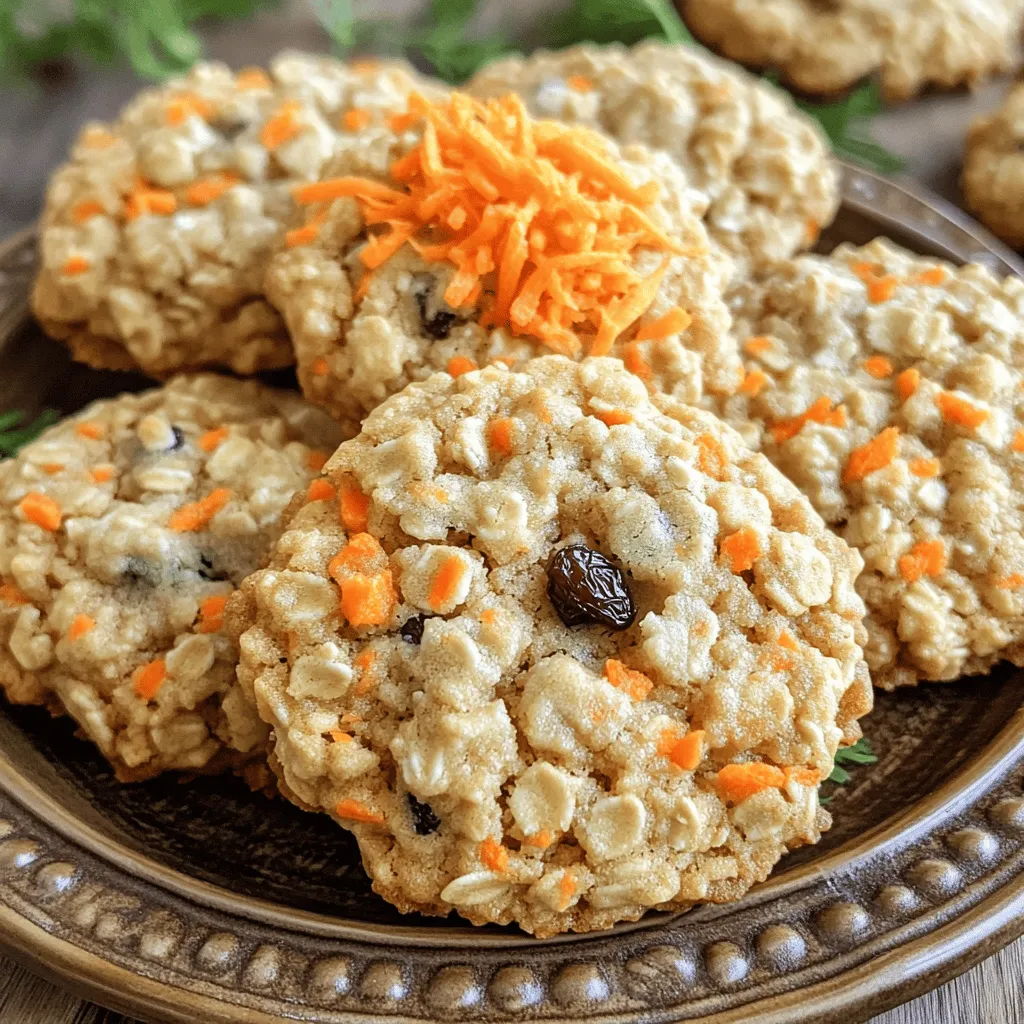 To make these cookies, you need a few key items. Here’s what you will need: - 1 cup rolled oats - 1 cup whole wheat flour - 1 teaspoon baking powder - 1 teaspoon baking soda - 1 teaspoon ground cinnamon - 1/2 teaspoon ground nutmeg - 1/4 teaspoon salt - 1/2 cup brown sugar, packed - 1/4 cup granulated sugar - 1/2 cup unsweetened applesauce - 1/4 cup vegetable oil - 2 large eggs - 1 teaspoon vanilla extract - 1 cup finely grated carrots (about 2 medium carrots) These ingredients create a chewy and flavorful cookie that everyone will love. You can make these cookies even more special by adding some optional ingredients. Here are a few ideas: - 1/2 cup raisins - 1/2 cup chopped walnuts Adding raisins gives a sweet touch, while walnuts add crunch. Feel free to mix and match to find your favorite flavor. When selecting carrots, look for firm ones that are bright orange. Avoid carrots that feel soft or have dark spots. For oats, choose rolled oats over instant oats. Rolled oats hold their shape better in cookies. Store your oats in a cool, dry place for freshness. Using fresh ingredients makes a big difference in the taste of your cookies. Enjoy the process and have fun baking! You can find the full recipe [here](#). Start by preheating your oven to 350°F (175°C). This ensures even baking. While the oven heats up, line two baking sheets with parchment paper. This makes cleanup easy and helps the cookies bake evenly. In a medium bowl, mix the dry ingredients. Combine 1 cup of rolled oats, 1 cup of whole wheat flour, 1 teaspoon of baking powder, 1 teaspoon of baking soda, 1 teaspoon of ground cinnamon, 1/2 teaspoon of ground nutmeg, and 1/4 teaspoon of salt. Whisk them together well. This step adds flavor and structure to your cookies. In a large mixing bowl, combine the wet ingredients. Add 1/2 cup of packed brown sugar, 1/4 cup of granulated sugar, 1/2 cup of unsweetened applesauce, 1/4 cup of vegetable oil, 2 large eggs, and 1 teaspoon of vanilla extract. Whisk until smooth and creamy. This mixture keeps your cookies moist and delicious. Gradually add the dry ingredients to your wet mixture. Stir gently until just combined. It's key not to overmix. Next, fold in 1 cup of finely grated carrots, which adds natural sweetness and moisture. If you like, mix in 1/2 cup of raisins or chopped walnuts for extra flavor and crunch. Using a tablespoon, drop portions of the dough onto the prepared baking sheets. Space them about 2 inches apart. Bake for 12-15 minutes, or until the edges turn lightly golden. The cookies should look set. Allow them to cool on the sheets for 5 minutes before moving them to a wire rack. Enjoy these tasty treats! For the full recipe, check out the link. You can swap some ingredients for healthier choices. Use almond flour instead of whole wheat flour. This change adds a nutty flavor and reduces carbs. You can also replace brown sugar with honey or maple syrup. This gives a natural sweetness. If you want to cut fat, use Greek yogurt in place of vegetable oil. It keeps the cookies moist and adds protein. Mixing dough too much makes cookies tough. To avoid this, add dry ingredients slowly to the wet mix. Stir gently until just combined. It’s okay if some flour shows. This helps keep your cookies soft and chewy. Use a spatula to fold in the carrots and any mix-ins carefully. Store cookies in an airtight container. This keeps them soft and fresh. If you want to keep them longer, add a slice of bread to the container. The bread helps absorb extra moisture. You can store them at room temperature for up to five days. For longer storage, freeze the cookies. Just place them in a freezer bag. They can last up to three months. For the best taste, thaw them at room temperature before enjoying. For the complete recipe, check out the [Full Recipe]. {{image_2}} You can make these cookies gluten-free. Simply swap the whole wheat flour for a gluten-free blend. Look for a mix that contains a binding agent, like xanthan gum. This will help your cookies hold together well. You can also use almond flour for a nutty flavor. Just remember to check all your labels to avoid gluten. Want to change the flavor? Try adding different spices. A dash of ginger or cloves can give your cookies a warm kick. You can also use vanilla or almond extract for a sweet twist. Experiment with these flavors to find what you love best. Just a little can make a big difference! Feel free to get creative with mix-ins! You can add chocolate chips for a sweet surprise or chopped nuts for crunch. Dried fruit, like cranberries or apricots, can also work well. Think about what you enjoy most and mix it into the dough. Remember, the fun of baking is making it your own! For the full recipe, check out the section above. To keep your Easy Oatmeal Carrot Cake Cookies fresh, store them in an airtight container. This prevents air from getting in and making them dry. You can use a plastic container or a glass jar with a tight lid. Line the bottom with parchment paper for extra protection. Place wax paper between layers if you stack them. This keeps the cookies from sticking together. These cookies stay fresh for about one week at room temperature. If you store them in the fridge, they can last up to two weeks. Just remember to keep them in an airtight container. If they start to feel hard, they may be past their prime. For the best taste, enjoy them within the first few days. If you want to save some for later, freezing is a great option. To freeze, let the cookies cool completely. Then, place them in a single layer on a baking sheet. Freeze them for about one hour. Once frozen, transfer the cookies to a resealable freezer bag. They can last for up to three months in the freezer. When ready to eat, just thaw them at room temperature. You can even pop them in the microwave for a few seconds to warm them up. Check out the Full Recipe for more tips and tricks! Yes, you can use quick oats. They will make the cookies softer. The texture may change, but they will still taste good. Rolled oats provide a chewier bite. I prefer rolled oats for a heartier feel. Grate the carrots finely using a box grater. This method ensures the carrots mix well in the dough. Avoid large pieces, as they can change the cookie’s texture. You want the carrots to blend in nicely. Yes, you can make the dough ahead. Just cover it and store it in the fridge. It stays fresh for up to two days. When you're ready to bake, scoop and drop onto the baking sheets. These cookies have some healthy ingredients. They use oats, whole wheat flour, and carrots. Oats provide fiber, while carrots add vitamins. The sugars are balanced with applesauce, which keeps them moist. Enjoy them as a treat, but keep portion sizes in mind. Look for lightly golden edges and a set center. The cookies should not be too soft in the middle. Bake them for 12 to 15 minutes. Let them cool slightly before moving them to a rack. This way, they firm up nicely. Want the full recipe? Check out the [Full Recipe]. You learned about making easy oatmeal carrot cake cookies. We discussed key ingredients, like fresh carrots and oats. You also found tips for mixing the dough well and achieving a great texture. Variations let you customize flavors, and storage tips help keep cookies fresh. If you try this recipe, you will enjoy tasty cookies. Experiment with different ingredients to make it your own. Happy baking!