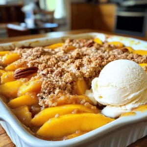 - 4 cups ripe peaches, peeled and sliced - 1/2 cup granulated sugar - 1 tablespoon lemon juice - 1 teaspoon cinnamon Peaches are the star of this dish. Choose ripe ones for the best flavor. They should feel soft yet firm. The granulated sugar adds sweetness. Lemon juice brightens the flavor. Cinnamon gives a warm spice that pairs well with peaches. - 1 cup rolled oats - 1/2 cup all-purpose flour - 1/2 cup brown sugar, packed - 1/2 cup cold unsalted butter, cubed - 1/4 teaspoon salt - 1/4 cup chopped pecans (optional) For the topping, rolled oats create a chewy texture. All-purpose flour binds the ingredients. Brown sugar makes it sweet and caramel-like. Cold butter adds flakiness. Salt balances the sweetness. Pecans offer a nice crunch but are optional. - Vanilla ice cream - Additional cinnamon for garnishing Serve your peach crisp warm. A scoop of vanilla ice cream on top is heavenly. A sprinkle of cinnamon adds extra flavor. These options enhance your dessert and make it extra special. For the full recipe, follow the steps carefully to enjoy every bite! - Preheat your oven to 350°F (175°C). - Grease a 9x13 inch baking dish. - Combine sliced peaches, granulated sugar, lemon juice, and cinnamon. - Toss the mixture well and spread it evenly into the greased dish. - In a separate bowl, mix oats, flour, brown sugar, and salt. - Cut in cold butter and blend until it looks like coarse crumbs. - If you like, stir in the chopped pecans for extra crunch. - Evenly sprinkle the topping over the peach filling. - Bake for 35-40 minutes until golden brown and bubbly. This peach crisp is quick and easy. You can find the full recipe above to guide you through. Enjoy the warm, sweet, and crunchy flavors of this delightful dish! To get the best flavor, choose ripe peaches. Look for peaches that feel slightly soft when you press them. Their color should be vibrant and golden, with a sweet smell. If you can’t find fresh peaches, frozen peaches work well too. Just thaw them before using and drain any excess juice. A golden brown topping makes your peach crisp look and taste great. To achieve this, mix the butter into the dry ingredients well. This helps create a crumbly texture. Avoid soggy textures by not overcooking the peach filling. Bake until the topping is golden brown and the peaches bubble around the edges. Serve peach crisp warm right out of the oven. It's great to pair with vanilla ice cream. The cold ice cream melts slightly, mixing with the warm filling. You can also try it with caramel or cinnamon ice cream for a fun twist. Don't forget to sprinkle some extra cinnamon on top for an added kick. For the full recipe, check out Peachy Dream Crisp. {{image_2}} To make this peach crisp gluten-free, simply switch the all-purpose flour for gluten-free flour. Many brands work well in baking. The crisp will still taste great! Just make sure to check the labels for cross-contamination. This way, everyone can enjoy a tasty dessert. You can add fun flavors by mixing in other fruits. Try adding berries like blueberries or raspberries. Apples add a nice crunch too. A mix of fruits keeps things interesting and adds more color. Feel free to experiment with your favorite fruits. To boost the flavor, play with spices like nutmeg or ginger. These spices make the crisp warm and inviting. You can also add more sweetness using honey or maple syrup. Both options add a twist to the classic recipe. Just drizzle them into the peach mixture or the topping for a new taste. This way, you create a peach crisp that is truly your own. To store peach crisp in the refrigerator, let it cool completely first. Once cooled, cover it with plastic wrap or aluminum foil. You can also use an airtight container. This keeps the crisp fresh for about three to four days. When you want to eat it again, the taste will still be great! If you want to save peach crisp for later, freezing is a good option. First, let the crisp cool completely. Then, cut it into portions. Wrap each piece tightly in plastic wrap. Place the wrapped pieces in a freezer-safe bag or container. This way, you can enjoy peach crisp for up to three months. To reheat peach crisp, use the oven for the best results. Preheat your oven to 350°F (175°C). Place the crisp in an oven-safe dish. Cover it with foil to prevent it from drying out. Heat for about 15 to 20 minutes. If you want a crispy top, remove the foil for the last 5 minutes. Your peach crisp will be warm and tasty again! For more details, check the Full Recipe. Yes, you can use canned peaches. They save time and are easy to use. However, canned peaches often have added sugar and syrup. This can make your crisp too sweet. Drain the peaches well before using them. Fresh peaches offer better flavor and texture. I recommend using fresh peaches when they are in season for the best taste. To adjust sweetness, you can change the sugar amount. If you want less sugar, use half the amount. You can also use natural sweeteners like honey or maple syrup instead. If you prefer it sweeter, add more granulated sugar or brown sugar. Taste the peach mixture before baking to find your perfect balance. You can prepare the filling ahead of time. Mix the peaches, sugar, lemon juice, and cinnamon. Store it in the fridge for up to one day. You can also make the topping in advance. Just keep it in a sealed container. When you're ready to bake, combine them and pop it in the oven. That way, you save time on busy days. You can try different toppings for your crisp. Instead of oats, use crushed cookies or nuts. Almonds, walnuts, or granola can add crunch. You can also mix in spices like nutmeg or ginger. These add a unique flavor. Be creative, and use what you have at home! The main difference is in the toppings. A crumble has a topping made of flour and butter, often with no oats. A crisp, like this peach version, includes oats for more texture. Both are delicious, but they have different crunch levels. You can enjoy both styles depending on your mood! In this post, I shared how to make a delicious peach crisp. We covered key ingredients, easy steps, and helpful tips for the best results. Consider using ripe peaches and mixing in your favorite fruits. Also, explore gluten-free or alternative toppings to suit your taste. Remember, peach crisp is versatile, and you can customize it easily. Serve it warm with ice cream for a treat. Enjoy your baking, and don't be afraid to experiment!