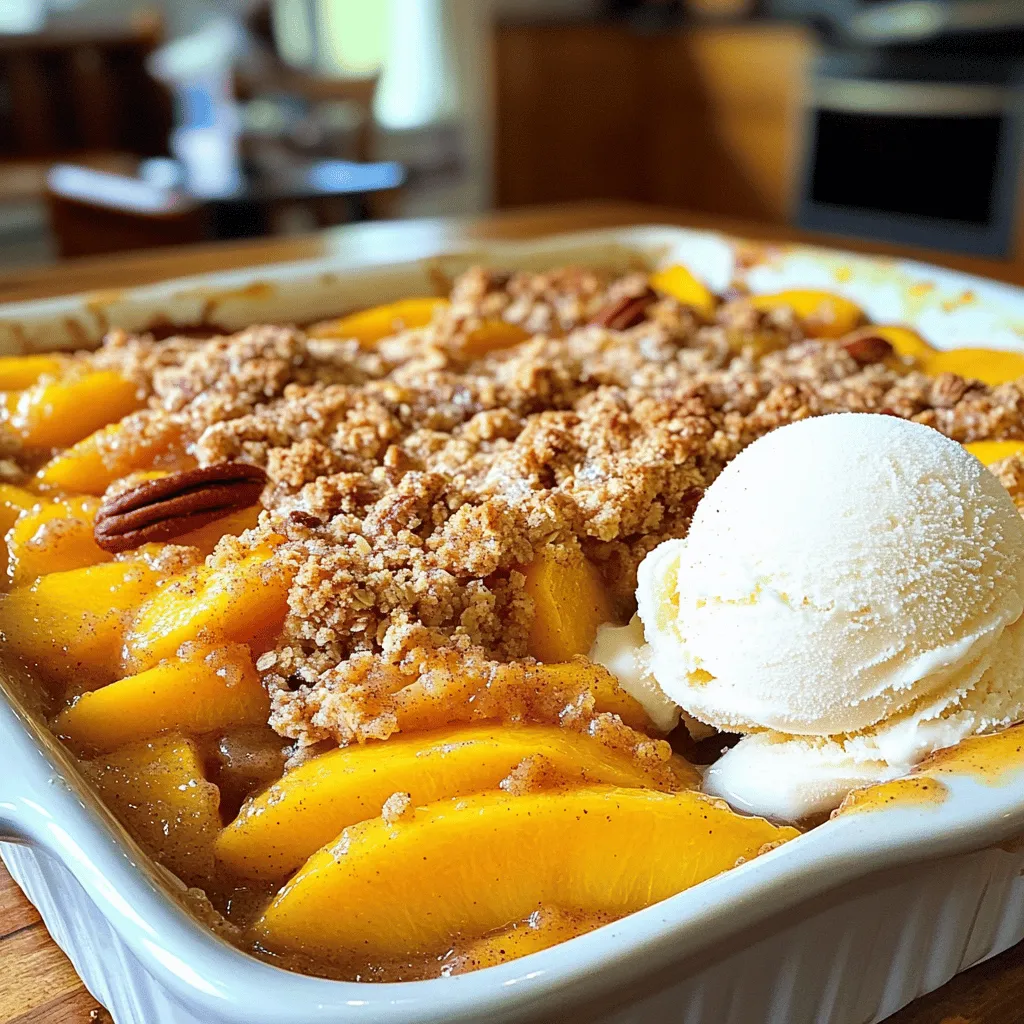 - 4 cups ripe peaches, peeled and sliced - 1/2 cup granulated sugar - 1 tablespoon lemon juice - 1 teaspoon cinnamon Peaches are the star of this dish. Choose ripe ones for the best flavor. They should feel soft yet firm. The granulated sugar adds sweetness. Lemon juice brightens the flavor. Cinnamon gives a warm spice that pairs well with peaches. - 1 cup rolled oats - 1/2 cup all-purpose flour - 1/2 cup brown sugar, packed - 1/2 cup cold unsalted butter, cubed - 1/4 teaspoon salt - 1/4 cup chopped pecans (optional) For the topping, rolled oats create a chewy texture. All-purpose flour binds the ingredients. Brown sugar makes it sweet and caramel-like. Cold butter adds flakiness. Salt balances the sweetness. Pecans offer a nice crunch but are optional. - Vanilla ice cream - Additional cinnamon for garnishing Serve your peach crisp warm. A scoop of vanilla ice cream on top is heavenly. A sprinkle of cinnamon adds extra flavor. These options enhance your dessert and make it extra special. For the full recipe, follow the steps carefully to enjoy every bite! - Preheat your oven to 350°F (175°C). - Grease a 9x13 inch baking dish. - Combine sliced peaches, granulated sugar, lemon juice, and cinnamon. - Toss the mixture well and spread it evenly into the greased dish. - In a separate bowl, mix oats, flour, brown sugar, and salt. - Cut in cold butter and blend until it looks like coarse crumbs. - If you like, stir in the chopped pecans for extra crunch. - Evenly sprinkle the topping over the peach filling. - Bake for 35-40 minutes until golden brown and bubbly. This peach crisp is quick and easy. You can find the full recipe above to guide you through. Enjoy the warm, sweet, and crunchy flavors of this delightful dish! To get the best flavor, choose ripe peaches. Look for peaches that feel slightly soft when you press them. Their color should be vibrant and golden, with a sweet smell. If you can’t find fresh peaches, frozen peaches work well too. Just thaw them before using and drain any excess juice. A golden brown topping makes your peach crisp look and taste great. To achieve this, mix the butter into the dry ingredients well. This helps create a crumbly texture. Avoid soggy textures by not overcooking the peach filling. Bake until the topping is golden brown and the peaches bubble around the edges. Serve peach crisp warm right out of the oven. It's great to pair with vanilla ice cream. The cold ice cream melts slightly, mixing with the warm filling. You can also try it with caramel or cinnamon ice cream for a fun twist. Don't forget to sprinkle some extra cinnamon on top for an added kick. For the full recipe, check out Peachy Dream Crisp. {{image_2}} To make this peach crisp gluten-free, simply switch the all-purpose flour for gluten-free flour. Many brands work well in baking. The crisp will still taste great! Just make sure to check the labels for cross-contamination. This way, everyone can enjoy a tasty dessert. You can add fun flavors by mixing in other fruits. Try adding berries like blueberries or raspberries. Apples add a nice crunch too. A mix of fruits keeps things interesting and adds more color. Feel free to experiment with your favorite fruits. To boost the flavor, play with spices like nutmeg or ginger. These spices make the crisp warm and inviting. You can also add more sweetness using honey or maple syrup. Both options add a twist to the classic recipe. Just drizzle them into the peach mixture or the topping for a new taste. This way, you create a peach crisp that is truly your own. To store peach crisp in the refrigerator, let it cool completely first. Once cooled, cover it with plastic wrap or aluminum foil. You can also use an airtight container. This keeps the crisp fresh for about three to four days. When you want to eat it again, the taste will still be great! If you want to save peach crisp for later, freezing is a good option. First, let the crisp cool completely. Then, cut it into portions. Wrap each piece tightly in plastic wrap. Place the wrapped pieces in a freezer-safe bag or container. This way, you can enjoy peach crisp for up to three months. To reheat peach crisp, use the oven for the best results. Preheat your oven to 350°F (175°C). Place the crisp in an oven-safe dish. Cover it with foil to prevent it from drying out. Heat for about 15 to 20 minutes. If you want a crispy top, remove the foil for the last 5 minutes. Your peach crisp will be warm and tasty again! For more details, check the Full Recipe. Yes, you can use canned peaches. They save time and are easy to use. However, canned peaches often have added sugar and syrup. This can make your crisp too sweet. Drain the peaches well before using them. Fresh peaches offer better flavor and texture. I recommend using fresh peaches when they are in season for the best taste. To adjust sweetness, you can change the sugar amount. If you want less sugar, use half the amount. You can also use natural sweeteners like honey or maple syrup instead. If you prefer it sweeter, add more granulated sugar or brown sugar. Taste the peach mixture before baking to find your perfect balance. You can prepare the filling ahead of time. Mix the peaches, sugar, lemon juice, and cinnamon. Store it in the fridge for up to one day. You can also make the topping in advance. Just keep it in a sealed container. When you're ready to bake, combine them and pop it in the oven. That way, you save time on busy days. You can try different toppings for your crisp. Instead of oats, use crushed cookies or nuts. Almonds, walnuts, or granola can add crunch. You can also mix in spices like nutmeg or ginger. These add a unique flavor. Be creative, and use what you have at home! The main difference is in the toppings. A crumble has a topping made of flour and butter, often with no oats. A crisp, like this peach version, includes oats for more texture. Both are delicious, but they have different crunch levels. You can enjoy both styles depending on your mood! In this post, I shared how to make a delicious peach crisp. We covered key ingredients, easy steps, and helpful tips for the best results. Consider using ripe peaches and mixing in your favorite fruits. Also, explore gluten-free or alternative toppings to suit your taste. Remember, peach crisp is versatile, and you can customize it easily. Serve it warm with ice cream for a treat. Enjoy your baking, and don't be afraid to experiment!