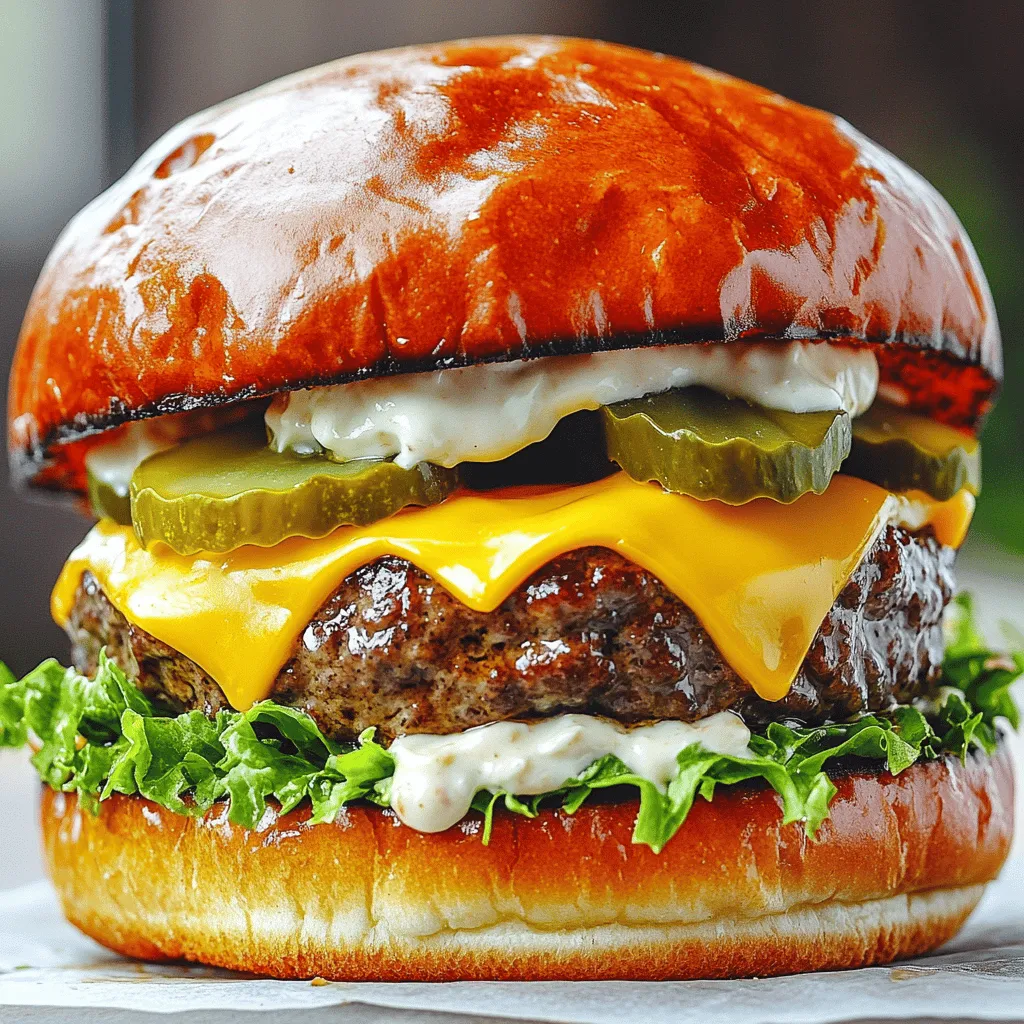 - 1 lb ground beef (80/20 blend) - 1/4 cup grated Parmesan cheese - 2 cloves garlic, minced - 1 tablespoon Worcestershire sauce - 1 teaspoon onion powder - 1 teaspoon black pepper - Salt to taste - 4 slices of cheddar cheese - 4 burger buns - Lettuce leaves - Tomato slices - Pickles (optional) - Garlic aioli (for spreading) The key to a great garlic Parmesan cheeseburger is the right mix of flavors. I use a blend of 80/20 ground beef. This mix gives the burger a juicy texture. Adding grated Parmesan cheese boosts the flavor. The minced garlic provides a fresh kick. Worcestershire sauce adds depth, while onion powder and black pepper enhance the taste. For toppings, I love using crisp lettuce and ripe tomato slices. Pickles add a nice crunch if you like them. The garlic aioli is a must for spreading on the bun. It ties all the flavors together. One serving of this cheeseburger offers about 500 calories. It has 30 grams of protein, 30 grams of fat, and 35 grams of carbs. For those watching carbs, you can use lettuce wraps instead of buns. This change keeps the flavor while lowering the carb count. You can also try gluten-free buns if needed. This garlic Parmesan cheeseburger is not just tasty; it's also versatile. You can make it fit your diet and enjoy a delicious meal. For the full recipe, check out the details above. 1. In a big bowl, combine the ground beef, Parmesan cheese, minced garlic, Worcestershire sauce, onion powder, black pepper, and salt. Mix gently. Avoid overworking the meat to keep it juicy. 2. Divide the mixture into four equal parts and shape them into patties. Make a small depression in the center of each patty. This helps them cook evenly and prevents bulging. 3. Preheat your grill or skillet over medium-high heat. It should feel hot before you add the patties. 1. Place the patties on the grill or skillet. Cook for about 4-5 minutes without pressing down on them. This keeps the juices inside. 2. Flip the patties carefully. Place a slice of cheddar cheese on each one. Cook for another 4-5 minutes. You want the cheese to melt and the burger to reach 160°F (70°C). 3. While the patties cook, toast your burger buns. You can use the grill or a toaster. Keep an eye on them to avoid burning. 1. To build your burger, spread garlic aioli on the bottom half of each toasted bun. This gives a great flavor boost. 2. Place the cooked burger patty on top. Add a lettuce leaf and tomato slice. If you like, add pickles too. 3. Finish with the top half of the bun. Serve right away! Pair it with fries or a side salad for a tasty meal. For the detailed recipe, check out the Full Recipe. How do you achieve the perfect burger doneness? Start by using a meat thermometer. For medium, aim for an internal temperature of 160°F. If you like it rare, go for 130°F. Insert the thermometer into the side of the patty for the best reading. Grilling and skillet cooking have their perks. A grill adds a nice smoky flavor. Preheat it well to avoid sticking. If using a skillet, choose non-stick for easy flipping. Add a touch of oil to prevent sticking. Cook over medium-high heat for a great sear. What are some substitutions for dietary preferences? For a vegan option, swap ground beef for a plant-based burger. You can find many tasty brands. Use dairy-free cheese instead of Parmesan or cheddar. Look for options made from nuts or soy. You can still enjoy a delicious garlic Parmesan cheeseburger in a way that fits your diet. {{image_2}} You can easily change up your garlic Parmesan cheeseburger in fun ways. Try a spicy garlic Parmesan cheeseburger. Just add some diced jalapeños or hot sauce to the meat mix. This gives a nice kick to each bite. You will love the heat paired with the garlic and cheese. Another great option is the Mediterranean garlic cheeseburger. Add some chopped olives and feta cheese to the beef. This twist brings a fresh and tangy taste. Top it with tzatziki sauce instead of garlic aioli for extra flavor. Cheese can change the whole taste of your burger. If you want a strong flavor, try blue cheese. It adds a rich and bold taste that many enjoy. For a spicy kick, use pepper jack cheese. Its creamy texture and spices will make your burger stand out. You can mix and match these cheeses with the garlic Parmesan for a new favorite. Toppings bring your burger to life. Avocado adds creaminess and healthy fats. Slice it up and place it on top. A fried egg can also make your burger special. The runny yolk adds richness that blends well with the other flavors. Sautéed mushrooms are another tasty option. Their earthy taste goes perfectly with the garlic and cheese. Just cook them in a bit of butter until soft, then pile them on. Each of these toppings can enhance your garlic Parmesan cheeseburger and make it uniquely yours. For the full recipe, check out the Garlic Parmesan Cheeseburger section. To store cooked patties, let them cool first. Place them in an airtight container. Store them in the fridge for up to three days. If you want to keep them longer, freeze the patties. Wrap each patty in plastic wrap and then put them in a freezer bag. They can last up to three months in the freezer. For assembled burgers, it’s best to store them unassembled. The buns can get soggy. Keep the lettuce and tomato separate. Wrap each burger in foil or plastic wrap. Store them in the fridge for one day. To reheat the patties, use a skillet or grill. Heat the skillet over medium heat. Add the patties and cook for about three minutes on each side. This keeps them juicy and flavorful. If you prefer the oven, preheat it to 350°F (175°C). Place the patties on a baking sheet and cover with foil. Heat for about 10-12 minutes. This method also keeps the burgers moist. For assembled burgers, remove any cold toppings first. Then, reheat the burger in a skillet or microwave. If you use the microwave, heat in short bursts to prevent it from drying out. Enjoy your delicious garlic Parmesan cheeseburger even as leftovers! Check out the Full Recipe for more details. How to make a garlic Parmesan cheeseburger from scratch? To make a garlic Parmesan cheeseburger, you need simple ingredients. Start with ground beef, grated Parmesan cheese, and minced garlic. Mix these in a bowl with Worcestershire sauce, onion powder, black pepper, and a little salt. Shape the mixture into patties. Cook them on a grill or skillet until they are juicy and well-cooked. Add a slice of cheddar cheese on top to melt while cooking. You can follow the Full Recipe for detailed steps. Can I prepare the patties ahead of time? Yes, you can make the patties ahead of time. Shape the patties and store them in the fridge for up to one day. This helps the flavors blend together. You can also freeze them for longer storage. Just thaw them overnight in the fridge before cooking. What’s the best bun for a garlic Parmesan cheeseburger? A soft yet sturdy burger bun works best. Look for brioche or potato buns. They hold the juicy burger well and add a nice touch of flavor. Toasting them slightly adds a great crunch and keeps them from getting soggy. How do I know when the burgers are done cooking? You can tell when burgers are done by checking their color and temperature. The inside should be brown, not pink. Use a meat thermometer to check for a safe internal temperature of 160°F (70°C). This ensures the burgers are fully cooked and safe to eat. You learned how to make a tasty garlic Parmesan cheeseburger. We covered the key ingredients, cooking tips, and fun variations. Remember to mix fresh ingredients for better flavor. Don't shy away from custom toppings or cheese choices. Lastly, storing and reheating your burgers can keep them delicious for days. Enjoy making this burger your own and please your taste buds.
