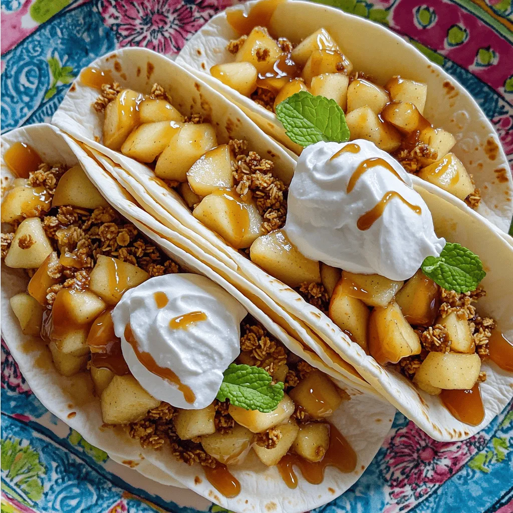 - 1 package of soft taco shells (about 8-10) - 2 cups cream cheese, softened - 1/2 cup powdered sugar - 1 teaspoon vanilla extract - 2 cups apples, peeled and cubed - 1 tablespoon lemon juice - 1 teaspoon cinnamon - 1/4 cup brown sugar - 1/2 cup granola (for crunch) - Caramel sauce (for drizzle) - Whipped cream (optional, for topping) These ingredients create a sweet and creamy treat that is fun to eat. The soft taco shells hold everything together, making them easy to grab. Cream cheese gives a rich flavor. Apples add a juicy crunch. You can change up the recipe based on your taste. Here are some fun options: - Chopped nuts for extra crunch - Different spices like nutmeg or ginger - Other fruits like pears or berries - Chocolate chips for a sweet twist Adding these ingredients lets you play with flavors and textures. When choosing apples, look for firm ones with bright skin. Avoid any with bruises or soft spots. Here are some top picks for your tacos: - Granny Smith for tartness - Honeycrisp for sweetness - Fuji for a balance of both Fresh apples make a big difference in taste. A good apple enhances the overall flavor of your tacos. Start by gathering your ingredients. You need cream cheese, powdered sugar, and vanilla extract. In a mixing bowl, beat the cream cheese until it’s very smooth. Then, add the powdered sugar and vanilla extract. Mix until it all blends well. This filling should be creamy and rich. Set it aside while you prepare the apple mixture. Now it’s time to cook the apples. Grab another mixing bowl. Combine your cubed apples with lemon juice, cinnamon, and brown sugar. Toss this mix until the apples are well coated. Heat a non-stick skillet over medium heat. Add the apple mixture to the skillet. Sauté the apples for about five to seven minutes. You want them to soften and caramelize a bit. After they are done, take them off the heat and let them cool slightly. To build your tacos, take a soft taco shell. Spread a nice layer of the cream cheese filling over the shell. Next, spoon the sautéed apple mixture right on top. Don’t forget to sprinkle some granola for extra crunch. Finally, drizzle caramel sauce over each taco. If you like, add a dollop of whipped cream on top. Serve these tasty tacos right away while everything is fresh and warm. For the full recipe, see the details above. To get a smooth cream cheese mix, start with softened cream cheese. Room temperature cream cheese blends better. Use a hand mixer or whisk for a fluffy texture. Mix until it’s creamy and light, about 2-3 minutes. This ensures the filling is easy to spread on the taco shells. When sautéing apples, use a non-stick skillet for best results. First, heat the pan over medium heat. Add the apple mix only when the pan is hot. This helps caramelize the apples faster. Stir gently to avoid breaking them apart. Cook until they are slightly soft but still firm. This usually takes about 5-7 minutes. Presentation makes your tacos stand out. Arrange the tacos on a colorful platter. Drizzle extra caramel sauce around the plate for a nice touch. You can also sprinkle some extra granola on top for crunch. Finish with mint leaves for a pop of color. This makes the dish look as good as it tastes. For the complete recipe, check out the Full Recipe. {{image_2}} You can switch up the fruit for your tacos. Try using pears or peaches instead of apples. Both fruits add a sweet and juicy twist. You can also mix fruits for a fun combo. Just remember to use lemon juice to keep them fresh. Mixing things up with the cream cheese adds flavor. You can add a touch of maple syrup for sweetness. Or try mixing in some peanut butter for a nutty taste. You can also fold in mini chocolate chips for a dessert twist. These small changes give your tacos a special flavor. You can make this recipe gluten-free by using corn or almond flour taco shells. For a vegan option, use plant-based cream cheese. You can swap powdered sugar for coconut sugar too. This way, everyone can enjoy these tasty tacos without worry. To store leftover apple cheesecake tacos, place them in an airtight container. This keeps them fresh. Make sure to put a layer of parchment paper between the layers. This helps avoid sticking. Store the container in the fridge. Enjoy them within two days for the best taste. When you want to enjoy your tacos again, reheat them gently. Use a microwave for quick warming. Heat them for about 15-20 seconds. Check to see if they are warm enough. You can also use a skillet. Heat the skillet on low and warm the tacos for a couple of minutes. This keeps them soft. The ingredients for the apple cheesecake tacos vary in shelf life. Here’s a quick guide: - Soft taco shells: Use within a week after opening. - Cream cheese: Good for about 2 weeks when sealed tightly. - Apples: Store in the fridge for up to 3 weeks. - Granola: It lasts for about 1 month if kept dry. - Caramel sauce: Can last for up to a year if unopened. By following these tips, you can enjoy your apple cheesecake tacos longer. Yes, you can make the apple cheesecake filling early. Mix the cream cheese, powdered sugar, and vanilla. Store the filling in the fridge for up to two days. Just remember to let it sit out for a few minutes before using. This helps it soften again. These apple cheesecake tacos shine with a few simple touches. Serve them warm for the best flavor. You can add a scoop of vanilla ice cream on the side. Fresh mint leaves can enhance the look and taste. For extra sweetness, drizzle more caramel sauce on top. To make these tacos healthier, swap some ingredients. Use low-fat cream cheese instead of regular. Choose whole grain taco shells for added fiber. You can cut back on sugar by using less powdered sugar in the filling. Add more fresh fruit for natural sweetness. You can also skip the whipped cream if you want. Try the Full Recipe for all the details on making these tasty tacos! This article covered how to make apple cheesecake tacos. We explored essential and optional ingredients. I shared tips on choosing fresh apples. You learned step-by-step instructions for preparing the filling and cooking the apples. I also provided tricks for the perfect texture and serving ideas. These tacos are fun and tasty desserts. Feel free to get creative with fruits and add-ins. Enjoy making and sharing this treat with your loved ones!