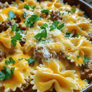 To make Cheesy Beef and Bowtie Pasta in Garlic Butter, gather the following items: - 8 oz bowtie pasta - 1 lb ground beef - 4 cloves garlic, minced - 1 cup shredded cheddar cheese - 1 cup shredded mozzarella cheese - 1/2 cup cream cheese, softened - 1/4 cup grated Parmesan cheese - 1/4 cup butter - 1 teaspoon Italian seasoning - Salt and black pepper to taste - Fresh parsley, chopped (for garnish) These ingredients come together to create a rich and creamy dish. Each item plays a key role in the flavor and texture. The ground beef provides protein, while the cheeses add a delightful creaminess. Garlic adds a savory touch that elevates the whole dish. To keep your pasta perfect, choose good-quality bowtie pasta. This shape holds sauce well, making each bite full of flavor. Fresh parsley not only brightens the dish but adds a pop of color. For a twist, you can swap some ingredients. Try using turkey instead of beef for a lighter option. You can also use dairy-free cheese if you prefer. The Full Recipe provides all the steps to bring these ingredients together into a delicious meal. To start, bring a large pot of salted water to a boil. Add the bowtie pasta and cook it until it is al dente. This usually takes about 8-10 minutes. You want it firm but not hard. Once done, drain the pasta in a colander. Don’t forget to save about 1/2 cup of the pasta water. This starchy water is key for making the sauce creamy. Next, grab a large skillet and set it over medium heat. Add the butter and let it melt completely. Once melted, toss in the minced garlic. Sauté it for 1-2 minutes. You want it fragrant but not brown. Then, add the ground beef to the skillet. Break it apart with a spatula as it cooks. Season with salt, black pepper, and Italian seasoning. Cook until the beef turns brown and is cooked through, which takes about 5-7 minutes. Now, it’s time to bring it all together. Stir in the softened cream cheese with the beef until it melts and mixes well. Next, add the drained bowtie pasta to the skillet. Pour in some of that reserved pasta water to help combine everything smoothly. Mix until the pasta is well-coated with the creamy beef mixture. Finally, remove the skillet from heat and stir in the shredded cheddar, mozzarella, and Parmesan cheeses. Keep mixing until the cheeses melt and become creamy. Taste your dish and adjust the seasoning if needed. For the full recipe, refer to the previous section. To cook bowtie pasta al dente, start with a large pot of salted water. Bring it to a rolling boil before adding the pasta. Stir the pasta occasionally to prevent sticking. Follow the package's cooking time but check a minute before it's done. The pasta should be firm yet tender. Drain it well but save some pasta water for later. To stop cheese from clumping, warm it gently. Remove the skillet from heat before adding cheese. Stir it in slowly, allowing each layer to melt before adding more. This keeps the cheese smooth and creamy. If you want alternatives to ground beef, try ground turkey or chicken. They offer lighter options and are easy to cook. You could also use lentils for a vegetarian choice. Lentils add a lovely texture and soak up flavors well. For those who need dairy-free options, look for plant-based cheese. Many stores carry vegan cheddar or mozzarella that melts nicely. You can also use cashew cream for a rich, creamy taste without dairy. Cheesy Beef and Bowtie Pasta pairs well with simple sides. A fresh green salad with vinaigrette balances the rich flavors. Garlic bread is another great choice for dipping and adds a crunchy texture. For a beautiful finish, garnish the dish with freshly chopped parsley. You can also sprinkle extra cheese on top for more flavor. A few red pepper flakes can add a nice touch for those who enjoy a bit of heat. {{image_2}} You can switch ground beef for chicken or turkey. These lean meats work well. They soak up the garlic butter flavor. You can also use shredded rotisserie chicken for ease. For a vegetarian twist, try mushrooms instead of meat. Sauté them with garlic for a rich taste. They add a nice texture and flavor. To boost taste, add veggies like spinach or bell peppers. They bring color and nutrients. Sauté them with the garlic before adding the beef. For those who like heat, sprinkle chili flakes or add hot sauce. This adds a spicy kick to your dish. Adjust the level of spice to your liking. You can use various cheeses for unique flavors. Try gouda or pepper jack for something different. They melt beautifully and change the taste. A mix of cheeses can create depth. Pair cheddar with mozzarella for a classic combo. Grate fresh cheese right before using it for the best melt. You can find the full recipe to explore all these ideas! To store leftovers, cool the pasta first. Let it sit for about 30 minutes at room temperature. Once cooled, place it in an airtight container. Glass or plastic containers work well. Store it in the fridge for up to three days. Reheat your cheesy beef and bowtie pasta gently. You can use a microwave or a skillet. If using a microwave, add a splash of water to keep it moist. Cover it to trap steam as it heats. For the skillet, add a bit of butter and stir often to avoid drying. This will help keep the creaminess intact. If you want to freeze the dish, allow it to cool completely first. Portion it into freezer-safe bags or containers. Remove as much air as possible to prevent freezer burn. It can last for up to three months in the freezer. To thaw, place it in the fridge overnight. Reheat it in the microwave or on the stove, just like before. This keeps it creamy and delicious. For the full recipe, check out the guide I provided earlier. It takes about 30 minutes to make this dish. The prep time is around 15 minutes, while cooking takes about 15 minutes. You can quickly gather your ingredients and start cooking. Yes, you can prepare it ahead of time. Cook the pasta and beef, then mix with cheese. Store it in the fridge for up to two days. When ready to eat, just reheat it gently. Adding a splash of water can help keep it moist. This dish pairs well with simple sides. Try a fresh garden salad or garlic bread. Steamed veggies like broccoli or green beans also make great companions. They add color and nutrition to your meal. Absolutely! Kids love cheesy flavors and pasta shapes. The soft texture makes it easy to eat. You can adjust the seasoning to suit their tastes. Even picky eaters often enjoy this dish. It’s a fun, tasty meal for the whole family. For the full recipe, check out the details above! This post shared a fun and tasty recipe for Cheesy Beef and Bowtie Pasta. We covered all the key ingredients, with tips for cooking and serving. You can easily customize the dish with different proteins and flavors. Make sure to store leftovers properly for future meals. This recipe is simple, making it perfect for families. Try it out, and enjoy every creamy bite with loved ones. You’ll be a star at your next meal!