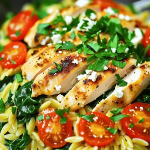 - 1 cup orzo pasta - 2 boneless, skinless chicken breasts (about 1 pound) - 2 cups low-sodium chicken broth - 1 tablespoon olive oil - 1 medium onion, chopped - 2 cloves garlic, minced - 1 cup cherry tomatoes, halved - 1 cup fresh spinach - 1 teaspoon dried oregano - 1 teaspoon smoked paprika - Salt and pepper to taste - ¼ cup feta cheese, crumbled (optional) - Fresh parsley for garnish When you make High Protein Chicken Orzo, you need fresh and quality ingredients. Start with orzo pasta as your base. This tiny pasta cooks quickly and pairs well with chicken. Next, the chicken breasts provide protein. Choose boneless and skinless for easy cooking. They will turn juicy and tender with the right seasoning. Chicken broth adds flavor and helps the orzo cook perfectly. I use low-sodium broth to control salt levels. For vegetables, you'll want to add color and nutrients. Olive oil helps cook the onion and garlic, building a tasty base. Fresh spinach and cherry tomatoes bring brightness and health benefits. Seasoning is key. Dried oregano and smoked paprika add depth. Don't forget to taste and adjust salt and pepper to your liking. Lastly, if you love cheese, a sprinkle of feta adds creaminess. Fresh parsley as a garnish makes your dish pop. These ingredients come together for a meal that's quick, easy, and full of flavor. For the complete recipe, check out [Full Recipe]. First, bring the chicken broth to a simmer in a medium saucepan. This step adds great flavor to the orzo. Next, add the orzo and cook it based on the package instructions, usually around 8 to 10 minutes. You want it to be al dente. Once done, drain the orzo and set it aside for later. Take the chicken breasts and season them well. Sprinkle salt, pepper, oregano, and smoked paprika on both sides. These spices pack a punch of flavor. Heat a skillet over medium-high heat and add a tablespoon of olive oil. Cook the chicken for about 6 to 7 minutes on each side. You want it to be golden brown and fully cooked. Once done, remove it from the skillet and let it rest for a few minutes before slicing. In the same skillet, lower the heat to medium. Add the chopped onion and sauté it for about 3 to 4 minutes until it is soft and translucent. Then, add minced garlic and sauté for another minute. Next, stir in the halved cherry tomatoes and fresh spinach. Cook everything until the tomatoes soften and the spinach wilts, which takes about 2 to 3 minutes. Now, it’s time to bring everything together. Add the cooked orzo to the skillet with the vegetable mixture. Toss them to mix well. Slice the rested chicken and place it on top of the orzo. If you want, sprinkle some crumbled feta cheese over the dish. This adds a nice creamy touch. Taste the dish and adjust seasoning with salt and pepper if needed. Finish by garnishing with chopped parsley before serving. Enjoy your high protein chicken orzo! You can find the full recipe [here](#). - Ensure chicken is properly seasoned for maximum flavor. Use salt, pepper, oregano, and smoked paprika. - Monitor cooking times to avoid overcooking orzo and chicken. Cook orzo until al dente. Chicken should reach an internal temperature of 165°F. - Experiment with additional spices or herbs. Try basil, thyme, or red pepper flakes for a kick. - Consider marinating chicken beforehand for added flavor. A simple mix of olive oil, lemon, and herbs works great. - Chicken and orzo are high in protein. Chicken offers about 26 grams, while orzo adds another 7 grams per cup. - The dish provides nutritional advantages with included vegetables. Spinach and tomatoes add vitamins A and C, plus fiber. {{image_2}} You can switch chicken for turkey, shrimp, or tofu. Each option offers a new taste. Turkey gives a mild flavor. Shrimp adds a seafood twist, while tofu provides a plant-based choice. You might also try chickpeas or beans for a hearty, plant-based version. These choices keep the dish high in protein and fun. Feel free to mix in seasonal vegetables. Zucchini and bell peppers work great. They add crunch and color. You can also add leafy greens like kale or arugula. These greens boost nutrition and flavor. They make the dish even more vibrant and healthy. Pair your orzo with a fresh side salad or some crusty bread. These sides complement the meal perfectly. You can also make this dish for meal prep. It’s great for family dinners too. Each portion stays tasty in the fridge for a few days. Enjoy your flavorful and quick meal! To keep your High Protein Chicken Orzo fresh, store it in an airtight container. Make sure it cools down to room temperature first. This will help avoid condensation and sogginess. You can safely eat the leftovers within three to four days. If the dish smells off or looks strange, it's best to toss it. If you want to save some for later, freezing works well. Divide the orzo into portions and place them in freezer-safe bags. Remove as much air as possible before sealing. This helps to prevent freezer burn. The dish can last up to three months in the freezer. When you're ready to eat, thaw it in the fridge overnight for best results. Reheating requires care to keep the texture nice. For best results, use the stovetop. Heat it gently in a pan over low heat, adding a splash of broth or water to moisten. If you prefer to use a microwave, cover it loosely and heat in short bursts, stirring in between. This helps heat evenly without drying it out. It takes about 30 minutes to make High Protein Chicken Orzo. You will need 10 minutes to prep and about 20 minutes to cook. This quick meal is great for busy days. Yes, you can make this dish ahead of time. Store it in an airtight container in the fridge. It stays fresh for up to three days. When you are ready to eat, simply reheat it in the microwave or on the stove. Absolutely! High Protein Chicken Orzo is perfect for meal prepping. You can portion it into individual containers. This way, you have easy lunches or dinners ready for the week. Just remember to cool the dish before storing. You can serve this dish with a side salad, steamed veggies, or garlic bread. A light white wine or sparkling water pairs well too. Feel free to explore different sides to make your meal even better. This blog post covered making a tasty High Protein Chicken Orzo. You learned about key ingredients, from orzo to vegetables. Each step showed how to cook and combine everything perfectly. We discussed tips to enhance flavor and suggested healthy variations. Storing tips help keep your dish fresh for later meals. Enjoying this recipe can be easy and fun. Try it with friends or family for a tasty meal! Cooking can bring joy, and I hope you feel inspired.