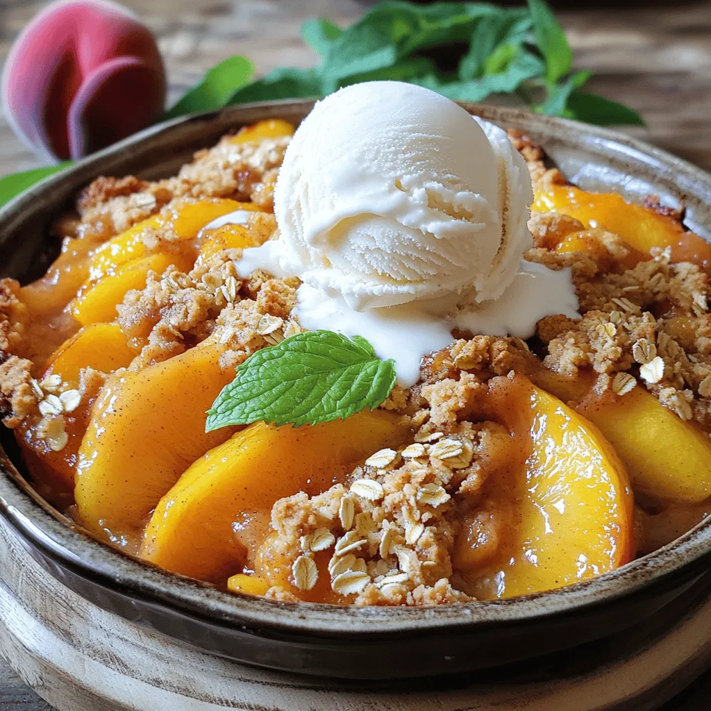 - 6 ripe peaches, pitted and sliced - 1 tablespoon lemon juice Choosing ripe peaches is key for great flavor. Look for peaches that feel firm but yield slightly when you press them. The skin should have a nice golden hue. The lemon juice adds a bright taste and helps keep the peaches fresh. - 1/4 cup granulated sugar - 1 teaspoon vanilla extract - 1 teaspoon cinnamon The sugar sweetens the peaches well. You can adjust it based on how sweet your peaches are. Vanilla adds warmth, while cinnamon gives a cozy spice that makes the crumble special. - 1 cup rolled oats - 1/2 cup all-purpose flour - 1/2 cup packed brown sugar - 1/4 teaspoon salt - 1/2 teaspoon nutmeg - 1/2 cup unsalted butter, melted For the topping, rolled oats provide great texture and crunch. All-purpose flour binds the mix. The brown sugar adds a deeper sweetness. Salt balances the flavors, while nutmeg gives a warm kick. Melted butter brings everything together, making it crumbly and rich. You can find the full recipe to guide you through making this simple and delicious delight. - Start by washing 6 ripe peaches. - Cut the peaches in half and remove the pits. - Slice the peaches into thin pieces. - In a large bowl, mix the sliced peaches with: - 1/4 cup granulated sugar - 1 tablespoon lemon juice - 1 teaspoon vanilla extract - 1 teaspoon cinnamon - Toss everything gently until the peaches are well coated. - Pour this peach mixture into a greased 9x9 inch baking dish. - In another bowl, mix together: - 1 cup rolled oats - 1/2 cup all-purpose flour - 1/2 cup packed brown sugar - 1/4 teaspoon salt - 1/2 teaspoon nutmeg - Pour in 1/2 cup melted unsalted butter. - Stir until the mixture is crumbly. - Preheat your oven to 350°F (175°C). - Sprinkle the crumble topping evenly over the peach filling. - Bake in the oven for 35-40 minutes. - Look for a golden brown topping and bubbling peaches. - Let the crumble cool for about 10 minutes before serving. Enjoy your peach crumble warm, maybe with a scoop of vanilla ice cream on top! For the full recipe, check out the complete instructions. To make a great peach crumble, start with ripe peaches. Look for peaches that have a slight give when you press them. Their skin should be smooth and fragrant. If the peaches are not ripe, your crumble may taste bland. If your peaches are very sweet, use less sugar. If they are tart, don’t be shy with the sugar. This balance makes each bite delicious. The ideal crumble topping should be both crunchy and crumbly. You want it to hold together yet break apart easily. Mix the oats, flour, and sugar well. Then, add melted butter until it looks like coarse crumbs. If you want to save time, you can make this topping a day ahead. Just store it in the fridge until you are ready to bake. Serve your peach crumble warm for the best taste. A scoop of vanilla ice cream on top makes it even better. You can also try whipped cream for a lighter option. For a nice touch, garnish your dish with fresh mint leaves. This adds color and a hint of freshness. Enjoy the flavors and textures together for a delightful dessert experience! {{image_2}} You can easily swap peaches for other fruits. Try using apples, berries, or cherries. Each fruit adds its own flavor. You can also mix fruits! Combine peaches with blueberries for a fun twist. This creates a vibrant and tasty crumble. Want a gluten-free version? Use almond flour or oat flour instead of all-purpose flour. This makes the crumble just as tasty. For vegan options, replace the butter with coconut oil or vegan butter. You can also use coconut sugar or maple syrup for sweetness. Add nuts like walnuts or pecans for a crunch. Chocolate chips can also make it extra special. Don’t forget about spices! A pinch of ginger or cardamom can add warmth and depth. Experiment with what you love to make it your own. For the complete Peach Paradise Crumble recipe, check the [Full Recipe]. To store leftovers, place peach crumble in the fridge. Use an airtight container. This keeps it fresh and tasty. You can freeze peach crumble for later. Wrap it well in plastic wrap, then foil. This helps prevent freezer burn. For reheating, bake it at 350°F. Heat until warm and bubbly. Peach crumble lasts about 3-5 days in the fridge. If frozen, it can last up to 3 months. Enjoy your peach crumble at its best! For the full recipe, check out the Peach Paradise Crumble. You can try many fruits for your crumble. Here are some great options: - Apples - Pears - Berries (like blueberries or raspberries) - Cherries - Plums Mixing different fruits can add unique flavors. For example, a mix of apples and berries gives a tasty twist. Yes, you can prepare peach crumble ahead of time. Here are some tips: - Assemble the filling and topping in advance. - Cover and store them in the fridge for up to a day. - Bake just before serving to keep it fresh. This way, you save time and still enjoy a warm crumble. Check for these signs to know if your crumble is ready: - The topping should be golden brown. - The peaches should bubble around the edges. - A fork should easily pierce the fruit. These signs mean your crumble is perfect and ready to enjoy. Yes, you can use canned or frozen peaches. Here’s how: - If using canned peaches, drain and rinse them first. - For frozen peaches, thaw them and drain excess water. Both options work well in the recipe. Just adjust sugar based on their sweetness. For the full recipe, check out the Peach Paradise Crumble. You can enjoy making a delicious peach crumble with fresh ingredients and easy steps. By choosing the right peaches, sweetening them well, and preparing a crumbly topping, you create a tasty dessert. Always remember to adjust sweetness based on ripeness and explore variations with other fruits. Proper storage helps keep your crumble fresh. I hope these tips enhance your baking skills and inspire your creativity. Enjoy every bite!