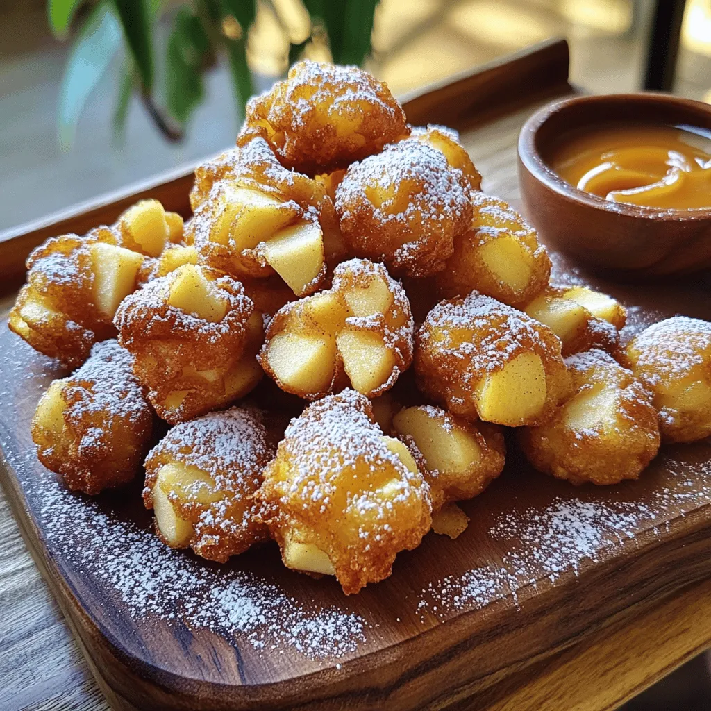 To make apple fritter bites, you need a few simple items. Here’s what you will need: - 2 medium-sized apples (like Granny Smith or Honeycrisp), peeled and diced - 1 cup all-purpose flour - 1/2 cup sugar - 1 teaspoon baking powder - 1/2 teaspoon cinnamon - 1/4 teaspoon nutmeg - 1/4 teaspoon salt - 1/2 cup milk - 1 large egg - 1 teaspoon vanilla extract - Oil for frying - Powdered sugar for sprinkling Choosing the right apples is key. I love using Granny Smith apples because they are tart. Honeycrisp apples are also a great choice. They bring a nice sweetness and crunch. You can even mix different varieties for fun flavors. Avoid soft apples, as they won’t hold up well when fried. You can easily swap some ingredients in this recipe. If you don’t have all-purpose flour, use whole wheat flour. For milk, almond milk or oat milk works just fine. If you want a dairy-free option, use a flax egg instead of a regular egg. Just mix 1 tablespoon of ground flaxseed with 2.5 tablespoons of water and let it sit for a few minutes. This works well in the batter too. Start by peeling the apples. I like to use Granny Smith or Honeycrisp. They add a nice tartness. Next, dice the apples into small pieces. Aim for about half an inch in size. Set them aside in a bowl. This keeps them fresh until you're ready to mix. Grab a mixing bowl. Combine 1 cup of all-purpose flour, 1/2 cup of sugar, and 1 teaspoon of baking powder. Then, add 1/2 teaspoon of cinnamon, 1/4 teaspoon of nutmeg, and 1/4 teaspoon of salt. Whisk these dry ingredients together until they are well mixed. This step is key for even flavor. In another bowl, whisk together 1/2 cup of milk, 1 large egg, and 1 teaspoon of vanilla extract. Mix until everything is combined. Slowly pour this wet mixture into your dry ingredients. Stir gently until they just come together. It’s fine if a few lumps remain. Then, fold in your diced apples. Make sure each piece has a nice coating of batter. Heat oil in a large pot or deep skillet. Aim for about 350°F (175°C). To test the oil, drop in a small spoonful of batter. If it sizzles and rises, you’re ready. Using a small scoop, carefully drop spoonfuls of batter into the hot oil. Fry them in batches. This prevents overcrowding. Cook for 2-3 minutes on each side until they turn golden brown. Once they are cooked, remove the fritter bites from the oil. Place them on a paper towel-lined plate. This helps absorb extra oil. While they are still warm, sprinkle with powdered sugar. This adds a sweet touch. For an extra treat, serve them with caramel or maple syrup on the side. Enjoy your delicious apple fritter bites! The right batter makes all the difference. You want it thick enough to hold the apples but thin enough to drop easily. A good rule is to mix until just combined. Don’t worry about lumps; they help keep your fritter bites light. If the batter feels too thick, add a splash of milk. If it’s too thin, a bit more flour does the trick. Frying is where the magic happens. Heat your oil to about 350°F (175°C). Use a thermometer for accuracy. If you don’t have one, drop a small bit of batter into the oil. If it bubbles and rises, you’re ready! Fry in small batches to avoid crowding. This ensures even cooking. Turn them only once for the best golden color. To keep your fritter bites warm, place them on a baking sheet in a low oven, about 200°F (93°C). This way, they stay nice and toasty while you finish frying the rest. Avoid stacking them too high, as this can make them soggy. If you need to serve later, cover them loosely with foil to keep the warmth in. Enjoy them fresh for the best taste! {{image_2}} You can take your apple fritter bites to the next level by adding cinnamon sugar. Mix together 1/4 cup of sugar and 1 tablespoon of cinnamon in a bowl. After frying, toss the warm fritter bites in this mixture. The sweet and spicy flavor pairs perfectly with the apples. It gives a classic touch that everyone loves. Want to add some crunch or sweetness? Consider adding nuts or dried fruit. Chopped walnuts or pecans add a nice texture. You can also include raisins or dried cranberries for extra flavor. Just fold them into the batter along with the apples. This change makes your fritter bites even more exciting. If you want a lighter treat, try baked fritter bites. Instead of frying, spoon the batter onto a lined baking sheet. Bake them at 350°F (175°C) for about 15-20 minutes. They will not be as crispy but will still taste great. You can also reduce sugar or use whole-wheat flour for a health boost. This way, you can enjoy fritter bites with less guilt. To keep your leftover fritter bites fresh, place them in an airtight container. This helps prevent them from getting soggy. You can store them at room temperature for up to two days. If you live in a humid area, it’s best to refrigerate them. In the fridge, they last for about three to four days. When you want to enjoy your leftover fritter bites, reheating them is easy. The best method is to use an oven. Preheat your oven to 350°F (175°C). Place the fritter bites on a baking sheet and heat them for about 5-7 minutes. This will make them warm and crisp again. You can also use an air fryer for about 3-4 minutes. Just make sure to check them often to avoid burning. If you want to keep your fritter bites longer, freezing is a great option. First, let them cool completely. Then, place them in a single layer on a baking sheet and freeze for about one hour. After they are frozen, transfer them to a freezer bag or container. They can last in the freezer for up to three months. When you’re ready to eat them, thaw in the fridge overnight and reheat as mentioned above. Apple fritter bites are small, fried treats made with diced apples. They are soft on the inside and crispy on the outside. The batter is sweet and spiced, often with cinnamon and nutmeg. These bites are deliciously warm and perfect for sharing. You can enjoy them as a snack or dessert. Yes, you can use other fruits! Pears, peaches, or berries work well too. Just ensure the fruit is soft and juicy. Adjust the spices to fit the fruit’s flavor. For example, try adding a bit of lemon zest with berries for a fresh taste. Just remember, the cooking time may change with different fruits. To make gluten-free fritter bites, swap all-purpose flour with gluten-free flour. Use a blend made for baking to keep the texture light. Check the baking powder to ensure it’s gluten-free, as some brands may add gluten. Follow the same steps in the recipe, and enjoy a delicious, gluten-free treat! For the full recipe, check the earlier sections. It covers all the ingredients and steps you need to make these tasty bites. Enjoy cooking! You learned how to make delicious apple fritter bites today. We covered the best ingredients, types of apples, and useful substitutions. The step-by-step guide showed you how to prepare, fry, and finish each bite. I shared tips for perfecting your batter and keeping the fritters warm. You also discovered fun variations and smart storage tips. Now, you’re ready to impress your friends and family with these tasty treats! Enjoy trying different flavors, sharing them, or even getting creative with your own recipes. Happy cooking!