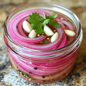 For quick pickled red onions, gather these simple ingredients: - 1 large red onion, thinly sliced - 1 cup apple cider vinegar - 1 cup water - 2 tablespoons sugar - 1 teaspoon salt - 1 teaspoon black peppercorns - 3 cloves garlic, peeled and smashed - ½ teaspoon crushed red pepper flakes (optional) - Fresh herbs for garnish (like cilantro or parsley) You can swap out some ingredients if needed. Try these alternatives: - Use white vinegar instead of apple cider vinegar for a sharper taste. - Honey or maple syrup can replace sugar for a natural sweetener. - Sea salt works well in place of regular salt. - Red onion can be replaced with thinly sliced shallots for a milder flavor. To make pickled onions, you will need a few handy tools: - A sharp knife or mandoline for slicing the onion. - A medium saucepan to heat the pickling liquid. - A clean glass jar or container to store the pickled onions. - A fork for pressing the onions down in the jar. These tools make the process quick and easy! For the full recipe, check out the instructions above. To start, grab one large red onion. Peel it and slice it thinly. A sharp knife or a mandoline works well for this. Thin slices soak up the brine better. Next, mix the pickling liquid. In a medium saucepan, combine 1 cup of apple cider vinegar and 1 cup of water. Add 2 tablespoons of sugar and 1 teaspoon of salt. Toss in 1 teaspoon of black peppercorns and 3 smashed garlic cloves. For some heat, you can add ½ teaspoon of crushed red pepper flakes. Heat the mixture over medium heat. Stir occasionally until the sugar and salt dissolve completely. This only takes a few minutes. Once dissolved, remove the saucepan from heat and let it cool for about 10 minutes. Now it's time to pack the onions. Place the sliced red onions in a clean glass jar. Pour the pickling liquid over the onions. Make sure the onions are fully submerged. If they float, gently press them down with a fork. Seal the jar tightly. Allow the jar to cool to room temperature. This helps the flavors mix well. After that, place it in the refrigerator. For the best flavor, let the onions pickle for at least 30 minutes. However, if you can wait, let them sit for a few hours or even overnight. The longer they sit, the better they taste. You can find this method in the Full Recipe. Enjoy your quick pickled red onions! To get the best slices, start with a sharp knife. A dull knife makes it hard to cut cleanly. Slice the onion in half from top to bottom. Lay each half flat on the cutting board. Cut thin slices from root to tip. Aim for about 1/8 inch thick. For even slices, use a mandoline. This tool makes quick work of slicing and keeps them uniform. Want more flavor in your pickled onions? Try adding spices like cumin or coriander. Fresh herbs like dill or thyme also work well. You can add citrus zest for a bright kick. For a sweeter taste, use honey instead of sugar. If you like heat, toss in more crushed red pepper flakes. Each addition gives a unique twist to your pickled onions. Make your pickled onions shine with a pretty display. Use a clear glass jar to show off the vibrant color. Add fresh herbs on top for a pop of green. Serve them in small bowls beside your main dish. They add color and flavor to tacos, salads, and sandwiches. Let your food look as good as it tastes! {{image_2}} You can add many herbs and spices to your pickled red onions. Try using fresh cilantro, dill, or thyme for a burst of flavor. When you want a kick, add some mustard seeds or cumin. Each spice brings out a unique taste. Experiment with what you love! While apple cider vinegar is my go-to, you can try other vinegars. White vinegar gives a sharper taste. Rice vinegar adds a mild sweetness. Balsamic vinegar offers a rich, complex flavor. Each vinegar changes the pickling experience, so feel free to mix it up! Want to make your quick pickles even better? Consider adding sliced jalapeños for heat or diced carrots for crunch. You can also try adding a pinch of sugar to sweeten the mix. Sliced ginger or citrus peels can bring a fresh twist. These fun add-ins can enhance the pickled onions and make them unique! For the complete recipe, check out the Full Recipe. To store your pickled red onions, place them in a clean, airtight jar. Make sure the onions stay submerged in the pickling liquid. You can use any glass jar with a tight lid. This keeps the onions fresh and flavorful. Pickled red onions last about 2 to 4 weeks in the fridge. For the best taste, eat them within a week. Always check for any off smells or changes in color. If you notice anything strange, it's best to toss them out. Keep your jar in the fridge after opening to maintain freshness. You can reuse the pickling liquid! Just add fresh onions or other veggies. This method can save time and add new flavors to your dishes. If the liquid looks cloudy or smells bad, it’s time to make a new batch. Enjoy experimenting with your pickling liquid! Pickled onions last about two weeks in the fridge. They stay crunchy and tangy. The vinegar helps preserve them. Store them in a clean, airtight jar. After two weeks, they may lose their crispness. Yes, you can make this recipe in advance. In fact, the flavor gets better over time. I often prepare them a day ahead. This way, the onions soak in the pickling liquid longer. It’s a great way to save time for busy days. Pickled red onions add a bright touch to many dishes. They are great on tacos, sandwiches, and burgers. I love them in salads and grain bowls, too. Try adding them to your favorite recipes for a zesty kick. For the full recipe, check out the Zesty Quick Pickled Red Onions section. Pickled red onions are easy to make and taste great. First, we covered the ingredients needed and some swaps. Then, I guided you through the steps to prepare, cool, and pack them. Tips on slicing, flavor boosts, and how to present them followed. We explored fun variations and storage tips. Finally, I answered common questions. With these insights, you can create delicious pickled red onions. Enjoy experimenting with flavors and sharing them with others!