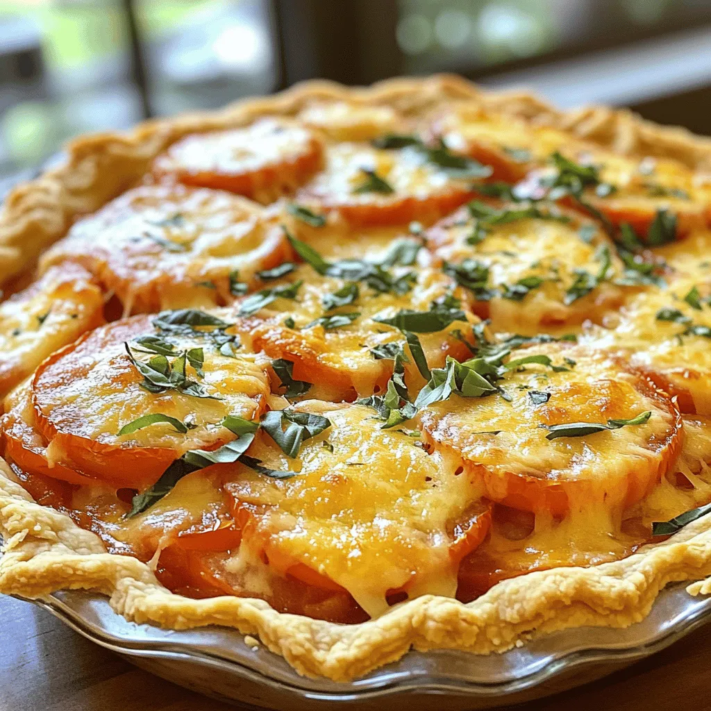 Grandma’s 2-Step Tomato Pie is a simple dish. It uses fresh tomatoes and cheese. This recipe is quick and easy. It takes just two steps to make. To make this tasty pie, you need: - 1 pre-made pie crust - 4 medium ripe tomatoes, sliced - 1 cup shredded mozzarella cheese - 1 cup mayonnaise - 1/2 cup grated Parmesan cheese - 1 tablespoon fresh basil, chopped - 1 teaspoon garlic powder - Salt and pepper to taste This list covers the basics. Each ingredient adds a special touch. The pie crust holds everything together. The tomatoes give it freshness. The cheese adds creaminess. You can add a bit more flavor with these options: - A pinch of red pepper flakes for heat - Chopped green onions for a fresh crunch - A sprinkle of Italian seasoning for depth These extras can change the taste. They make your pie even more special. Feel free to mix and match! For the full recipe, check the earlier section. First, you need to gather your ingredients. For Grandma’s 2-Step Tomato Pie, you will need: - 1 pre-made pie crust - 4 medium ripe tomatoes, sliced - 1 cup shredded mozzarella cheese - 1 cup mayonnaise - 1/2 cup grated Parmesan cheese - 1 tablespoon fresh basil, chopped - 1 teaspoon garlic powder - Salt and pepper to taste Next, preheat your oven to 375°F (190°C). Take the pie crust and place it in a pie dish. Use a fork to poke a few holes in the bottom. This will stop the crust from bubbling up. Then, layer half of the sliced tomatoes evenly on the crust. Don’t forget to sprinkle salt and pepper over the tomatoes. Now it’s time for the cheese mixture! In a bowl, mix together the mayonnaise, mozzarella, Parmesan, garlic powder, and chopped basil. Stir until everything is well combined. Spread half of this cheese mixture over the tomatoes. Add the rest of the sliced tomatoes on top, then follow with the rest of the cheese mixture. Finally, spread the remaining cheese mixture evenly over the top. Place your pie in the oven and bake for about 30 to 35 minutes. You want it to be golden brown and bubbly. Once done, take it out and let it cool for a few minutes before slicing. To get the best results, use ripe tomatoes. They add great flavor. When mixing the cheese, make sure there are no lumps. This ensures an even texture. If you like more flavor, add extra basil or even some diced onions. Watch the pie closely while it bakes. Ovens can vary. If it looks too brown, cover it with foil for the last few minutes. Enjoy this simple dish as it brings back warm memories of Grandma. For the full recipe, check out the complete instructions! To get the best texture, use ripe tomatoes. They add juiciness and flavor. Slice them evenly. This helps them cook at the same rate. Press the sliced tomatoes lightly with a paper towel. This removes excess moisture. It keeps the pie crust from getting soggy. Want to boost the flavor? Add fresh herbs like thyme or oregano. They give a nice aroma. You can also use a mix of cheeses. Try using sharp cheddar for a tangy taste. A dash of hot sauce can add a kick. Just a little goes a long way. If your pie crust burns, check the oven temperature. Ovens can heat unevenly. It helps to place the pie on the middle rack. If the cheese doesn't brown, try broiling it for a minute. Watch closely to avoid burning. If the pie is too watery, use firmer tomatoes next time. You can also cook the tomatoes a bit before layering them. These tips will help you enjoy Grandma’s 2-Step Tomato Pie to the fullest. For the complete recipe, see the Full Recipe section above. {{image_2}} You can easily make this dish vegetarian. Swap the cheese for plant-based options. Use vegan mayo to keep it light and dairy-free. Add fresh veggies like zucchini or bell peppers for extra flavor. These add color and crunch. Fresh herbs like thyme or parsley also work great. They boost the taste without adding calories. For meat lovers, try adding cooked bacon or ham. Chop it into small pieces and mix it into the cheese blend. You can also use cooked chicken. Shredded rotisserie chicken works well. If you like seafood, consider shrimp or crab. Just make sure to cook them first. These proteins add depth and richness to the pie. Cheese can change the whole flavor of your pie. Try using cheddar for a sharp bite. Feta cheese adds a nice saltiness, while goat cheese gives a creamy texture. If you want something different, use pepper jack for a kick. Mix different cheeses for a unique taste. The cheese choices help you make the dish your own. For the full recipe, check out the details above. To store leftovers, let the pie cool first. Cover the pie with plastic wrap or foil. You can also place it in an airtight container. Store it in the fridge for up to three days. This way, the flavors stay fresh. You can freeze Grandma’s 2-Step Tomato Pie if you want to save some for later. First, let it cool completely. Wrap it tightly in plastic wrap, then in foil. Label it with the date. You can freeze it for up to three months. When you're ready to eat it, just thaw it in the fridge overnight. When reheating, preheat your oven to 350°F (175°C). Place the pie on a baking sheet. Bake for about 15-20 minutes. This helps crisp up the crust. You can also reheat individual slices in the microwave. Just heat for one to two minutes. Enjoy the warm, cheesy goodness! You can serve this pie with a fresh green salad. A simple mix of lettuce, cucumbers, and cherry tomatoes works well. You might also enjoy it with some garlic bread. The bread adds a nice crunch and pairs nicely with the pie's creamy texture. If you want more protein, grilled chicken or a light soup can make a great side dish. Yes, you can prepare the pie ahead of time. You can assemble it in the pie crust, cover it, and store it in the fridge. It will keep well for up to one day. Just remember to bake it when you're ready to serve. If you want to save time, you can also make the filling ahead. Then, just layer it when you're ready to bake. The pie is done when the top is golden brown and bubbly. You can also check by inserting a knife in the center. If it comes out clean, the pie is ready. Let it cool for a few minutes before slicing. This helps the filling set and makes it easier to serve. Enjoy your delicious Grandma’s 2-Step Tomato Pie! This blog post covered the key parts of making Grandma’s 2-Step Tomato Pie. We explored the main and optional ingredients, the step-by-step process, and tips for better results. Variations ensure you can customize it to your taste, while storage tips help keep leftovers fresh. Remember, you can serve it with many sides too! I hope you feel ready to bake this tasty pie. Enjoy the great flavors and share it with friends and family!