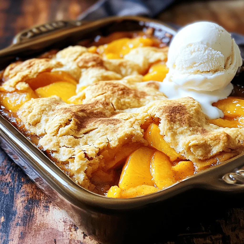 You need 4 cups of fresh peaches. To select ripe peaches, look for these signs: - They should feel soft but not mushy. - The skin should have a nice golden hue. - Smell near the stem; ripe peaches have a sweet scent. If you can find local peaches, they taste best. The flavor of fresh peaches makes this cobbler shine. You can use granulated sugar or brown sugar in this recipe. Granulated sugar gives a clean sweetness. Brown sugar adds a hint of caramel flavor. You might want to use less sugar if you like it less sweet. Start with 1 cup and adjust based on your taste. The Bisquick mix is key to making this cobbler easy. It creates a fluffy crust without extra fuss. Lemon juice adds brightness to the peaches. It helps balance the sweetness. Cinnamon brings warmth and depth to the dish. Just 1/2 teaspoon is enough to lift the flavors. For the full recipe, check the link above. To start, wash the peaches under cool water. Now, let's peel them. A sharp knife works best for this. Cut a small slit at the top of each peach. Then, use your fingers to peel the skin away. If you find it hard, you can blanch them in hot water for a minute. This makes peeling easier. Next, slice the peaches into thin pieces. Aim for slices about a half-inch thick. Once sliced, put them in a bowl. Add half a cup of sugar and lemon juice. Stir gently to coat the peaches. Let them sit for about ten minutes. This allows the peaches to release their sweet juices, which makes the cobbler even better. Grab another bowl for the batter. Add the Bisquick mix and the rest of the sugar. Whisk these together well. Then, pour in the milk and melted butter. Don't forget the vanilla extract and a pinch of salt. Mix until it is smooth. The batter should be thick but pourable. If it feels too thick, add a splash more milk. Now, it’s time to bake! Preheat your oven to 350°F (175°C). Pour the peach mixture into a greased 9x13-inch baking dish. Spread it evenly. Then, pour the batter over the peaches. Do not stir it together. The batter will rise as it bakes. Bake the cobbler for 40 to 45 minutes. Keep an eye on it. The top should turn golden brown. You can check by inserting a toothpick in the center. If it comes out clean, your cobbler is ready. Let it cool for a few minutes before serving. Enjoy your Bisquick peach cobbler, warm and delicious from the oven! For the complete recipe, check out the Full Recipe. To get a great crust, start with the right pan. Use a 9x13-inch baking dish. This size helps the cobbler cook evenly. To avoid a soggy bottom, let the peaches sit with sugar. This step draws out moisture. When you mix the batter, do not overdo it. Just blend until smooth. Butter is key for richness. Use unsalted butter for better control of salt. Melt it before mixing to help it blend in. This adds flavor and keeps the crust flaky. This peach cobbler shines best when served warm. A scoop of vanilla ice cream on top makes it a treat. Whipped cream is also a good choice. It adds a light and fluffy touch. For a nice look, sprinkle a bit of cinnamon or nutmeg on top. Arrange the cobbler on a colorful plate. This adds to the appeal. Serve it right out of the oven for the best taste. One common mistake is not measuring ingredients. Follow the ratios in the Full Recipe closely. Too much or too little can change the texture. Another mistake is over-mixing the batter. Stir just enough to combine. Over-mixing can make the crust tough. Keep it light and simple for a perfect cobbler. {{image_2}} You can switch up the fruit in your cobbler. Berries like blueberries, raspberries, or blackberries work great. Apples also add a nice crunch. Mix different fruits for a fun twist. For example, peaches with blueberries create a tasty blend. Experimenting with fruits can lead to new favorite flavors. Adding spices can elevate your cobbler's taste. A dash of nutmeg brings warmth, while ginger adds a zing. You can also swap vanilla extract for other flavored extracts. Almond or coconut extract can give your cobbler a unique flair. These simple changes make a big difference in flavor. If you need a gluten-free option, use gluten-free Bisquick. This swap allows everyone to enjoy your cobbler. Just keep an eye on the cooking time. Gluten-free mixes can bake a bit faster. Test for doneness by inserting a toothpick. It should come out clean when your cobbler is ready. For more specific instructions, check the Full Recipe. After you enjoy your Bisquick peach cobbler, store the leftovers in the fridge. Place them in an airtight container to keep them fresh. It should stay good for up to three days. If it starts to smell or looks off, toss it out. To enjoy your cobbler again, reheat it in the oven. Preheat the oven to 350°F (175°C). Place the cobbler in an oven-safe dish. Heat for about 15 to 20 minutes until warm. You can also microwave it for a quick option. Just heat for 30 seconds at a time. If you want to freeze it, slice the cobbler and wrap each piece in plastic wrap. Store in a freezer bag. It lasts for up to three months. For easy serving later, freeze individual portions. Use small containers or freezer bags. Make sure to label them with the date. You can also prep the cobbler ahead of time. Just follow the full recipe, but do not bake it. Cover tightly and store in the fridge for one day. This way, you can bake it fresh when you want it. Yes, you can use canned peaches. They are easy and save time. However, fresh peaches have better taste and texture. Canned peaches can be too soft and may add extra juice. If using canned, drain them well to avoid a soggy cobbler. You may need to adjust the sugar too, as canned peaches are often sweetened. Look for a golden brown top. The batter should be firm and not jiggly. A toothpick inserted into the center should come out clean. If the top is brown but the center is wet, bake it a bit longer. Trust your eyes and nose; it should smell sweet and inviting! Yes, you can! You can mix flour, baking powder, and salt to make your own blend. You can also try cake mix as a quick substitute. If you prefer a more complex flavor, consider using oat flour or almond flour. Just adjust the milk to get the right batter consistency. Not all Bisquick is gluten-free. Look for specific gluten-free Bisquick brands. They work well, but the texture may differ a bit. Your cobbler might be a bit denser but still delicious. Always check labels for other gluten sources in your ingredients. This blog post covered a tasty peach cobbler recipe from start to finish. You learned about selecting ripe peaches, using different sugars, and the role of key ingredients like Bisquick, lemon juice, and cinnamon. The step-by-step instructions guide you through preparing and baking the cobbler perfectly while avoiding common mistakes. We shared tips for the ideal crust and serving suggestions that make the dish shine. Finally, you discovered variations, storage options, and answers to common questions. Now, grab your peaches and enjoy making this delicious treat!