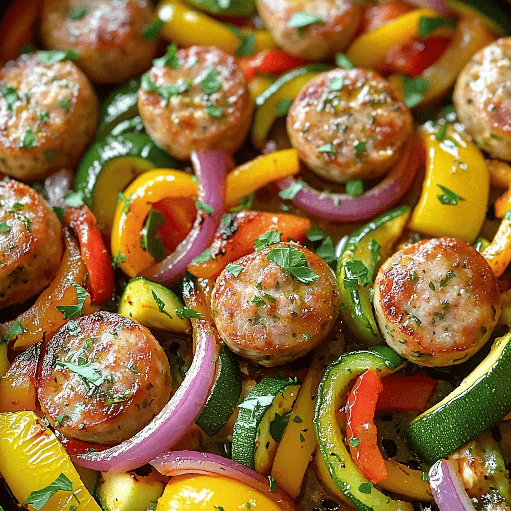 - 2 chicken sausages, sliced into rounds - 1 cup bell peppers (red, yellow, green), cut into strips - 1 cup zucchini, sliced into half-moons - 1 small red onion, cut into wedges - 2 tablespoons olive oil - 1 teaspoon garlic powder - 1 teaspoon Italian seasoning - Salt and pepper to taste - Fresh parsley, chopped (for garnish) When making this dish, choose fresh ingredients. Fresh vegetables add color and flavor. Look for vibrant bell peppers and firm zucchini. This makes your meal more appealing. You can swap chicken sausage for turkey or veggie sausage. These options work well too. For veggies, feel free to mix it up. Use broccoli, asparagus, or carrots based on your taste. To pick fresh vegetables, look for bright colors and no spots. For chicken sausages, choose ones with simple ingredients. Avoid those with too many additives. They taste better and are often healthier. How to preheat the air fryer To start, set your air fryer to 400°F (200°C). Let it preheat for about 3 minutes. This step is key to getting your chicken sausage and veggies crispy. Preparing the vegetables and sausages Next, slice the two chicken sausages into rounds. Grab a large bowl and add the sausage. Then, cut your bell peppers into strips. Toss in 1 cup of bell peppers, 1 cup of zucchini sliced into half-moons, and 1 small red onion cut into wedges. Now, drizzle 2 tablespoons of olive oil over the mixture. Sprinkle in 1 teaspoon of garlic powder, 1 teaspoon of Italian seasoning, and add salt and pepper to taste. Mix everything well so the sausages and veggies get coated evenly. Layering the mixture in the air fryer basket Take the seasoned mixture and place it in the air fryer basket. Make sure you layer it in a single layer. This helps everything cook evenly and crisp up nicely. Ideal cooking time and temperature Cook your mixture at 400°F (200°C) for about 8 to 10 minutes. Shake the basket halfway through. This ensures all sides of the sausage and veggies get that lovely crispiness. Checking for doneness When the time is up, check that the sausages are heated through. The veggies should be tender and slightly charred. This means they are ready to enjoy. Garnishing tips with fresh parsley Remove the basket from the air fryer. Before serving, chop some fresh parsley and sprinkle it on top. This adds a nice touch and fresh flavor to your dish. For the full recipe, you can refer to the [Full Recipe]. - Air fryer placement tips: Place the air fryer on a flat, stable surface. Ensure there’s space around it for airflow. Avoid overcrowding the basket to allow heat to circulate. This will help your sausage and veggies get that desired crunch. - How to prevent sticking: Use a light spray of oil on the basket. This keeps your food from sticking. Tossing the veggies and sausage in olive oil before cooking also adds flavor and helps achieve that crispy texture. - Adding spices for a flavor boost: Enhance your dish with spices like paprika, cumin, or chili powder. A pinch of cayenne can add heat. Always taste as you go, adjusting to your preference. - Homemade seasoning blends: Mix your own seasoning blend. Combine dried herbs like oregano, thyme, and rosemary. This adds depth and makes your dish unique. A little creativity goes a long way in flavor. - Scaling the recipe for batch cooking: You can double or triple the recipe easily. Just make sure to cook in batches. This way, everything cooks evenly and stays crispy. - Reheating tips for leftovers: To reheat, pop the leftovers back in the air fryer. Set it to 350°F (175°C) for about 5 minutes. This restores the crispy texture without making the food soggy. {{image_2}} You can switch up the protein in this dish. Using turkey sausage is a great choice. Turkey sausage is leaner and still tasty. It cooks in about the same time as chicken sausage. If you want a plant-based twist, try vegetarian sausages. They come in many flavors. They add a nice texture and taste, too. Another option is to use tofu or tempeh. - Tofu: Press it first to remove water. Then cut it into cubes. Toss it with the veggies and seasonings. - Tempeh: This protein has a nutty flavor. Slice it and season it like the sausages. The veggies you choose can change the dish’s flavor. Seasonal vegetables work best. In the summer, use fresh corn or cherry tomatoes. In the fall, try squash or Brussels sprouts. You can also use frozen veggies. They are quick and easy to prepare. Just make sure to thaw them first. This helps them cook evenly. - Broccoli, green beans, or carrots are great frozen options. - Mix and match your favorites for a colorful plate. This dish pairs well with many sides. A simple green salad adds freshness. You could also serve it with rice or quinoa for a filling meal. For drinks, a light white wine complements the flavors well. If you prefer non-alcoholic options, try sparkling water with a slice of lemon. Don’t forget to check the Full Recipe for more tips! Store your leftovers in an airtight container. This keeps the chicken sausage and veggies fresh. Place them in the fridge within two hours after cooking. They can stay good for up to three days. If you want to keep them longer, consider freezing them. Portion the dish into freezer-safe bags. Press out as much air as possible before sealing. This helps prevent freezer burn. To reheat, using the air fryer works best. Set it to 350°F (175°C) for about five minutes. This method helps keep the food crispy. Microwaving is also an option, but it may make the veggies soggy. If you want to use the oven, preheat it to 350°F (175°C). Bake for about 10-15 minutes until heated through. The dish lasts about three days in the fridge. If frozen, it can last up to three months. Always check for spoilage before eating. Signs include an off smell or changes in color. If you see mold, discard it right away. Enjoy your meal with peace of mind by storing it properly! For the full recipe, check out the link. You can cook chicken sausages in an air fryer for about 8 to 10 minutes. This timing works well at 400°F (200°C). Make sure to check if they are heated through. The sausages should be firm and golden. Yes, you can use other types of sausages. For pork or beef sausages, you may need 10 to 12 minutes. Cook them at the same temperature, 400°F (200°C). Always check for doneness, as times may vary based on the sausage type. Many vegetables work great in an air fryer. I recommend these: - Bell peppers - Zucchini - Red onion - Broccoli - Carrots - Asparagus These veggies cook quickly and get nice and crispy. You can mix and match based on your taste. Always cut them into even pieces for best cooking. For the full recipe, check out the details above. In this blog post, we explored making a delicious air fryer dish with chicken sausages and fresh veggies. We covered ingredient lists, substitutions, and tips for freshness. The step-by-step instructions make cooking easy, while our tips help you achieve crispy results. Lastly, we discussed variations, storage tips, and answered common questions. Remember, you can mix and match ingredients to suit your taste. Enjoy your cooking adventure, and have fun experimenting!