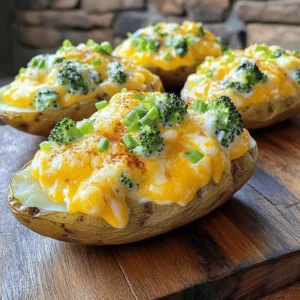 - 4 large russet potatoes - 1 cup fresh broccoli florets, steamed and chopped - 1 ½ cups sharp cheddar cheese, shredded - ½ cup Greek yogurt or sour cream - 2 tablespoons unsalted butter, softened - 2 green onions, chopped - 1 teaspoon garlic powder - Salt and pepper to taste - Optional: a pinch of cayenne pepper for heat When making Broccoli and Cheddar Twice-Baked Potatoes, fresh ingredients shine. Russet potatoes give a fluffy base, while sharp cheddar adds rich flavor. Broccoli brings color and nutrients, making this dish healthy and fun. I love using Greek yogurt for creaminess. It adds tang and cuts fat, too. Don't skip the green onions; they add a nice crunch. - Baking sheet - Mixing bowl - Potato masher - Steamer basket Using the right tools makes cooking easier. A baking sheet helps the potatoes cook evenly. A mixing bowl is essential for combining the filling. A potato masher helps you get a creamy texture. A steamer basket allows the broccoli to cook perfectly without losing nutrients. These tools help you create a delightful dish. You can find the full recipe in the article to guide you through the cooking process. - Preheat your oven to 400°F (200°C). - Scrub the russet potatoes clean. Pierce each potato several times with a fork. - Place the potatoes on a baking sheet. Bake for 45-60 minutes until tender. - While the potatoes bake, steam the broccoli florets for about 4-5 minutes. - Once bright green and tender, chop the broccoli finely and set it aside. - When the potatoes are done, remove them from the oven. Let them cool slightly. - Cut each potato in half lengthwise. Scoop out the flesh into a mixing bowl, leaving a thin shell. - In your mixing bowl, combine the potato flesh, chopped broccoli, and 1 cup of cheddar cheese. - Add Greek yogurt, softened butter, green onions, garlic powder, salt, and pepper. - If you like a kick, add a pinch of cayenne pepper. - Mash everything together until creamy and well combined. Taste the mixture and adjust seasoning if needed. - Refill the potato skins with the mixture, heaping it slightly for a rustic look. - Sprinkle the remaining cheddar cheese over the tops of the stuffed potatoes. - Return the filled potatoes to the oven. Bake for 15-20 minutes until the tops are golden and cheese is bubbly. - Once done, remove from the oven and let cool for a few minutes before serving. For the full recipe, check out the section above. Enjoy these delightful bites! - Ensuring potatoes are fully cooked: Always bake your potatoes until they are soft. A fork should easily pierce through them. This step is key for a smooth filling. Use large russet potatoes for the best results. They have a great flavor and texture. - How to achieve a creamy filling: To get a creamy texture, mash the potato flesh well. Add Greek yogurt or sour cream to make it rich. Mix in cheddar cheese and butter for extra creaminess. Taste your filling and adjust with salt and pepper. - Best ways to store leftovers: After your twice-baked potatoes cool, wrap them in plastic wrap or foil. Place them in an airtight container. They can stay fresh in the fridge for up to three days. - Reheating tips for optimal taste: To reheat, place potatoes in the oven at 350°F (175°C). Bake for about 15-20 minutes until warm. This keeps the skin crispy and the filling soft. You can also microwave them, but the oven gives better results. - Garnishing ideas for serving: For a lovely touch, sprinkle chopped green onions on top. A dash of paprika adds color and flavor. You can also drizzle a bit of olive oil for shine. - Serving suggestions with sides: Pair these potatoes with a fresh salad or steamed veggies. They also go well with grilled chicken or fish. This makes for a hearty meal that everyone will enjoy. {{image_2}} You can change the cheese in this recipe. Try mozzarella for a milder taste. You can also use pepper jack for some heat. If you want to switch the Greek yogurt, sour cream works well, too. Plain yogurt can be a lighter option. Spices can bring your potatoes to life. A pinch of smoked paprika adds a nice touch. You can also try chili powder for extra warmth. If you like meat, bacon bits can give a savory crunch. Cook the bacon first, then stir it into the filling. Making these potatoes vegetarian is easy. Just skip the bacon bits and stick with the cheese. For gluten-free options, ensure the potato skins are the only base. All the ingredients, including cheese and yogurt, are naturally gluten-free. You can enjoy this dish worry-free! Each serving of broccoli and cheddar twice-baked potatoes contains about 400 calories. - Carbohydrates: 50g - Protein: 15g - Fat: 18g These potatoes are rich in vitamins. They provide a good dose of Vitamin C from broccoli. You also get calcium from cheddar cheese. You can lighten the recipe by making some small swaps. - Use low-fat cheese instead of sharp cheddar. - Replace Greek yogurt with a lower-fat option. - Consider using olive oil instead of butter. These changes can cut calories while keeping flavor. Try to use fresh herbs for taste instead of extra salt. Broccoli and cheddar twice-baked potatoes fit well into meal prep. - You can make a batch at the start of the week. - Store them in the fridge for quick meals. Pair these potatoes with a simple salad or roasted veggies. This adds balance and makes a full meal. If you freeze the leftovers, reheat them in the oven for the best taste. For more ideas, check out the Full Recipe. Can I make this recipe ahead of time? Yes, you can prepare these potatoes a day in advance. Bake the potatoes, scoop them, and mix the filling. Store the filled skins in the fridge. When you are ready to eat, bake them until hot. How can I make this recipe vegetarian? This recipe is already vegetarian! It uses no meat, just veggies and cheese. You can add more vegetables if you like. What can I use instead of cheddar cheese? You can use any cheese you enjoy. Try mozzarella for a milder taste or pepper jack for some spice. Can leftovers be frozen? Yes, you can freeze the leftover potatoes. Wrap each potato well in plastic wrap, then place it in a freezer bag. They keep well for up to three months. What toppings can be added? You can add toppings like crispy bacon bits, sour cream, or extra cheese. Chopped herbs like parsley or chives also work great. How do I know when potatoes are done? Potatoes are done when you can easily pierce them with a fork. They should feel soft inside. Can I use different types of potatoes? You can use other potatoes, like Yukon Gold or red potatoes. Just ensure they are large enough to hold the filling. This recipe shows how to make tasty stuffed potatoes with broccoli and cheese. We discussed ingredients, tools, and step-by-step instructions. You learned tips for perfecting your dish and ideas for variations. This meal is easy, healthy, and great for any occasion. I encourage you to customize it to your taste. Enjoy creating and sharing this satisfying dish!