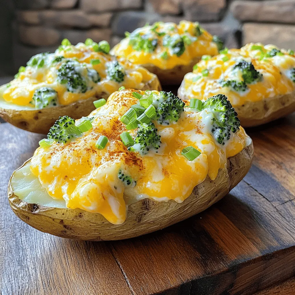 - 4 large russet potatoes - 1 cup fresh broccoli florets, steamed and chopped - 1 ½ cups sharp cheddar cheese, shredded - ½ cup Greek yogurt or sour cream - 2 tablespoons unsalted butter, softened - 2 green onions, chopped - 1 teaspoon garlic powder - Salt and pepper to taste - Optional: a pinch of cayenne pepper for heat When making Broccoli and Cheddar Twice-Baked Potatoes, fresh ingredients shine. Russet potatoes give a fluffy base, while sharp cheddar adds rich flavor. Broccoli brings color and nutrients, making this dish healthy and fun. I love using Greek yogurt for creaminess. It adds tang and cuts fat, too. Don't skip the green onions; they add a nice crunch. - Baking sheet - Mixing bowl - Potato masher - Steamer basket Using the right tools makes cooking easier. A baking sheet helps the potatoes cook evenly. A mixing bowl is essential for combining the filling. A potato masher helps you get a creamy texture. A steamer basket allows the broccoli to cook perfectly without losing nutrients. These tools help you create a delightful dish. You can find the full recipe in the article to guide you through the cooking process. - Preheat your oven to 400°F (200°C). - Scrub the russet potatoes clean. Pierce each potato several times with a fork. - Place the potatoes on a baking sheet. Bake for 45-60 minutes until tender. - While the potatoes bake, steam the broccoli florets for about 4-5 minutes. - Once bright green and tender, chop the broccoli finely and set it aside. - When the potatoes are done, remove them from the oven. Let them cool slightly. - Cut each potato in half lengthwise. Scoop out the flesh into a mixing bowl, leaving a thin shell. - In your mixing bowl, combine the potato flesh, chopped broccoli, and 1 cup of cheddar cheese. - Add Greek yogurt, softened butter, green onions, garlic powder, salt, and pepper. - If you like a kick, add a pinch of cayenne pepper. - Mash everything together until creamy and well combined. Taste the mixture and adjust seasoning if needed. - Refill the potato skins with the mixture, heaping it slightly for a rustic look. - Sprinkle the remaining cheddar cheese over the tops of the stuffed potatoes. - Return the filled potatoes to the oven. Bake for 15-20 minutes until the tops are golden and cheese is bubbly. - Once done, remove from the oven and let cool for a few minutes before serving. For the full recipe, check out the section above. Enjoy these delightful bites! - Ensuring potatoes are fully cooked: Always bake your potatoes until they are soft. A fork should easily pierce through them. This step is key for a smooth filling. Use large russet potatoes for the best results. They have a great flavor and texture. - How to achieve a creamy filling: To get a creamy texture, mash the potato flesh well. Add Greek yogurt or sour cream to make it rich. Mix in cheddar cheese and butter for extra creaminess. Taste your filling and adjust with salt and pepper. - Best ways to store leftovers: After your twice-baked potatoes cool, wrap them in plastic wrap or foil. Place them in an airtight container. They can stay fresh in the fridge for up to three days. - Reheating tips for optimal taste: To reheat, place potatoes in the oven at 350°F (175°C). Bake for about 15-20 minutes until warm. This keeps the skin crispy and the filling soft. You can also microwave them, but the oven gives better results. - Garnishing ideas for serving: For a lovely touch, sprinkle chopped green onions on top. A dash of paprika adds color and flavor. You can also drizzle a bit of olive oil for shine. - Serving suggestions with sides: Pair these potatoes with a fresh salad or steamed veggies. They also go well with grilled chicken or fish. This makes for a hearty meal that everyone will enjoy. {{image_2}} You can change the cheese in this recipe. Try mozzarella for a milder taste. You can also use pepper jack for some heat. If you want to switch the Greek yogurt, sour cream works well, too. Plain yogurt can be a lighter option. Spices can bring your potatoes to life. A pinch of smoked paprika adds a nice touch. You can also try chili powder for extra warmth. If you like meat, bacon bits can give a savory crunch. Cook the bacon first, then stir it into the filling. Making these potatoes vegetarian is easy. Just skip the bacon bits and stick with the cheese. For gluten-free options, ensure the potato skins are the only base. All the ingredients, including cheese and yogurt, are naturally gluten-free. You can enjoy this dish worry-free! Each serving of broccoli and cheddar twice-baked potatoes contains about 400 calories. - Carbohydrates: 50g - Protein: 15g - Fat: 18g These potatoes are rich in vitamins. They provide a good dose of Vitamin C from broccoli. You also get calcium from cheddar cheese. You can lighten the recipe by making some small swaps. - Use low-fat cheese instead of sharp cheddar. - Replace Greek yogurt with a lower-fat option. - Consider using olive oil instead of butter. These changes can cut calories while keeping flavor. Try to use fresh herbs for taste instead of extra salt. Broccoli and cheddar twice-baked potatoes fit well into meal prep. - You can make a batch at the start of the week. - Store them in the fridge for quick meals. Pair these potatoes with a simple salad or roasted veggies. This adds balance and makes a full meal. If you freeze the leftovers, reheat them in the oven for the best taste. For more ideas, check out the Full Recipe. Can I make this recipe ahead of time? Yes, you can prepare these potatoes a day in advance. Bake the potatoes, scoop them, and mix the filling. Store the filled skins in the fridge. When you are ready to eat, bake them until hot. How can I make this recipe vegetarian? This recipe is already vegetarian! It uses no meat, just veggies and cheese. You can add more vegetables if you like. What can I use instead of cheddar cheese? You can use any cheese you enjoy. Try mozzarella for a milder taste or pepper jack for some spice. Can leftovers be frozen? Yes, you can freeze the leftover potatoes. Wrap each potato well in plastic wrap, then place it in a freezer bag. They keep well for up to three months. What toppings can be added? You can add toppings like crispy bacon bits, sour cream, or extra cheese. Chopped herbs like parsley or chives also work great. How do I know when potatoes are done? Potatoes are done when you can easily pierce them with a fork. They should feel soft inside. Can I use different types of potatoes? You can use other potatoes, like Yukon Gold or red potatoes. Just ensure they are large enough to hold the filling. This recipe shows how to make tasty stuffed potatoes with broccoli and cheese. We discussed ingredients, tools, and step-by-step instructions. You learned tips for perfecting your dish and ideas for variations. This meal is easy, healthy, and great for any occasion. I encourage you to customize it to your taste. Enjoy creating and sharing this satisfying dish!
