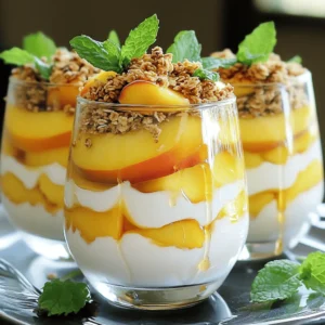 - 4 ripe peaches, pitted and sliced - 1 cup Greek yogurt - 2 tablespoons honey - 1 teaspoon vanilla extract - 1/2 teaspoon cinnamon - 1 cup granola - Fresh mint leaves for garnish Fresh Peach Delight needs ripe peaches for the best taste. Look for peaches that feel soft but not mushy. Their sweet juice makes the dish shine. Greek yogurt adds creaminess and protein. Honey brings sweetness; adjust it based on your taste. Vanilla extract gives a warm flavor, while cinnamon adds a nice spice. Granola gives a crunchy texture and fun contrast. Finally, fresh mint leaves brighten the dessert and add a lovely touch. This mix of flavors makes every bite a delight. Enjoy the process of gathering all these ingredients and feel the excitement as you prepare this tasty treat! - Combine Greek yogurt, honey, vanilla extract, and cinnamon in a bowl. - Mix until smooth and creamy. To start, grab a medium bowl. Add one cup of Greek yogurt. Next, pour in two tablespoons of honey. Then, add one teaspoon of vanilla extract. Finally, sprinkle in half a teaspoon of cinnamon. Mix everything well. You want a smooth and creamy texture. This mixture will be the base of your dessert. - Layer the yogurt mixture, peaches, and granola. - Repeat the layers until glasses are filled. Now, take your serving glasses or bowls. Start by adding a layer of your yogurt mixture at the bottom. Next, take your sliced peaches and add a layer on top of the yogurt. After that, sprinkle a layer of granola for crunch. Keep repeating these layers. Finish with a layer of yogurt on top. This will create a beautiful and tasty dessert. - Top with additional peach slices, honey drizzle, and mint leaves. - Serve immediately or chill. For the final touch, add a few more peach slices on top. Drizzle some honey for extra sweetness. You can also add fresh mint leaves for a pop of color. Serve your Fresh Peach Delight right away. If you prefer, chill it in the fridge for 30 minutes. This enhances the flavors and makes it even better. Enjoy this simple and tasty dessert! Look for ripe, fragrant peaches. They should feel slightly soft when you press them. Good peaches have a sweet smell that shows they are ready to eat. Peaches may vary in color. Aim for a nice blend of yellow and red hues. This mix means they are ripe and full of flavor. The sweetness of peaches can change. If your peaches are very sweet, you may need less honey. If they are a bit tart, add more honey to balance the flavor. Always taste your yogurt mixture. Adjust the honey to your liking for the perfect dessert. Use clear serving dishes for your Peach Delight. This way, guests can see the pretty layers. You can use glasses or small bowls. Layer the yogurt, peaches, and granola neatly. Finish with peach slices, a drizzle of honey, and a mint leaf on top. This adds color and makes it look fancy. Enjoy your beautiful creation! {{image_2}} You can switch up the yogurt in this recipe. Try dairy-free yogurt if you're lactose intolerant. Flavored yogurts like peach or vanilla can add a fun twist. Just remember, the taste will change with the yogurt you choose. Enhance your Fresh Peach Delight by adding extras. Fresh berries, like strawberries or blueberries, pair well with peaches. Nuts, such as almonds or walnuts, can add crunch and flavor. You can even sprinkle in chocolate chips for a sweet surprise. Mix and match to find your favorite combination. For a fun twist, make a layered parfait. Use tall glasses to show off the colorful layers. Start with yogurt, then add peaches and granola. Repeat until the glass is full. This adds a nice visual touch and makes serving easy. Enjoy the layers in every bite! Keep your Fresh Peach Delight in airtight containers. Place them in the refrigerator. This helps keep the flavors fresh and the texture nice. It's best to enjoy this dessert within 1-2 days. This way, you get the best taste and texture. After two days, the peaches may lose their crunch. If you want to save some for later, consider freezing layers separately. You can freeze the yogurt mixture, peaches, and granola in different bags. This makes it easy to assemble when you are ready to enjoy it again. Yes, but adjust sweetness and texture accordingly. Canned peaches can be softer and sweeter. Drain them well before use. Taste your canned peaches first. You may need less honey in the recipe. Best enjoyed fresh, but can last up to 2 days in the fridge. Keep it covered to prevent it from drying out. The yogurt may separate a bit after storage. Just stir it before serving again. Yes, by replacing yogurt and honey with plant-based alternatives. Use coconut yogurt or almond yogurt for creaminess. For sweetness, try maple syrup or agave nectar. This makes a tasty dessert for everyone! This dessert combines fresh peaches, Greek yogurt, and granola for a tasty treat. You now know how to prepare it step-by-step, choose the best peaches, and customize flavors. Feel free to explore variations and add your favorites like nuts or berries. Remember to store leftovers properly for the best taste. This easy dessert can impress your friends and family. Enjoy making and sharing this delightful recipe!