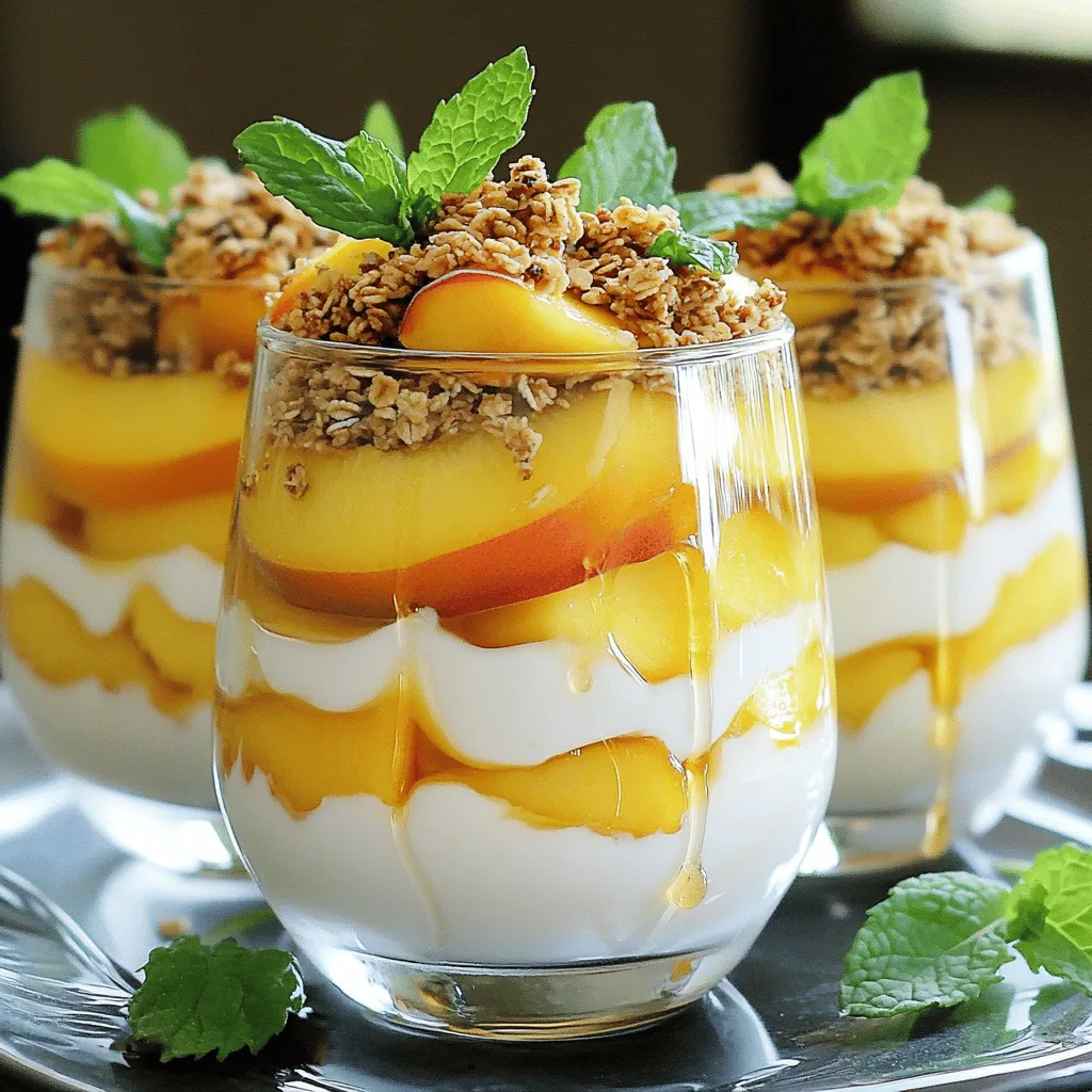 - 4 ripe peaches, pitted and sliced - 1 cup Greek yogurt - 2 tablespoons honey - 1 teaspoon vanilla extract - 1/2 teaspoon cinnamon - 1 cup granola - Fresh mint leaves for garnish Fresh Peach Delight needs ripe peaches for the best taste. Look for peaches that feel soft but not mushy. Their sweet juice makes the dish shine. Greek yogurt adds creaminess and protein. Honey brings sweetness; adjust it based on your taste. Vanilla extract gives a warm flavor, while cinnamon adds a nice spice. Granola gives a crunchy texture and fun contrast. Finally, fresh mint leaves brighten the dessert and add a lovely touch. This mix of flavors makes every bite a delight. Enjoy the process of gathering all these ingredients and feel the excitement as you prepare this tasty treat! - Combine Greek yogurt, honey, vanilla extract, and cinnamon in a bowl. - Mix until smooth and creamy. To start, grab a medium bowl. Add one cup of Greek yogurt. Next, pour in two tablespoons of honey. Then, add one teaspoon of vanilla extract. Finally, sprinkle in half a teaspoon of cinnamon. Mix everything well. You want a smooth and creamy texture. This mixture will be the base of your dessert. - Layer the yogurt mixture, peaches, and granola. - Repeat the layers until glasses are filled. Now, take your serving glasses or bowls. Start by adding a layer of your yogurt mixture at the bottom. Next, take your sliced peaches and add a layer on top of the yogurt. After that, sprinkle a layer of granola for crunch. Keep repeating these layers. Finish with a layer of yogurt on top. This will create a beautiful and tasty dessert. - Top with additional peach slices, honey drizzle, and mint leaves. - Serve immediately or chill. For the final touch, add a few more peach slices on top. Drizzle some honey for extra sweetness. You can also add fresh mint leaves for a pop of color. Serve your Fresh Peach Delight right away. If you prefer, chill it in the fridge for 30 minutes. This enhances the flavors and makes it even better. Enjoy this simple and tasty dessert! Look for ripe, fragrant peaches. They should feel slightly soft when you press them. Good peaches have a sweet smell that shows they are ready to eat. Peaches may vary in color. Aim for a nice blend of yellow and red hues. This mix means they are ripe and full of flavor. The sweetness of peaches can change. If your peaches are very sweet, you may need less honey. If they are a bit tart, add more honey to balance the flavor. Always taste your yogurt mixture. Adjust the honey to your liking for the perfect dessert. Use clear serving dishes for your Peach Delight. This way, guests can see the pretty layers. You can use glasses or small bowls. Layer the yogurt, peaches, and granola neatly. Finish with peach slices, a drizzle of honey, and a mint leaf on top. This adds color and makes it look fancy. Enjoy your beautiful creation! {{image_2}} You can switch up the yogurt in this recipe. Try dairy-free yogurt if you're lactose intolerant. Flavored yogurts like peach or vanilla can add a fun twist. Just remember, the taste will change with the yogurt you choose. Enhance your Fresh Peach Delight by adding extras. Fresh berries, like strawberries or blueberries, pair well with peaches. Nuts, such as almonds or walnuts, can add crunch and flavor. You can even sprinkle in chocolate chips for a sweet surprise. Mix and match to find your favorite combination. For a fun twist, make a layered parfait. Use tall glasses to show off the colorful layers. Start with yogurt, then add peaches and granola. Repeat until the glass is full. This adds a nice visual touch and makes serving easy. Enjoy the layers in every bite! Keep your Fresh Peach Delight in airtight containers. Place them in the refrigerator. This helps keep the flavors fresh and the texture nice. It's best to enjoy this dessert within 1-2 days. This way, you get the best taste and texture. After two days, the peaches may lose their crunch. If you want to save some for later, consider freezing layers separately. You can freeze the yogurt mixture, peaches, and granola in different bags. This makes it easy to assemble when you are ready to enjoy it again. Yes, but adjust sweetness and texture accordingly. Canned peaches can be softer and sweeter. Drain them well before use. Taste your canned peaches first. You may need less honey in the recipe. Best enjoyed fresh, but can last up to 2 days in the fridge. Keep it covered to prevent it from drying out. The yogurt may separate a bit after storage. Just stir it before serving again. Yes, by replacing yogurt and honey with plant-based alternatives. Use coconut yogurt or almond yogurt for creaminess. For sweetness, try maple syrup or agave nectar. This makes a tasty dessert for everyone! This dessert combines fresh peaches, Greek yogurt, and granola for a tasty treat. You now know how to prepare it step-by-step, choose the best peaches, and customize flavors. Feel free to explore variations and add your favorites like nuts or berries. Remember to store leftovers properly for the best taste. This easy dessert can impress your friends and family. Enjoy making and sharing this delightful recipe!