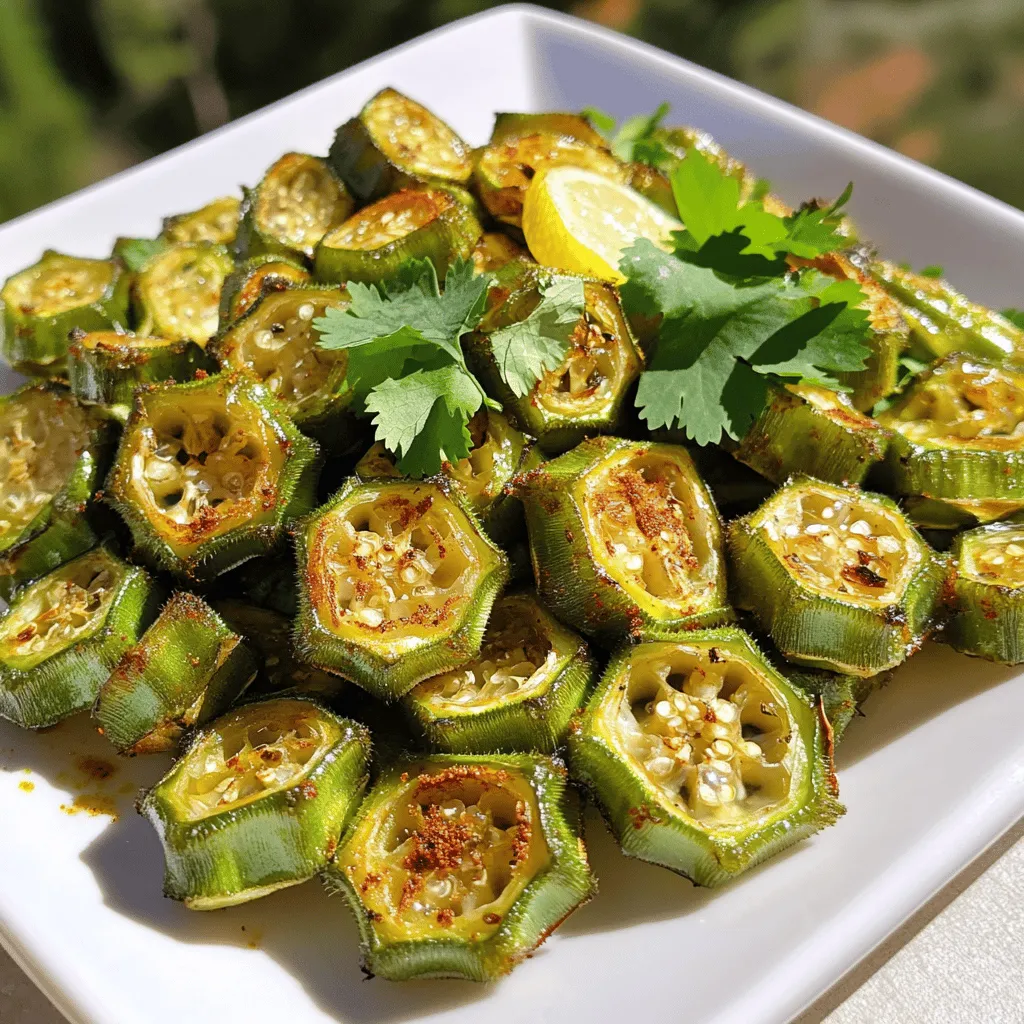 - 1 lb fresh okra, trimmed and halved - 2 tablespoons olive oil - 1 teaspoon garlic powder - 1 teaspoon smoked paprika - 1/2 teaspoon cumin - 1/2 teaspoon cayenne pepper (adjust for spice level) - Salt and black pepper to taste - 1 tablespoon lemon juice - Fresh cilantro for garnish (optional) Fresh okra is the star of this dish. Choose firm, bright green pods for the best taste. Olive oil helps the spices stick and gives a nice crisp. Garlic powder adds savory depth. For spices, smoked paprika brings warmth while cumin adds earthy notes. Cayenne pepper gives a kick, so adjust that based on your taste. Salt and black pepper enhance all flavors. A splash of lemon juice at the end brightens everything up. You can garnish with fresh cilantro for a splash of color and fresh taste. This combination creates a tasty roasted okra that you will love. For the full recipe, check out the Crunchy Spiced Roasted Okra section. - Preheat the oven: Start by setting your oven to 400°F (200°C). This high heat helps the okra get crispy. - Trim and halve the okra: Take 1 pound of fresh okra. Trim both ends, then cut each piece in half lengthwise. This helps the spices stick well. - Combine okra and spices: In a big bowl, add the halved okra. Pour in 2 tablespoons of olive oil, 1 teaspoon of garlic powder, 1 teaspoon of smoked paprika, 1/2 teaspoon of cumin, and 1/2 teaspoon of cayenne pepper. Add salt and black pepper to taste. - Ensure even coating: Toss everything together until the okra is fully coated with the oil and spices. This step is key to getting great flavor in every bite. - Arrange on a baking sheet: Line a baking sheet with parchment paper. Spread the spiced okra in a single layer. This helps them roast evenly. - Roast and monitor cooking time: Place the baking sheet in the oven. Roast for 20-25 minutes. Stir the okra halfway through to make sure they cook evenly. Watch for a golden color and tenderness. Once done, remove them and drizzle with lemon juice. Toss gently to mix. You can find the Full Recipe with more tips on how to enjoy this dish! To get the best roasted okra, aim for a high cooking temperature. Preheat your oven to 400°F (200°C). This heat makes the okra crispy. Remember, spreading the okra in a single layer is key. This way, every piece gets hot air and cooks evenly. If you crowd the pan, they will steam instead of roast. Want to spice things up? Try different spices! You can add onion powder or even curry powder for a new twist. If you like heat, adjust the cayenne pepper. Start with a small amount and taste as you go. This lets you control the spice level to suit your taste. For serving, consider adding a tasty dipping sauce. A spicy yogurt dip pairs well with the roasted okra. You can also sprinkle fresh cilantro on top. It adds color and a fresh taste. These small touches make your dish look great and taste even better. Check out the Full Recipe for more details! {{image_2}} You can change the taste of roasted okra by using different spices. For a Mediterranean twist, mix in herbs like oregano and thyme. You can also add some lemon zest for extra brightness. For an Asian-inspired flavor, try using soy sauce and sesame oil. A sprinkle of sesame seeds on top can give it a nice crunch. These options let you play with flavors and make your dish unique. Air frying is a great way to cook okra quickly. It gives you that crunchy texture without using much oil. Set your air fryer to 375°F (190°C) and cook for about 15 minutes. Shake the basket halfway through to ensure even cooking. If you want a smoky flavor, try grilling the okra. Brush it lightly with oil and grill on medium heat for about 5-7 minutes. Grilling adds a nice char that enhances the taste. If you are gluten-free, you can enjoy this roasted okra without worry. The ingredients listed are naturally gluten-free. For a vegan-friendly option, just skip the lemon juice garnish or replace it with your favorite vegan sauce. Roasted okra is a healthy side dish that fits many diets. The Full Recipe makes it easy to adapt to your needs while keeping it delicious. To keep your roasted okra fresh, follow these simple steps. First, allow the okra to cool completely after cooking. This helps prevent moisture buildup. Next, place the leftovers in an airtight container. This keeps them from drying out. Store the container in the fridge. Roasted okra can last up to three days in the fridge. When you want to enjoy roasted okra again, choose the best method. The oven is great for reheating. Preheat the oven to 350°F (175°C). Spread the okra on a baking sheet and heat for about 10 minutes. This method helps keep the okra crispy. If you're in a hurry, you can use the microwave. Heat in short bursts of 30 seconds, but this may make the okra softer. If you want to save some roasted okra for later, freezing works well. First, let the okra cool completely. Then, lay the pieces on a baking sheet in a single layer. Freeze them for about an hour. Afterward, transfer the frozen okra to a freezer bag, removing as much air as possible. For best quality, use it within three months. To thaw, place it in the fridge overnight. Reheat in the oven to maintain that crunchy texture. For the full recipe, check out the instructions above. Enjoy your cooking! The best way to prepare okra is to roast it. Roasting brings out the natural flavor and makes it crispy. Here are some cooking methods you can try: - Oven Roasting: This is the easiest way. Toss the okra in oil and spices, then roast at 400°F (200°C). - Air Frying: If you want a quick method, use an air fryer. It cooks the okra faster and keeps it crispy. - Grilling: Grilling adds a smoky flavor. Just toss the okra on the grill and cook until tender. Each method gives you a tasty dish. Experiment to find which you like best. Roasted okra can last about 3 to 5 days in the fridge. To keep it fresh, store it in an airtight container. Here are some shelf life tips: - Cool it down first: Let the okra cool before putting it in the fridge. - Don’t mix with dips: Keep dips separate to avoid sogginess. - Check for signs of spoilage: If it smells bad or looks slimy, throw it away. Following these tips will help you enjoy your roasted okra longer. Yes, you can make roasted okra ahead of time. It’s a great dish for meal prep. Here are some pre-preparation strategies: - Roast the day before: You can roast it a day in advance and store it in the fridge. - Reheat before serving: When ready to eat, reheat in the oven to restore crispiness. - Season just before serving: Add the lemon juice and fresh cilantro right before serving for the best flavor. These steps make it easy to enjoy roasted okra anytime. For the full recipe, check out the Crunchy Spiced Roasted Okra. Roasting okra is simple and fun. You need fresh ingredients like okra, olive oil, and spices. I shared steps to prepare, mix, and roast your okra to perfection. Remember to explore flavor variations and know how to store leftovers. Try different spices and cooking methods to keep things exciting. With these tips, you'll enjoy delicious okra every time. Happy cooking!