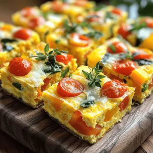 To make delicious Make-Ahead Frittata Squares, you need some key ingredients. Here’s what you will need: - 8 large eggs - 1 cup whole milk - 1 bell pepper (any color), diced - 1 cup spinach, chopped - 1 cup cherry tomatoes, halved - 1 small red onion, finely chopped - 1 cup shredded cheese (such as cheddar or feta) - 1 teaspoon dried oregano - Salt and pepper to taste - Olive oil for greasing These ingredients come together to create a flavorful and nutritious dish. Eggs and milk form the base, while veggies add color and taste. You can use any cheese you like to give it a unique twist. You can easily customize your frittata squares. Consider adding: - Cooked bacon or sausage for a meaty touch - Mushrooms for an earthy flavor - Zucchini or broccoli for extra veggies - Fresh herbs like basil or parsley for a fresh kick Feel free to mix and match these options. The frittata is versatile, so you can create a new version each time. Choosing fresh ingredients makes a big difference. Here are some tips: - Eggs: Look for organic or free-range eggs. They taste better and are often fresher. - Produce: Choose bright, firm vegetables. They should smell fresh and look vibrant. - Cheese: Opt for high-quality cheese. It enriches the flavor of your frittata. By selecting the best ingredients, you elevate your dish. Enjoy making your frittata squares with care and love! Start by gathering all your ingredients. You will need: - 8 large eggs - 1 cup whole milk - 1 bell pepper (any color), diced - 1 cup spinach, chopped - 1 cup cherry tomatoes, halved - 1 small red onion, finely chopped - 1 cup shredded cheese (such as cheddar or feta) - 1 teaspoon dried oregano - Salt and pepper to taste - Olive oil for greasing Make sure to wash your veggies well. Chop the bell pepper, spinach, and red onion. Halve the cherry tomatoes. This makes mixing easy later on. Now, let’s cook! Preheat your oven to 375°F (190°C). Grease a 9x13 inch baking dish with olive oil. This will help your frittata not stick. In a large bowl, whisk together the eggs and whole milk until smooth. This is where the magic starts. Next, add the diced bell pepper, chopped spinach, halved cherry tomatoes, and red onion. Mix well. Then, stir in the shredded cheese, dried oregano, salt, and pepper. Make sure all ingredients are combined. Pour this mixture into your greased baking dish. Spread it out evenly. Bake in the oven for 25-30 minutes. Look for lightly golden edges. A knife inserted in the center should come out clean. Once done, remove it from the oven. Let it cool for about 10 minutes. After cooling, it’s time to cut. Use a sharp knife to slice the frittata into squares. You can make them as big or small as you like. Serve the frittata squares on a platter. Garnish with fresh herbs, if you want. You can add a side of salsa or avocado for extra flavor. Enjoy your hassle-free meal! For detailed instructions, check the Full Recipe. Avoid overcooking your frittata. If it cooks too long, it can become dry. Check it around the 25-minute mark. Use a knife to see if it comes out clean. If it does, your frittata is ready. Make sure to grease the pan well to prevent sticking. No one likes a frittata that won’t come out of the dish! If you make a thicker frittata, it may need more time. Check for doneness by inserting a knife into the center. An extra five minutes may be needed for larger portions. If your oven runs hot, lower the temperature slightly to avoid burning. Adjusting cooking time helps you get that perfect texture. Whisk the eggs and milk together well to add air. This helps create a light and fluffy texture. You can also add a touch of baking powder for extra fluffiness. Mixing in fresh veggies adds moisture, which keeps the frittata soft. Remember to let the frittata cool before cutting. This helps it hold its shape better. For the best results, serve it warm with your favorite sauce. Check out the Full Recipe for more detailed steps! {{image_2}} For a vegetarian frittata, simply skip any meat. You can add more veggies instead. Try mushrooms, zucchini, or asparagus for extra flavor. If you want a vegan option, use tofu instead of eggs. Blend firm tofu with some nutritional yeast. This gives a cheesy flavor without dairy. Mix and match flavors to make your frittata unique. Here are some ideas: - Mediterranean: Add olives, artichokes, and feta cheese. - Southwestern: Use corn, black beans, and spices like cumin. - Italian: Try sun-dried tomatoes, basil, and mozzarella. These combinations make each batch fun and exciting. This recipe is already gluten-free since it uses no flour. However, always check labels on your cheese and any add-ins. If you want to add a crust, use gluten-free bread or a chickpea flour base. This keeps your frittata tasty and safe for those with gluten sensitivities. Don't forget to check the Full Recipe for more details! To keep your frittata squares fresh, store them in an airtight container. This helps prevent drying out. You can enjoy them up to five days in the fridge. Just make sure they are completely cool before sealing them. This keeps the texture nice and tasty. When you're ready to eat, simply take out as many squares as you want. If you want to save frittata squares for later, freezing is a great option. Cut the squares into portions before freezing. Wrap each square tightly in plastic wrap, then place them in a freezer bag. Label the bag with the date. When you are ready to eat, thaw them overnight in the fridge. To heat, pop them in the microwave for about 1-2 minutes. You can also reheat them in the oven at 350°F (175°C) for about 10-15 minutes. Frittata squares stored in the fridge last about five days. In the freezer, they can last up to three months. Remember to check for any signs of freezer burn before using. Keeping track of dates helps you enjoy them at their best. If you notice any off smells or colors, it’s best to toss them. Enjoy your frittata squares anytime with these easy storage tips! You can store frittata squares in the fridge for up to five days. Keep them in an airtight container. If you want to keep them longer, freeze them. They can last for about three months in the freezer. Just thaw them in the fridge before reheating. Yes, you can make frittata squares the night before! Preparing them ahead saves time in the morning. Just bake them, let them cool, and store in the fridge. In the morning, you can simply heat them up for a quick breakfast. Frittata squares pair well with many sides. Try serving them with fresh fruit or a light salad. You can also add avocado slices or a dollop of salsa for extra flavor. For a drink, a glass of fresh juice or coffee complements them nicely. For the full recipe, check out the detailed instructions and tips for making your frittata squares shine! Make-ahead frittata squares are easy and fun to make. We covered key ingredients and tips for quality. You can always customize your frittata with optional add-ins or variations. I shared helpful cooking steps and how to avoid common mistakes. Storing these squares properly can extend their shelf life, so you enjoy them longer. Keep experimenting with flavors and options to find what you love. These tasty squares will surely be a hit for breakfast or snacks. Enjoy cooking and share your results!