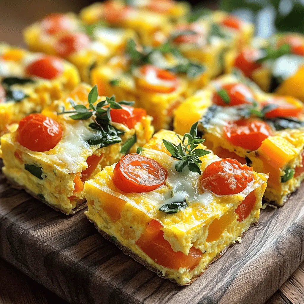 To make delicious Make-Ahead Frittata Squares, you need some key ingredients. Here’s what you will need: - 8 large eggs - 1 cup whole milk - 1 bell pepper (any color), diced - 1 cup spinach, chopped - 1 cup cherry tomatoes, halved - 1 small red onion, finely chopped - 1 cup shredded cheese (such as cheddar or feta) - 1 teaspoon dried oregano - Salt and pepper to taste - Olive oil for greasing These ingredients come together to create a flavorful and nutritious dish. Eggs and milk form the base, while veggies add color and taste. You can use any cheese you like to give it a unique twist. You can easily customize your frittata squares. Consider adding: - Cooked bacon or sausage for a meaty touch - Mushrooms for an earthy flavor - Zucchini or broccoli for extra veggies - Fresh herbs like basil or parsley for a fresh kick Feel free to mix and match these options. The frittata is versatile, so you can create a new version each time. Choosing fresh ingredients makes a big difference. Here are some tips: - Eggs: Look for organic or free-range eggs. They taste better and are often fresher. - Produce: Choose bright, firm vegetables. They should smell fresh and look vibrant. - Cheese: Opt for high-quality cheese. It enriches the flavor of your frittata. By selecting the best ingredients, you elevate your dish. Enjoy making your frittata squares with care and love! Start by gathering all your ingredients. You will need: - 8 large eggs - 1 cup whole milk - 1 bell pepper (any color), diced - 1 cup spinach, chopped - 1 cup cherry tomatoes, halved - 1 small red onion, finely chopped - 1 cup shredded cheese (such as cheddar or feta) - 1 teaspoon dried oregano - Salt and pepper to taste - Olive oil for greasing Make sure to wash your veggies well. Chop the bell pepper, spinach, and red onion. Halve the cherry tomatoes. This makes mixing easy later on. Now, let’s cook! Preheat your oven to 375°F (190°C). Grease a 9x13 inch baking dish with olive oil. This will help your frittata not stick. In a large bowl, whisk together the eggs and whole milk until smooth. This is where the magic starts. Next, add the diced bell pepper, chopped spinach, halved cherry tomatoes, and red onion. Mix well. Then, stir in the shredded cheese, dried oregano, salt, and pepper. Make sure all ingredients are combined. Pour this mixture into your greased baking dish. Spread it out evenly. Bake in the oven for 25-30 minutes. Look for lightly golden edges. A knife inserted in the center should come out clean. Once done, remove it from the oven. Let it cool for about 10 minutes. After cooling, it’s time to cut. Use a sharp knife to slice the frittata into squares. You can make them as big or small as you like. Serve the frittata squares on a platter. Garnish with fresh herbs, if you want. You can add a side of salsa or avocado for extra flavor. Enjoy your hassle-free meal! For detailed instructions, check the Full Recipe. Avoid overcooking your frittata. If it cooks too long, it can become dry. Check it around the 25-minute mark. Use a knife to see if it comes out clean. If it does, your frittata is ready. Make sure to grease the pan well to prevent sticking. No one likes a frittata that won’t come out of the dish! If you make a thicker frittata, it may need more time. Check for doneness by inserting a knife into the center. An extra five minutes may be needed for larger portions. If your oven runs hot, lower the temperature slightly to avoid burning. Adjusting cooking time helps you get that perfect texture. Whisk the eggs and milk together well to add air. This helps create a light and fluffy texture. You can also add a touch of baking powder for extra fluffiness. Mixing in fresh veggies adds moisture, which keeps the frittata soft. Remember to let the frittata cool before cutting. This helps it hold its shape better. For the best results, serve it warm with your favorite sauce. Check out the Full Recipe for more detailed steps! {{image_2}} For a vegetarian frittata, simply skip any meat. You can add more veggies instead. Try mushrooms, zucchini, or asparagus for extra flavor. If you want a vegan option, use tofu instead of eggs. Blend firm tofu with some nutritional yeast. This gives a cheesy flavor without dairy. Mix and match flavors to make your frittata unique. Here are some ideas: - Mediterranean: Add olives, artichokes, and feta cheese. - Southwestern: Use corn, black beans, and spices like cumin. - Italian: Try sun-dried tomatoes, basil, and mozzarella. These combinations make each batch fun and exciting. This recipe is already gluten-free since it uses no flour. However, always check labels on your cheese and any add-ins. If you want to add a crust, use gluten-free bread or a chickpea flour base. This keeps your frittata tasty and safe for those with gluten sensitivities. Don't forget to check the Full Recipe for more details! To keep your frittata squares fresh, store them in an airtight container. This helps prevent drying out. You can enjoy them up to five days in the fridge. Just make sure they are completely cool before sealing them. This keeps the texture nice and tasty. When you're ready to eat, simply take out as many squares as you want. If you want to save frittata squares for later, freezing is a great option. Cut the squares into portions before freezing. Wrap each square tightly in plastic wrap, then place them in a freezer bag. Label the bag with the date. When you are ready to eat, thaw them overnight in the fridge. To heat, pop them in the microwave for about 1-2 minutes. You can also reheat them in the oven at 350°F (175°C) for about 10-15 minutes. Frittata squares stored in the fridge last about five days. In the freezer, they can last up to three months. Remember to check for any signs of freezer burn before using. Keeping track of dates helps you enjoy them at their best. If you notice any off smells or colors, it’s best to toss them. Enjoy your frittata squares anytime with these easy storage tips! You can store frittata squares in the fridge for up to five days. Keep them in an airtight container. If you want to keep them longer, freeze them. They can last for about three months in the freezer. Just thaw them in the fridge before reheating. Yes, you can make frittata squares the night before! Preparing them ahead saves time in the morning. Just bake them, let them cool, and store in the fridge. In the morning, you can simply heat them up for a quick breakfast. Frittata squares pair well with many sides. Try serving them with fresh fruit or a light salad. You can also add avocado slices or a dollop of salsa for extra flavor. For a drink, a glass of fresh juice or coffee complements them nicely. For the full recipe, check out the detailed instructions and tips for making your frittata squares shine! Make-ahead frittata squares are easy and fun to make. We covered key ingredients and tips for quality. You can always customize your frittata with optional add-ins or variations. I shared helpful cooking steps and how to avoid common mistakes. Storing these squares properly can extend their shelf life, so you enjoy them longer. Keep experimenting with flavors and options to find what you love. These tasty squares will surely be a hit for breakfast or snacks. Enjoy cooking and share your results!