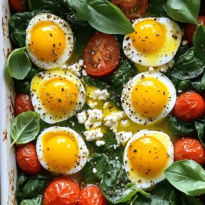 - 200g feta cheese - 4 large eggs - 2 cups fresh spinach - 1 cup cherry tomatoes - Olive oil and seasonings - Optional garnishes For this baked feta eggs recipe, you start with feta cheese. This cheese adds a rich, creamy taste. Next, you need fresh spinach. It gives the dish a healthy green boost. Cherry tomatoes add a sweet burst of flavor. Together, these main ingredients create a colorful and tasty meal. You also need olive oil to add richness. Salt and pepper are key to bringing out the flavors. Dried oregano adds a nice herbal note. Finally, fresh basil makes a lovely garnish. This dish looks pretty and tastes even better. For the full recipe, follow the steps carefully. Each ingredient plays a role in making baked feta eggs special. Enjoy cooking this easy and delicious dish! 1. Preheat your oven to 375°F (190°C). This step warms your oven for even cooking. 2. Take a baking dish and drizzle 1 tablespoon of olive oil to coat the bottom. This keeps the dish from sticking. 3. Place the crumbled feta cheese in the center of the dish. Spread it out evenly for the best flavor. 4. Arrange the halved cherry tomatoes around the feta. They add color and sweetness. 5. Next, add the chopped spinach on top of the tomatoes. Spinach adds a nice green touch. 6. Drizzle the remaining tablespoon of olive oil over the spinach. This helps it cook well. 7. Sprinkle dried oregano, salt, and pepper to taste. These seasonings really boost the flavor. 1. Make four small wells in the spinach. This is where you will crack the eggs. 2. Carefully crack an egg into each well. Try not to break the yolk for the best look. 3. Season the eggs gently with a bit more salt and pepper. This enhances their taste. 4. Bake your dish in the preheated oven for about 15-20 minutes. The egg whites should set, but the yolks can stay runny. Adjust the time if you want firmer yolks. You can find the complete method in the Full Recipe. Enjoy your delicious Baked Feta Eggs! How to choose the best feta cheese When selecting feta cheese, look for a creamy texture. Fresh feta should have a bright white color. Check for a tangy smell. Avoid feta that looks dry or crumbly. For the best flavor, choose feta packed in brine. This keeps it moist and tasty. Tips for selecting fresh eggs Fresh eggs have a thick white and a firm yolk. Check the sell-by date on the carton. If you can, buy eggs from a local farm. These eggs often taste better. You can also do a float test. Place the egg in water; if it sinks, it's fresh. Adjusting cooking time for runny or firm yolks For runny yolks, bake the eggs for 15 minutes. If you prefer firmer yolks, add 5 more minutes. Keep an eye on them so they don’t overcook. Remember, the eggs continue to cook even after you take them out of the oven. Preventing overcooking the spinach Add the spinach on top of the tomatoes and feta. This helps it cook just right. Avoid cooking it too long. If the spinach wilts but still has some color, it’s perfect. Overcooked spinach can taste bitter. For the full recipe, check out the Baked Feta Eggs with Spinach and Cherry Tomatoes. {{image_2}} You can boost the taste of baked feta eggs with simple add-ins. Start by adding herbs like thyme or rosemary. These herbs give a fresh and fragrant touch. You can also sprinkle in some red pepper flakes for heat. If you like garlic, adding minced garlic can enhance the flavor too. Incorporating different vegetables is a fun way to change this dish. You can swap the spinach for kale or arugula. You might also try bell peppers, zucchini, or mushrooms. Each veggie brings its own taste and texture. Mix and match based on what you have at home. Making baked feta eggs gluten-free is easy. All the main ingredients are naturally gluten-free. Just ensure you check any packaged items. If you want a vegetarian option, you are already in luck! This dish is meat-free. For those who need dairy-free options, use a plant-based feta. Almond or soy-based products work well here. You can also use tofu as a substitute for eggs. Scramble the tofu and add it in place of the eggs to keep it plant-based. For the full recipe, check the main article! After enjoying baked feta eggs, you may have some left. To store them, let the dish cool. Once cool, transfer the leftovers to an airtight container. Store them in the fridge for up to three days. This keeps the eggs and feta fresh. When you want to reheat, use a microwave or oven. If using a microwave, heat on medium for a minute. Check if it's warm enough; if not, heat more. For the oven, preheat it to 350°F (175°C). Heat for about 10 minutes until warm. Reheating in the oven helps keep that yummy texture. If you want to make baked feta eggs in advance, it’s easy. Prepare all the ingredients as stated in the Full Recipe. You can store the mixed ingredients in the fridge for up to a day before baking. This saves time on busy mornings. Freezing is an option too. Prepare the dish but do not bake it. Cover it tightly with foil or plastic wrap. Freeze for up to a month. When you are ready to eat, thaw it overnight in the fridge. Then, bake it as you normally would, enjoying fresh, flavorful baked feta eggs! Yes, you can use other cheeses. Try goat cheese or ricotta for a twist. These options change the flavor and texture. Each cheese gives a different taste. You may need to adjust the amount based on the cheese you choose. Baked feta eggs pair well with many sides. You can serve them with toast, pita, or a salad. A side of roasted potatoes adds a nice crunch. Fresh fruit also makes a great complement. Each choice lifts the dish to new heights. Leftovers of baked feta eggs last about three days in the fridge. Store them in an airtight container to keep them fresh. When you reheat, do it gently in the oven or microwave. This keeps the eggs from becoming rubbery. Enjoy your leftovers for a quick meal! Baked feta eggs are tasty and easy to make. You need just a few simple ingredients like feta, eggs, spinach, and tomatoes. We explored how to prepare and bake them perfectly. I shared tips on selecting fresh ingredients and even ways to add your own twist. Storing leftovers can keep this dish fresh for future meals, too. Try these steps and suggestions for a delicious meal. You won’t be disappointed! Enjoy your cooking experience!