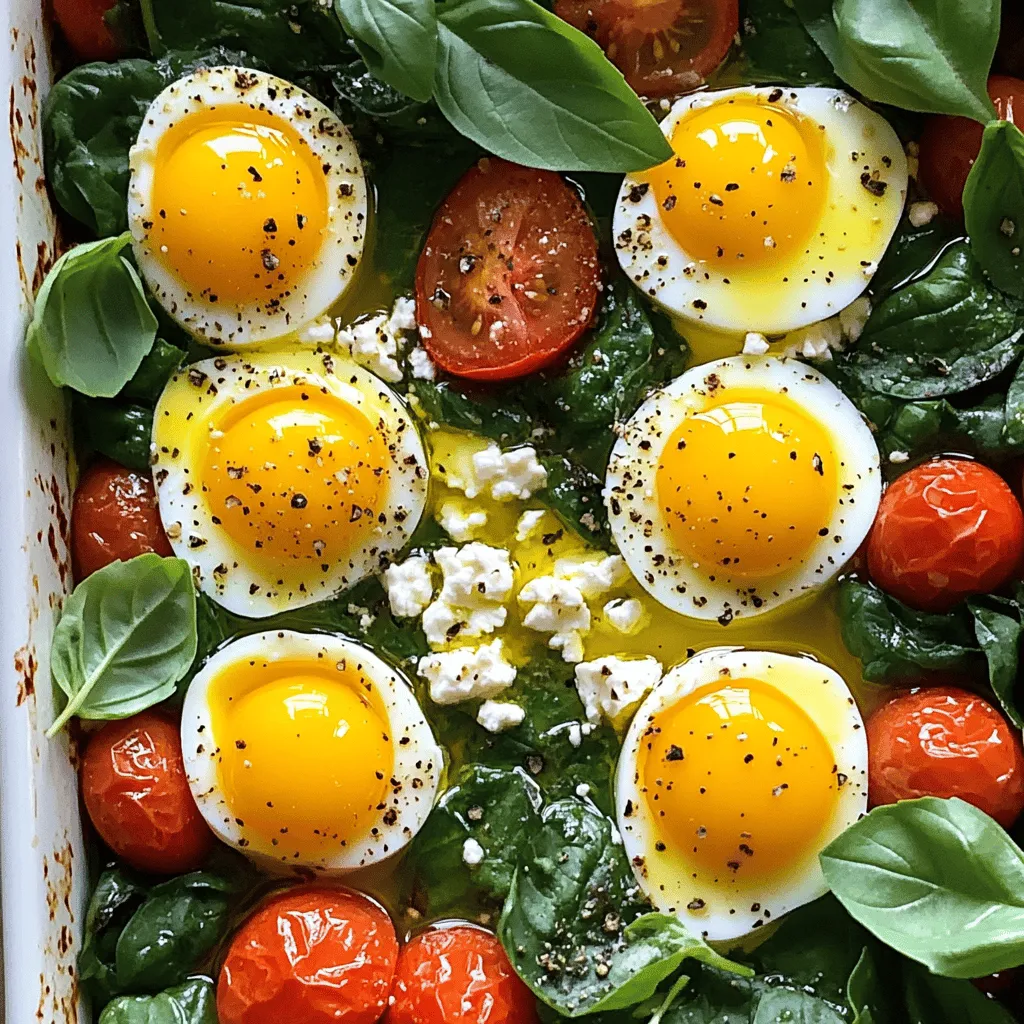 - 200g feta cheese - 4 large eggs - 2 cups fresh spinach - 1 cup cherry tomatoes - Olive oil and seasonings - Optional garnishes For this baked feta eggs recipe, you start with feta cheese. This cheese adds a rich, creamy taste. Next, you need fresh spinach. It gives the dish a healthy green boost. Cherry tomatoes add a sweet burst of flavor. Together, these main ingredients create a colorful and tasty meal. You also need olive oil to add richness. Salt and pepper are key to bringing out the flavors. Dried oregano adds a nice herbal note. Finally, fresh basil makes a lovely garnish. This dish looks pretty and tastes even better. For the full recipe, follow the steps carefully. Each ingredient plays a role in making baked feta eggs special. Enjoy cooking this easy and delicious dish! 1. Preheat your oven to 375°F (190°C). This step warms your oven for even cooking. 2. Take a baking dish and drizzle 1 tablespoon of olive oil to coat the bottom. This keeps the dish from sticking. 3. Place the crumbled feta cheese in the center of the dish. Spread it out evenly for the best flavor. 4. Arrange the halved cherry tomatoes around the feta. They add color and sweetness. 5. Next, add the chopped spinach on top of the tomatoes. Spinach adds a nice green touch. 6. Drizzle the remaining tablespoon of olive oil over the spinach. This helps it cook well. 7. Sprinkle dried oregano, salt, and pepper to taste. These seasonings really boost the flavor. 1. Make four small wells in the spinach. This is where you will crack the eggs. 2. Carefully crack an egg into each well. Try not to break the yolk for the best look. 3. Season the eggs gently with a bit more salt and pepper. This enhances their taste. 4. Bake your dish in the preheated oven for about 15-20 minutes. The egg whites should set, but the yolks can stay runny. Adjust the time if you want firmer yolks. You can find the complete method in the Full Recipe. Enjoy your delicious Baked Feta Eggs! How to choose the best feta cheese When selecting feta cheese, look for a creamy texture. Fresh feta should have a bright white color. Check for a tangy smell. Avoid feta that looks dry or crumbly. For the best flavor, choose feta packed in brine. This keeps it moist and tasty. Tips for selecting fresh eggs Fresh eggs have a thick white and a firm yolk. Check the sell-by date on the carton. If you can, buy eggs from a local farm. These eggs often taste better. You can also do a float test. Place the egg in water; if it sinks, it's fresh. Adjusting cooking time for runny or firm yolks For runny yolks, bake the eggs for 15 minutes. If you prefer firmer yolks, add 5 more minutes. Keep an eye on them so they don’t overcook. Remember, the eggs continue to cook even after you take them out of the oven. Preventing overcooking the spinach Add the spinach on top of the tomatoes and feta. This helps it cook just right. Avoid cooking it too long. If the spinach wilts but still has some color, it’s perfect. Overcooked spinach can taste bitter. For the full recipe, check out the Baked Feta Eggs with Spinach and Cherry Tomatoes. {{image_2}} You can boost the taste of baked feta eggs with simple add-ins. Start by adding herbs like thyme or rosemary. These herbs give a fresh and fragrant touch. You can also sprinkle in some red pepper flakes for heat. If you like garlic, adding minced garlic can enhance the flavor too. Incorporating different vegetables is a fun way to change this dish. You can swap the spinach for kale or arugula. You might also try bell peppers, zucchini, or mushrooms. Each veggie brings its own taste and texture. Mix and match based on what you have at home. Making baked feta eggs gluten-free is easy. All the main ingredients are naturally gluten-free. Just ensure you check any packaged items. If you want a vegetarian option, you are already in luck! This dish is meat-free. For those who need dairy-free options, use a plant-based feta. Almond or soy-based products work well here. You can also use tofu as a substitute for eggs. Scramble the tofu and add it in place of the eggs to keep it plant-based. For the full recipe, check the main article! After enjoying baked feta eggs, you may have some left. To store them, let the dish cool. Once cool, transfer the leftovers to an airtight container. Store them in the fridge for up to three days. This keeps the eggs and feta fresh. When you want to reheat, use a microwave or oven. If using a microwave, heat on medium for a minute. Check if it's warm enough; if not, heat more. For the oven, preheat it to 350°F (175°C). Heat for about 10 minutes until warm. Reheating in the oven helps keep that yummy texture. If you want to make baked feta eggs in advance, it’s easy. Prepare all the ingredients as stated in the Full Recipe. You can store the mixed ingredients in the fridge for up to a day before baking. This saves time on busy mornings. Freezing is an option too. Prepare the dish but do not bake it. Cover it tightly with foil or plastic wrap. Freeze for up to a month. When you are ready to eat, thaw it overnight in the fridge. Then, bake it as you normally would, enjoying fresh, flavorful baked feta eggs! Yes, you can use other cheeses. Try goat cheese or ricotta for a twist. These options change the flavor and texture. Each cheese gives a different taste. You may need to adjust the amount based on the cheese you choose. Baked feta eggs pair well with many sides. You can serve them with toast, pita, or a salad. A side of roasted potatoes adds a nice crunch. Fresh fruit also makes a great complement. Each choice lifts the dish to new heights. Leftovers of baked feta eggs last about three days in the fridge. Store them in an airtight container to keep them fresh. When you reheat, do it gently in the oven or microwave. This keeps the eggs from becoming rubbery. Enjoy your leftovers for a quick meal! Baked feta eggs are tasty and easy to make. You need just a few simple ingredients like feta, eggs, spinach, and tomatoes. We explored how to prepare and bake them perfectly. I shared tips on selecting fresh ingredients and even ways to add your own twist. Storing leftovers can keep this dish fresh for future meals, too. Try these steps and suggestions for a delicious meal. You won’t be disappointed! Enjoy your cooking experience!