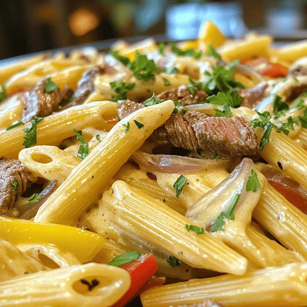 - 8 oz penne or rigatoni pasta - 1 lb beef sirloin, thinly sliced - 1 tablespoon olive oil - 1 medium onion, sliced - 1 bell pepper (red or green), sliced - 2 cloves garlic, minced - 1 teaspoon Worcestershire sauce - 1 cup heavy cream - 1 cup provolone cheese, shredded - ½ cup mozzarella cheese, shredded - Salt and pepper to taste - Fresh parsley, chopped for garnish When I cook Philly Cheese Steak Pasta, I love how simple the ingredients are. Each one plays a key role in the flavor. The beef gives a rich taste, while the cheeses create a creamy texture. The veggies add color and crunch. - You can use gluten-free pasta if you need to avoid gluten. - For cheese, try gouda or cheddar for a twist in flavor. - If you want more veggies, mushrooms or spinach work great in this dish. These options keep the dish tasty and fun. You can easily make Philly Cheese Steak Pasta your own. If you want to explore more flavors, check the Full Recipe for ideas! Cook the pasta until it is al dente. This means it should be firm but not hard. Follow the package instructions for the best results. After cooking, drain the pasta and set it aside. This way, it will be ready when you need it. Heat a large skillet over medium-high heat. Add one tablespoon of olive oil. Once the oil is hot, add the thinly sliced beef sirloin. Season it with salt and pepper. Sear the beef for about 3-4 minutes until it turns brown. After that, remove it from the skillet and set it aside. In the same skillet, add your sliced onion and bell pepper. Sauté them until they soften, which takes about 4-5 minutes. Then, add two cloves of minced garlic and cook for one more minute. Return the beef to the skillet, mixing it with the sautéed veggies. Stir in one teaspoon of Worcestershire sauce. Lower the heat and pour in one cup of heavy cream. Mix well to combine everything. Now it's time for the cheese! Gradually add one cup of shredded provolone cheese and half a cup of shredded mozzarella cheese. Stir until the cheese melts and forms a creamy sauce. Next, gently fold in the cooked pasta, making sure it gets coated in that cheesy goodness. Taste the dish and adjust the seasonings if needed. Finally, sprinkle the remaining mozzarella cheese on top. Cover the skillet for about 2-3 minutes so the cheese melts nicely. Enjoy this easy and creamy delight! For the Full Recipe, check the earlier section. To get a creamy sauce, melt cheese slowly. Start with low heat. Mix in cheese bit by bit. This makes it blend well into the sauce. If you add all the cheese at once, it may clump. To prevent sauce separation, stir often. The heavy cream helps keep it smooth. If it gets too thick, add a splash of pasta water. This adds moisture without losing flavor. Prepping your ingredients ahead saves time. Slice the onions, peppers, and beef in advance. You can also shred the cheese early. This makes cooking quick and easy. One-pot cooking is a great time-saver. Cook the pasta and sauce in the same pot. You’ll have fewer dishes to wash, and flavors mix better this way. Pair Philly cheese steak pasta with a fresh salad. A crisp Caesar or garden salad works well. It adds a nice crunch to your meal. For garnishes, sprinkle fresh parsley on top. This adds color and a hint of flavor. You might also try fresh basil or a dash of red pepper flakes for a kick. For more tips, check the Full Recipe for step-by-step guidance to make your cooking even better. {{image_2}} You can make Philly cheese steak pasta even better with veggies. I love adding mushrooms and spinach. - Mushrooms: They add a nice earthy taste. Slice them thin and sauté them before adding to the dish. - Spinach: This veggie cooks fast and adds color. Toss in fresh spinach at the end so it wilts nicely. For other veggies, try bell peppers, zucchini, or broccoli. Cook them until they are soft but still bright. This keeps the meal healthy and colorful. To boost flavor, add spices and seasonings. A pinch of garlic powder or Italian herbs can work wonders. You can also mix up the meat. If you're not a fan of beef, try chicken or turkey. For plant-based options, use mushrooms or tempeh. - Spices: Consider paprika for a smoky taste or crushed red pepper for heat. - Meat Options: Chicken or pork can give a new twist to the dish, while plant-based meats offer great taste too. You can adapt this dish to fit your diet. For low-carb or keto options, use zucchini noodles or spaghetti squash. This keeps it tasty without the carbs. If you're dairy-free, swap heavy cream for coconut milk or a nut-based cream. Use dairy-free cheese to keep it creamy. These tweaks make the dish fit for everyone while still keeping it yummy. To keep your Philly cheese steak pasta fresh, cool it to room temperature. Transfer the pasta to an airtight container. Store it in the fridge for up to three days. For longer storage, freeze it in a safe container. It can last for about three months in the freezer. Just remember to label it with the date! For reheating, warm your pasta in the microwave or on the stove. If using a microwave, heat it in 30-second intervals. Stir it well each time. On the stove, use low heat to avoid burning. Add a splash of cream or broth to keep it moist. This helps prevent dryness during reheating. Enjoy your creamy delight just like the first time! Philly Cheese Steak Pasta is a fun twist on the classic sandwich. It combines pasta with tender beef, peppers, and cheese. This dish has roots in Philadelphia, where the cheese steak first gained fame. It captures the taste of the original sandwich and makes it a hearty meal. Yes, you can make this dish ahead of time. Here are some tips to help you prep: - Cook the pasta and beef separately. This keeps them from getting mushy. - Store the beef and sauce in the fridge for up to two days. - Reheat gently before mixing with the pasta. This keeps the flavors fresh. This dish pairs well with many sides. Here are some ideas: - A simple green salad adds freshness. - Garlic bread complements the creamy sauce well. - Steamed vegetables provide a healthy balance. You can find the Full Recipe for Philly Cheese Steak Pasta with detailed cooking steps and nutritional info [here](#). This blog post covered how to make Philly Cheese Steak Pasta. We looked at ingredients, cooking steps, and tips for a great meal. I shared ways to adapt the dish for different diets and tastes. Remember, you can store leftovers and reheat them without losing flavor. Experiment with veggies and flavors for your perfect version. Enjoy your cooking adventure and impress everyone at the table with a delicious dish!