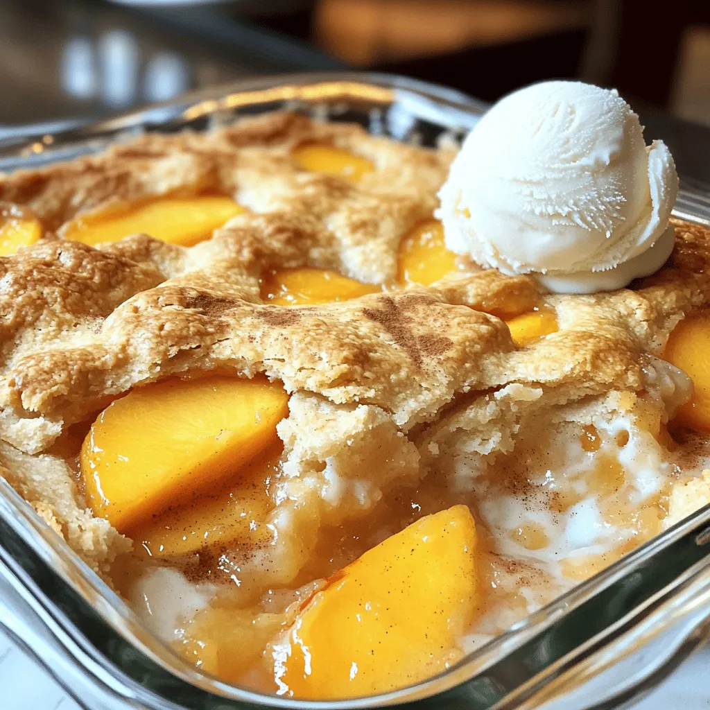 For the best peach cobbler, you need fresh peaches. I use about 4 cups of ripe peaches. Make sure to peel and slice them. The flavor is much better with fresh fruit. You also need 1 teaspoon of vanilla extract. It adds a nice touch of sweetness. A tablespoon of lemon juice brightens the taste. You will need some basic pantry items. Grab 1 cup of granulated sugar, divided into two parts. Use 1 cup of all-purpose flour for the batter. You also need 2 teaspoons of baking powder to help it rise. A half teaspoon of salt brings out the flavors. For spices, use 1 teaspoon of ground cinnamon and 1/2 teaspoon of nutmeg. Finally, have 1 cup of milk and 1/2 cup of melted unsalted butter ready. To take your cobbler to the next level, serve it warm. A scoop of vanilla ice cream on top is perfect. The cold ice cream melts into the warm cobbler. It creates a wonderful mix of flavors. You can also add a sprinkle of cinnamon for extra taste. This makes for a delightful dessert that everyone loves. For the full recipe, check out the details above. First, wash and peel the peaches. Use fresh, ripe peaches for the best taste. Slice them into thin pieces. In a large bowl, mix the sliced peaches with 1/2 cup of sugar, vanilla extract, lemon juice, cinnamon, and nutmeg. Stir gently to coat the peaches. Let them sit for about 10 minutes. This helps the juices flow and enhances the flavor. In another bowl, whisk together the flour, baking powder, salt, and the remaining 1/2 cup of sugar. Mix well to combine the dry ingredients. Next, add the milk to the dry mix. Stir until just combined; avoid overmixing. The batter should be slightly lumpy. This will help create a nice texture in your cobbler. Preheat your oven to 350°F (175°C). Take a greased 9x13-inch baking dish and pour in the melted butter. Spread it evenly across the bottom. Then, pour the batter over the melted butter. Do not stir! Spoon the peach mixture evenly over the batter. Allow some of the juices to flow on top. Bake in the oven for 40-45 minutes. Check for a golden brown color and use a toothpick to see if it comes out clean. Let the cobbler cool for at least 10 minutes before serving. Enjoy it warm with a scoop of vanilla ice cream if you like! For the full recipe, refer to the main section. When picking peaches, look for ones that are soft but not mushy. They should have a nice golden color and smell sweet. I often choose yellow peaches for their rich flavor. If you can, buy them at a local market. Fresh, in-season peaches taste the best. They add a juicy sweetness to your cobbler. One common mistake is overmixing the batter. This can make it tough. Mix just until the dry ingredients blend with the wet ones. Another mistake is using too much sugar. Peaches are sweet on their own. Taste the peach mixture before adding more sugar. Lastly, don’t skip letting the peach mixture sit. This helps the flavors blend and makes the filling juicy. To boost flavor, try adding a splash of almond extract along with vanilla. You can also mix in a bit of fresh ginger for a slight spice. For texture, consider sprinkling oats into the batter. They add a nice crunch. If you want a golden top, broil the cobbler for a minute or two at the end. Just watch it closely so it doesn’t burn. These tips will help you create a peach cobbler that is both tasty and easy to make. For the full recipe, check out the details above! {{image_2}} You can mix peaches with other fruits for a fun twist. Try adding berries like blueberries or raspberries. You can also use apples or pears for a fall flavor. Each fruit brings its own taste, making your cobbler unique. Just keep the fruit's sweetness in mind. Some fruits may need less sugar than peaches. You can easily make this recipe gluten-free. Swap all-purpose flour with a gluten-free blend. Many brands work well in baking. Just check for a blend that includes xanthan gum. This will help with texture. Also, make sure the baking powder is gluten-free. This way, everyone can enjoy a slice! Toppings can change your cobbler's vibe. Instead of vanilla ice cream, try whipped cream or yogurt. You can even sprinkle nuts on top before baking. For added flavor, drizzle honey or caramel sauce over the warm cobbler. Each choice can enhance the dish, making it even more special. For the full recipe, refer back to the main section. After you bake the peach cobbler, let it cool down. Once it’s cool, cover it with plastic wrap or foil. You can store it in the fridge for up to 3 days. The flavors will blend even more, making it taste great! Just remember to keep it tightly covered to avoid drying out. If you want to save some for later, freezing works well. First, let the cobbler cool completely. Cut it into squares and wrap each piece in plastic wrap. Then, place the wrapped pieces in a freezer-safe bag. It can stay in the freezer for up to 3 months. When you’re ready to eat, just thaw it in the fridge overnight. To reheat, you can use the oven or microwave. If using the oven, preheat it to 350°F (175°C). Place the cobbler in an oven-safe dish and cover it with foil. Heat for about 15-20 minutes. For the microwave, place a piece on a microwave-safe plate. Heat for 30 seconds to 1 minute, checking to make sure it’s warm. Enjoy your peach cobbler warm, maybe with a scoop of vanilla ice cream on top. For the full recipe, check out the earlier section. Yes, you can use canned peaches. Make sure they are in juice, not syrup. Drain them well before using. Canned peaches can save time, but fresh peaches give the best flavor. Fresh peaches add a nice texture and natural sweetness. If you use canned peaches, reduce the sugar in the recipe. This way, the cobbler will not be too sweet. To ripen peaches, place them in a bowl at room temperature. You can speed up the process by adding a banana to the bowl. Bananas give off ethylene gas, which helps ripen fruit. Check the peaches daily. When they feel soft and smell sweet, they are ready to eat. Avoid putting them in the fridge until they are ripe. To make a flaky crust, use cold butter and cold milk. Cut the butter into the flour until it looks like pea-sized crumbs. Don’t overmix the batter; a few lumps are okay. You can also add a bit of cold water if needed. For an extra touch, sprinkle some sugar on top before baking. This will create a nice crust while baking. In this post, we covered key ingredients for a perfect peach cobbler. We explored fresh and pantry staples, along with serving ideas. Step-by-step instructions helped you prepare peaches, make batter, and assemble the dish. We shared tips to choose the best fruit, avoid common mistakes, and enhance flavors. You learned about variations, storage, and answered FAQs. Remember, great cooking comes from using the best ingredients and trying new things. Enjoy your peach cobbler journey!