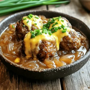 - 1 pound ground beef - 1/2 cup breadcrumbs - 1/4 cup grated Parmesan cheese - 1/4 cup chopped parsley - 1 small onion, finely chopped - 2 cloves garlic, minced - 1 tablespoon Worcestershire sauce - 1 egg, beaten - Salt and pepper to taste - 1 cup beef broth - 1 cup sliced onions (for the sauce) - 1 tablespoon olive oil - 1 teaspoon thyme - 1/2 cup shredded Gruyère cheese - Chopped chives for garnish To make French onion meatballs, gather these ingredients. Start with the main ones for the meatballs. The ground beef gives the meatballs their rich flavor. Breadcrumbs help keep them light. Parmesan cheese adds a nice salty touch. Finally, chopped parsley brightens the dish. Next, use the additional ingredients. The finely chopped onion and minced garlic boost the flavor. Worcestershire sauce adds a bit of umami. The beaten egg helps bind everything together. Don’t forget salt and pepper; they are key for taste. For the sauce, you will need beef broth and sliced onions. These turn into a sweet and savory base. Olive oil helps caramelize the onions, making them soft and golden. Thyme adds a lovely herb note. Gruyère cheese melts into the sauce, creating a creamy texture. Lastly, chopped chives give a fresh finish. For the full recipe, check the details above. Enjoy creating this tasty dish! - Preheat your oven to 400°F (200°C). - In a large bowl, mix together: - 1 pound ground beef - 1/2 cup breadcrumbs - 1/4 cup grated Parmesan cheese - 1/4 cup chopped parsley - 1 small onion, finely chopped - 2 cloves garlic, minced - 1 tablespoon Worcestershire sauce - 1 egg, beaten - Salt and pepper to taste until well combined. - Shape the mixture into meatballs, about 1 inch in diameter. - Place them on a baking sheet lined with parchment paper. - Bake for 20 minutes or until browned and cooked through. - Heat 1 tablespoon olive oil in a skillet over medium heat. - Add 1 cup sliced onions and sauté until golden and soft, about 10-15 minutes. - Add 1 cup beef broth and 1 teaspoon thyme to the skillet. - Stir and let it simmer for 5 minutes. - Transfer baked meatballs to the skillet with onion sauce. - Toss gently to coat the meatballs in the sauce. For the full recipe, check out the comprehensive details above. - Ensure even cooking by placing meatballs at equal distances on the baking sheet. - Use a meat thermometer to check doneness; aim for 160°F internal temperature. - Avoid overmixing your meatball ingredients. This keeps them tender and juicy. - Do not skip browning the onions. This step adds rich, sweet flavor to your dish. - Pair these meatballs with crusty bread for a satisfying meal. They also taste great over mashed potatoes. - For a beautiful presentation, garnish with extra cheese and fresh herbs. This adds color and taste. For the full recipe, follow the steps carefully for the best results! {{image_2}} You can boost the taste of your French onion meatballs. Try adding spices like smoked paprika or Italian seasoning. These spices bring a deeper flavor. You can also mix in green onions or roasted red peppers. This adds a nice crunch and color. If you want a lighter option, use ground turkey or chicken. These meats are leaner but still tasty. For a gluten-friendly choice, use gluten-free breadcrumbs. This makes the dish suitable for more people. You can cook these meatballs in a slow cooker. This method makes it easy to prepare your meal all day. Just toss the meatballs in and let them cook. Another option is grilling. Grilling gives a smoky flavor. Just adjust the sauce timing to match the cooking method. For the full recipe, check out the detailed steps provided. Store leftovers in an airtight container for up to 3 days. This keeps them fresh. When you want to eat them again, reheat in the oven or skillet. This method helps keep the meatballs moist and tasty. You can freeze the meatballs before or after cooking. This makes for easy future meals. Place them in freezer-safe bags. Be sure to label the bags with the date, and use them within 3 months for the best taste. To thaw frozen meatballs, put them in the refrigerator overnight. If you need them fast, use the microwave. Just remember to reheat thoroughly before serving. This way, you ensure that each bite is warm and delicious. - Follow the detailed steps listed in the main recipe provided. - Yes, alternatives like turkey, chicken, or pork can work well. - Consider serving with bread, mashed potatoes, or a fresh salad. - Ensure proper binding with breadcrumbs and egg; avoid overmixing. - Yes, pre-cooked meatballs can be stored or frozen for convenience. - While it adds classic flavor, you can substitute with mozzarella or cheddar. In this guide, we explored how to make French Onion Meatballs. You learned about essential ingredients, detailed cooking steps, and helpful tips. We also covered variations and storage methods to keep your meal fresh. Remember, small tweaks can enhance flavor or adjust for diets. These meatballs are tasty and convenient, making them an excellent choice for any meal. With the right preparation, you can enjoy them any day! Happy cooking!