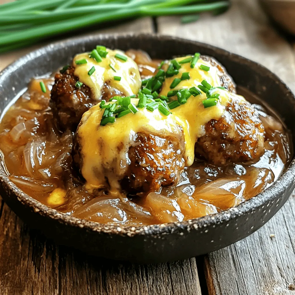 - 1 pound ground beef - 1/2 cup breadcrumbs - 1/4 cup grated Parmesan cheese - 1/4 cup chopped parsley - 1 small onion, finely chopped - 2 cloves garlic, minced - 1 tablespoon Worcestershire sauce - 1 egg, beaten - Salt and pepper to taste - 1 cup beef broth - 1 cup sliced onions (for the sauce) - 1 tablespoon olive oil - 1 teaspoon thyme - 1/2 cup shredded Gruyère cheese - Chopped chives for garnish To make French onion meatballs, gather these ingredients. Start with the main ones for the meatballs. The ground beef gives the meatballs their rich flavor. Breadcrumbs help keep them light. Parmesan cheese adds a nice salty touch. Finally, chopped parsley brightens the dish. Next, use the additional ingredients. The finely chopped onion and minced garlic boost the flavor. Worcestershire sauce adds a bit of umami. The beaten egg helps bind everything together. Don’t forget salt and pepper; they are key for taste. For the sauce, you will need beef broth and sliced onions. These turn into a sweet and savory base. Olive oil helps caramelize the onions, making them soft and golden. Thyme adds a lovely herb note. Gruyère cheese melts into the sauce, creating a creamy texture. Lastly, chopped chives give a fresh finish. For the full recipe, check the details above. Enjoy creating this tasty dish! - Preheat your oven to 400°F (200°C). - In a large bowl, mix together: - 1 pound ground beef - 1/2 cup breadcrumbs - 1/4 cup grated Parmesan cheese - 1/4 cup chopped parsley - 1 small onion, finely chopped - 2 cloves garlic, minced - 1 tablespoon Worcestershire sauce - 1 egg, beaten - Salt and pepper to taste until well combined. - Shape the mixture into meatballs, about 1 inch in diameter. - Place them on a baking sheet lined with parchment paper. - Bake for 20 minutes or until browned and cooked through. - Heat 1 tablespoon olive oil in a skillet over medium heat. - Add 1 cup sliced onions and sauté until golden and soft, about 10-15 minutes. - Add 1 cup beef broth and 1 teaspoon thyme to the skillet. - Stir and let it simmer for 5 minutes. - Transfer baked meatballs to the skillet with onion sauce. - Toss gently to coat the meatballs in the sauce. For the full recipe, check out the comprehensive details above. - Ensure even cooking by placing meatballs at equal distances on the baking sheet. - Use a meat thermometer to check doneness; aim for 160°F internal temperature. - Avoid overmixing your meatball ingredients. This keeps them tender and juicy. - Do not skip browning the onions. This step adds rich, sweet flavor to your dish. - Pair these meatballs with crusty bread for a satisfying meal. They also taste great over mashed potatoes. - For a beautiful presentation, garnish with extra cheese and fresh herbs. This adds color and taste. For the full recipe, follow the steps carefully for the best results! {{image_2}} You can boost the taste of your French onion meatballs. Try adding spices like smoked paprika or Italian seasoning. These spices bring a deeper flavor. You can also mix in green onions or roasted red peppers. This adds a nice crunch and color. If you want a lighter option, use ground turkey or chicken. These meats are leaner but still tasty. For a gluten-friendly choice, use gluten-free breadcrumbs. This makes the dish suitable for more people. You can cook these meatballs in a slow cooker. This method makes it easy to prepare your meal all day. Just toss the meatballs in and let them cook. Another option is grilling. Grilling gives a smoky flavor. Just adjust the sauce timing to match the cooking method. For the full recipe, check out the detailed steps provided. Store leftovers in an airtight container for up to 3 days. This keeps them fresh. When you want to eat them again, reheat in the oven or skillet. This method helps keep the meatballs moist and tasty. You can freeze the meatballs before or after cooking. This makes for easy future meals. Place them in freezer-safe bags. Be sure to label the bags with the date, and use them within 3 months for the best taste. To thaw frozen meatballs, put them in the refrigerator overnight. If you need them fast, use the microwave. Just remember to reheat thoroughly before serving. This way, you ensure that each bite is warm and delicious. - Follow the detailed steps listed in the main recipe provided. - Yes, alternatives like turkey, chicken, or pork can work well. - Consider serving with bread, mashed potatoes, or a fresh salad. - Ensure proper binding with breadcrumbs and egg; avoid overmixing. - Yes, pre-cooked meatballs can be stored or frozen for convenience. - While it adds classic flavor, you can substitute with mozzarella or cheddar. In this guide, we explored how to make French Onion Meatballs. You learned about essential ingredients, detailed cooking steps, and helpful tips. We also covered variations and storage methods to keep your meal fresh. Remember, small tweaks can enhance flavor or adjust for diets. These meatballs are tasty and convenient, making them an excellent choice for any meal. With the right preparation, you can enjoy them any day! Happy cooking!