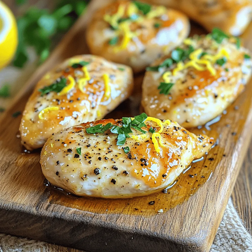 To make Quick and Easy Baked Lemon Pepper Chicken, you will need: - 4 boneless, skinless chicken breasts - 3 tablespoons olive oil - Zest of 2 lemons - 1/4 cup fresh lemon juice (about 2 lemons) - 2 teaspoons garlic powder - 1 teaspoon onion powder - 2 teaspoons black pepper - 1 teaspoon sea salt - 1 teaspoon dried oregano - Fresh parsley, chopped (for garnish) When choosing chicken, look for fresh, bright meat. Check for any discoloration. Select lemons that feel heavy for their size. This means they have more juice. Fresh herbs always add great flavor. If you can, buy organic olive oil for the best taste. You can swap chicken breasts for thighs if you like more flavor. Use lemon juice from a bottle if fresh lemons aren’t handy. You can replace olive oil with avocado oil for a different taste. If you don’t have garlic powder, fresh garlic works well too. Just mince a clove or two. You can also use dried thyme or basil in place of oregano for a twist. For a kick, add some crushed red pepper flakes. First, gather all your ingredients. You need: - 4 boneless, skinless chicken breasts - 3 tablespoons olive oil - Zest of 2 lemons - 1/4 cup fresh lemon juice (about 2 lemons) - 2 teaspoons garlic powder - 1 teaspoon onion powder - 2 teaspoons black pepper - 1 teaspoon sea salt - 1 teaspoon dried oregano - Fresh parsley, chopped (for garnish) Make sure your chicken is fresh and thawed. Rinse it gently under cold water. Pat it dry with paper towels. This helps the marinade stick well. Next, zest the lemons using a grater. Be careful not to grate the white pith; it tastes bitter. Squeeze the juice from the lemons into a measuring cup. Measure out 1/4 cup of juice for the marinade. Now, it's time to cook! Preheat your oven to 400°F (200°C). While it heats, mix the marinade. In a small bowl, whisk the olive oil, lemon zest, lemon juice, garlic powder, onion powder, black pepper, sea salt, and dried oregano until smooth. Place the chicken breasts on a baking sheet lined with parchment paper. Pour the marinade over the chicken. Make sure each piece is covered. Let it sit for at least 15 minutes. If you can wait longer, refrigerate it for up to 1 hour. This makes the flavors richer. Once marinated, bake the chicken in the oven for 20-25 minutes. Watch closely! It should be golden and juicy. Remove the chicken when it’s done. To check if your chicken is done, use a meat thermometer. Insert it into the thickest part of the chicken. It should read 165°F (75°C). If you don’t have a thermometer, cut into the chicken. If the juices run clear, it’s ready. After baking, let the chicken rest for 5 minutes. This keeps it juicy. Garnish with fresh parsley before serving. Enjoy your zesty lemon pepper chicken delight! For the Full Recipe, check back at the top of the article. For juicy chicken, choose fresh, high-quality breasts. Look for firm texture and good color. Pat them dry before marinating. This helps the marinade stick well. A good marinade is key to flavor. The mix of lemon and spices creates a tasty dish. Marinate the chicken for at least 15 minutes. If you can wait, try for an hour. This extra time lets the flavors soak in deeply. You can even marinate it overnight for a stronger taste. Just keep it in the fridge during this time. Use a baking sheet lined with parchment paper. This helps with cleanup and prevents sticking. A whisk is great for mixing the marinade. An instant-read thermometer is also useful. It tells you when the chicken reaches 165°F (75°C). This ensures it's safe to eat. For serving, a sharp knife makes slicing easy. Don't forget to have a cutting board handy! {{image_2}} You can make this baked lemon pepper chicken even better. Try adding fresh herbs. Rosemary and thyme work well with lemon. You can mix in some paprika for extra flavor. If you like heat, add a pinch of red pepper flakes. These small changes can make a big difference. Want to switch things up? You can grill the chicken instead of baking it. Simply marinate the chicken as before, then place it on a hot grill. Cook each side for about 6-8 minutes. You can also use a stovetop skillet. Heat some oil in the pan and sear the chicken for about 5 minutes on each side. Both methods give a nice, smoky flavor. Pair this chicken with great side dishes. Roasted veggies make a colorful plate. Garlic mashed potatoes are creamy and comforting. You could also serve a fresh salad with lemon vinaigrette. Rice or quinoa adds a nice touch too. These sides balance the bright lemon flavor and create a lovely meal. Enjoy your cooking adventure! After you enjoy your baked lemon pepper chicken, let it cool. Place leftovers in an airtight container. Keep them in the fridge for up to three days. If you want the chicken to stay fresh longer, you can freeze it. To reheat, take the chicken out of the fridge. Preheat your oven to 350°F (175°C). Place the chicken on a baking sheet. Cover it with foil to keep it moist. Heat for about 15-20 minutes. Check that it’s warm all the way through. You can also use a microwave, but it may dry out. If you freeze baked lemon pepper chicken, wrap it tightly in plastic wrap. Then place it in a freezer bag. This helps to avoid freezer burn. It can stay fresh for up to three months. When you want to eat it, thaw it overnight in the fridge. Then reheat as mentioned above. Bake the chicken for 20-25 minutes at 400°F (200°C). Check the internal temperature. It should reach 165°F (75°C). The chicken will be juicy and tender when cooked properly. Yes, you can use bone-in chicken. Adjust the baking time to about 30-40 minutes. Always check the internal temperature. Bone-in chicken may take longer to cook. Lemon pepper chicken pairs well with many sides. Try roasted vegetables, rice, or a fresh salad. Mashed potatoes also make a great choice. Each adds flavor to your meal. Absolutely! This recipe is great for meal prep. Cook a batch and store it in the fridge. The chicken stays tasty for up to four days. Reheat it for quick lunches or dinners. You can find the Full Recipe in the article above. It includes all the steps and ingredients needed to create this delicious dish. Enjoy your cooking! This guide covered all you need for cooking chicken. We discussed key ingredients, cooking steps, and essential tips. You learned about flavor tweaks and storage tips too. Remember, the right ingredients and tools matter. They make your dish shine. With careful prep and cooking, you'll create tasty meals. Enjoy your cooking adventure and share it with friends!