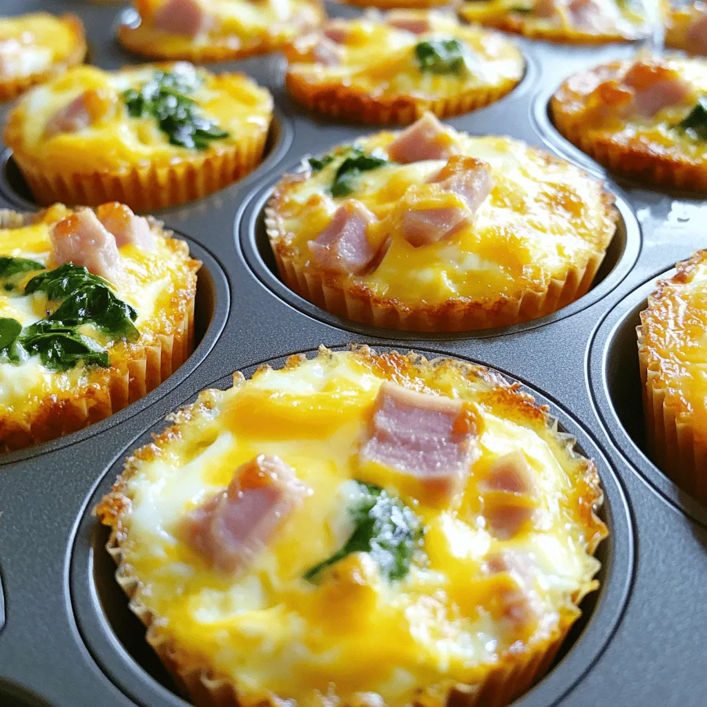- 6 large eggs - 1 cup diced ham - 1 cup shredded cheddar cheese - 1/2 cup milk - 1/2 teaspoon garlic powder - 1/4 teaspoon black pepper - 1/4 teaspoon salt - 1 cup baby spinach, roughly chopped - Cooking spray or oil for greasing the muffin tin Ham, Cheese, & Egg Cups are simple to make. Let me walk you through the ingredients. First, you need the main ingredients. Start with 6 large eggs. They provide a fluffy base. Next, add 1 cup diced ham. This gives flavor and protein. Then, include 1 cup shredded cheddar cheese for creaminess. Finally, pour in 1/2 cup milk. This helps bind everything together. Now, let's talk seasoning. You’ll need 1/2 teaspoon garlic powder for a nice kick. Add 1/4 teaspoon black pepper to enhance the taste. Use 1/4 teaspoon salt to balance the flavors. Don't forget the fresh stuff! Grab 1 cup baby spinach, chopped roughly. This adds color and nutrients. Lastly, get cooking spray or oil to grease your muffin tin. This keeps the cups from sticking. With these ingredients ready, you can make tasty Ham, Cheese, & Egg Cups. For the full recipe, check the earlier section. - Preheat your oven to 375°F (190°C). - Grease a muffin tin with cooking spray or oil. - Whisk together the eggs and milk until well combined. - Stir in garlic powder, black pepper, and salt. - Add diced ham, shredded cheddar cheese, and chopped spinach to the egg mix. - Pour the mixture into greased muffin cups, filling each one about 3/4 full. - Bake for 18-20 minutes until the egg is set and golden. - Let cool briefly before removing the cups from the tin. - Serve warm or store for later in an airtight container. Be sure to check out the Full Recipe for more details! To get a fluffy texture, whisk the eggs and milk well. This step mixes air into the eggs, making them light. I recommend using a ratio of 6 large eggs to 1/2 cup of milk. This blend gives you the right amount of creaminess without being too runny. To avoid overcooked egg cups, check them around 15 minutes. Every oven cooks differently. If you want uniform cooking, use a standard 12-cup muffin tin. This size ensures even heat and perfect cooking for all cups. Serve your ham, cheese, and egg cups warm with salsa or sliced avocado. These add color and flavor. For garnishing, sprinkle fresh herbs like parsley or chives on top. It makes the dish look and taste great! {{image_2}} You can change up the cheese in your Ham, Cheese, & Egg Cups to suit your taste. Substitute cheddar with mozzarella for a milder flavor. Feta cheese can add a nice tang. For a richer taste, try mixing different cheeses like gouda or pepper jack. This adds depth and keeps things exciting. If you want to switch up the meat, try turkey or sausage instead of ham. They both bring a different flavor profile to your cups. For a vegetarian option, mushrooms or bell peppers work well. Both add a nice texture and taste without meat. Adding veggies boosts both taste and nutrition. Consider mixing in some kale or broccoli for extra greens. Diced tomatoes or bell peppers also make great additions. They add color and flavor, making your breakfast even more delightful. Experiment with what you love to eat! To keep your Ham, Cheese, & Egg Cups fresh, place them in an airtight container. Make sure the container seals tightly to avoid air exposure. You can store them in the refrigerator for up to five days. This way, you can enjoy them for breakfast all week! If you want to enjoy these cups later, freezing is a great choice. First, let the cups cool completely. Then, wrap each cup in plastic wrap or foil. Place them in a freezer-safe bag or container. They can stay frozen for up to three months. When you're ready to eat, thaw them in the fridge overnight. Reheat in the oven at 350°F (175°C) for about 10-15 minutes until heated through. To make breakfast quick and easy, portion the cups before freezing. This way, you can grab just what you need. For best results, reheat only the cups you plan to eat. This helps keep the rest fresh. Enjoy your tasty Ham, Cheese, & Egg Cups for a quick breakfast that fits your busy schedule! Yes, you can make Ham, Cheese, & Egg Cups ahead of time. I often prepare a batch on Sundays for quick breakfasts during the week. Here’s how: - Bake in advance: Follow the full recipe and bake the cups as directed. - Cool properly: Let them cool for a few minutes. This helps keep them moist. - Store in an airtight container: Place them in the fridge. They last about 4 days. - Reheat before serving: Microwave for about 30 seconds or until warm. This meal prep strategy makes mornings a breeze. You’ll have tasty, protein-packed bites ready to go! To check if the egg cups are done, look for a few key signs: - Set edges: The edges should be firm and not jiggly. - Golden tops: The tops will be lightly golden. This shows they’ve cooked well. - Toothpick test: Insert a toothpick in the center. If it comes out clean, they are ready. These tips help ensure your cups are perfectly cooked every time! Absolutely! You can modify the recipe for different dietary needs: - Dairy-free: Use a milk alternative like almond or oat milk. Choose dairy-free cheese too. - Gluten-free: This recipe is naturally gluten-free, so enjoy without worry! - Low-carb: Skip the ham and add extra veggies like zucchini or mushrooms. Feel free to explore these options to fit your diet! Serving ideas can enhance your meal. Here are some tasty options: - Fresh fruit: Pair with berries or sliced apples for a sweet touch. - Toast or muffins: Whole grain bread or English muffins make a great side. - Beverages: Enjoy with coffee, tea, or a smoothie for a balanced meal. These sides complement the flavors and make your breakfast complete! This blog post covered making ham, cheese, and egg cups easily. We discussed key ingredients, clear steps, helpful tips, and fun variations. You can customize according to your taste and needs. Remember, these cups are great for meal prep, too! Enjoy them warm or save some for later. The flexibility of this recipe makes it a simple option for busy mornings or quick snacks. Try it out and savor the flavors!