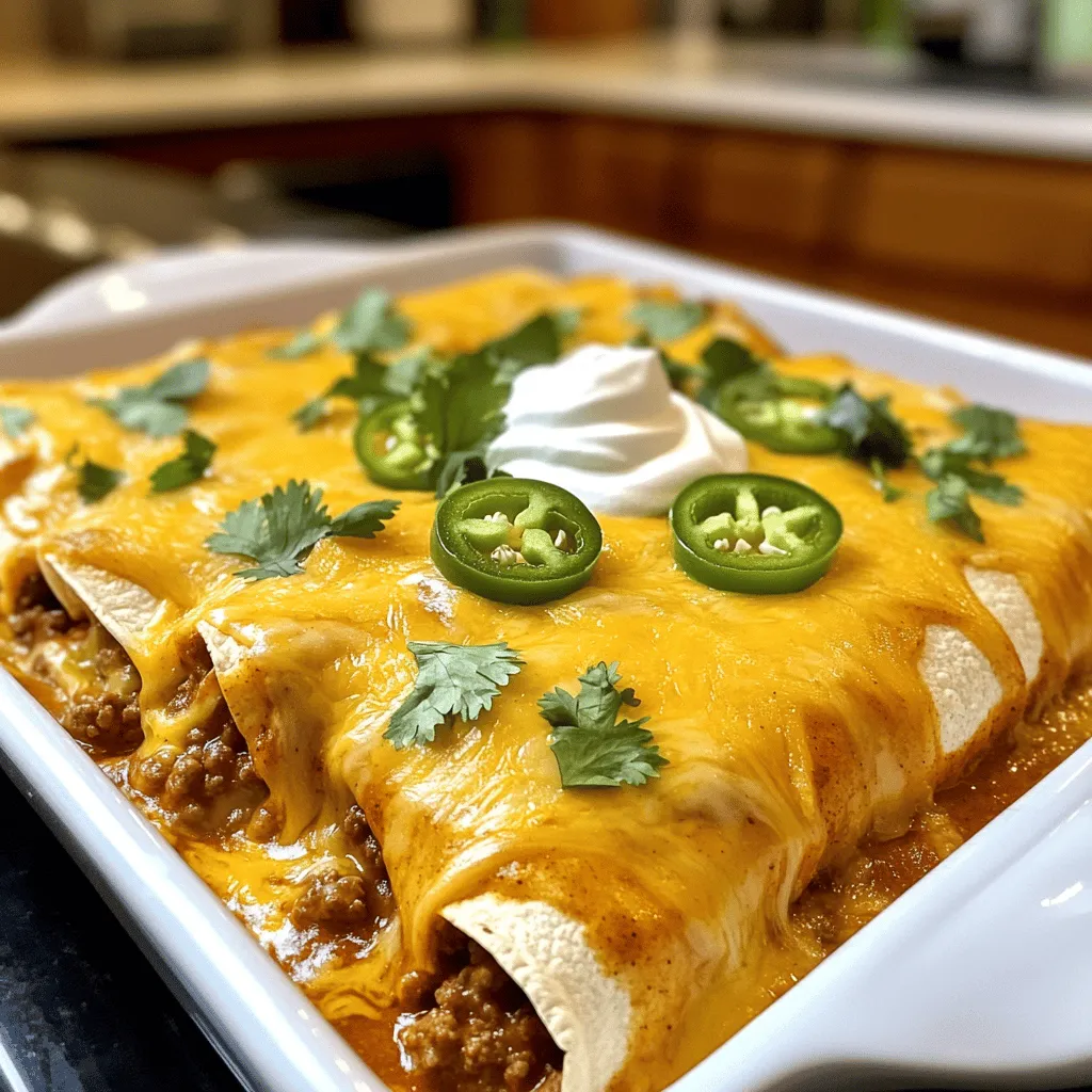 - 1 lb ground beef - 1 small onion, finely chopped - 2 cloves garlic, minced - 1 teaspoon cumin - 1 teaspoon chili powder - 1 can (15 oz) refried beans - 8 small corn tortillas - 2 cups shredded cheddar cheese - 1 can (10 oz) enchilada sauce - 1/2 cup sour cream - Fresh cilantro for garnish (optional) - Sliced jalapeños for garnish (optional) Measuring ingredients helps ensure your dish turns out great. It keeps flavors balanced and gives you the right texture. I always recommend using measuring cups and spoons for dry and wet ingredients. A kitchen scale is also useful for precise amounts, especially for meat and cheese. For gluten-free options, choose corn tortillas. They work well and taste great. For dairy-free alternatives, you can use vegan cheese and skip the sour cream. There are many tasty options that fit your needs. You can still enjoy these enchiladas! Start by gathering all your ingredients. You will need: - 1 lb ground beef - 1 small onion, finely chopped - 2 cloves garlic, minced - 1 teaspoon cumin - 1 teaspoon chili powder - 1 can (15 oz) refried beans - 8 small corn tortillas - 2 cups shredded cheddar cheese - 1 can (10 oz) enchilada sauce - 1/2 cup sour cream - Fresh cilantro for garnish (optional) - Sliced jalapeños for garnish (optional) Chop the onion and mince the garlic. Measure each ingredient carefully. This helps ensure your dish turns out just right. Prepare a large skillet on medium heat. You want it hot enough to brown the beef nicely. Add the ground beef, onion, and garlic to the skillet. Cook until the beef is browned and the onion is soft, about 5-7 minutes. Make sure to drain any excess fat after cooking. This keeps your filling from being greasy. Now, stir in the cumin and chili powder. These spices add great flavor. Mix well and cook for another minute. Remove the skillet from heat. Add the refried beans next. Mix until the beans are creamy and well combined with the beef. Take a tortilla and lay it flat. Spoon about 2-3 tablespoons of the beef mixture in the center. Sprinkle some shredded cheddar cheese on top. Roll the tortilla tightly and place it seam-side down in a greased 9x13 inch baking dish. Repeat this step with the remaining tortillas. Once all tortillas are rolled, pour the enchilada sauce over them. Make sure every tortilla is covered. This keeps them moist and flavorful while baking. Finally, sprinkle the remaining cheddar cheese on top. The cheese will melt and form a delicious crust. Now, you’re ready to bake! To get the best cheese melt, choose the right cheese. I love using sharp cheddar, but you can mix in Monterey Jack for extra creaminess. Grate your cheese fresh for the best melt. Preheat your oven to the right temperature and cover the dish with foil at first. This helps the cheese melt evenly. Timing is key for optimal texture. Bake your enchiladas covered for 20 minutes. Then, uncover and bake for another 10 minutes. This gives you that beautiful golden cheese on top. One common mistake is overfilling the tortillas. If you add too much filling, they can burst open. Stick to 2-3 tablespoons of the beef mixture for each tortilla. This keeps them neat and easy to roll. Another mistake is not covering the enchiladas with sauce. The sauce keeps them moist and adds flavor. Pour it generously over the rolled tortillas before baking. You can add extra spices or vegetables to enhance the flavor. Try adding bell peppers or corn to the beef mixture. A pinch of smoked paprika can add nice depth. For cheese combinations, mix in some pepper jack for a kick. You can also use queso blanco for a creamy texture. Don’t limit yourself; experiment with different cheeses to find your favorite blend. For the full recipe, check out the Easy Cheesy Ground Beef Enchiladas. {{image_2}} To make a vegetarian version, skip the ground beef. Use beans or vegetables instead. Black beans or pinto beans work well. Chopped bell peppers or zucchini add great flavor. You can keep the spices like cumin and chili powder for taste. This way, you enjoy the same cheesy goodness without meat. If you love heat, add jalapeños or hot sauce. Slice fresh jalapeños and sprinkle them on top. You could mix some into the meat filling too. Another great way to spice things up is with pepper jack cheese. It adds a creamy texture and a nice kick. Pair your enchiladas with tasty sides. Rice is a great option, especially when flavored with lime. A fresh salad can lighten the meal. You can also get creative with garnishes. Try adding avocado slices or a sprinkle of lime zest for extra flavor. Don't forget fresh cilantro for a pop of color! Enjoy the fun of mixing flavors! To keep your Easy Cheesy Ground Beef Enchiladas fresh, store them in the fridge. Use an airtight container. This helps prevent drying out. If you have leftover enchiladas, they can last for up to three days in the fridge. You can also freeze enchiladas for longer storage. Wrap each enchilada tightly in plastic wrap. Place them in a freezer-safe bag. This method keeps them safe for up to three months. When reheating, I recommend the oven for the best texture. Preheat the oven to 350°F (175°C). Place the enchiladas in a baking dish and cover with foil. Bake for about 20 minutes, or until heated through. If you're short on time, you can use the microwave. Place a single enchilada on a microwave-safe plate. Heat for about 1-2 minutes, checking to make sure it’s hot all the way through. In the fridge, your enchiladas will last about three days. Always check for signs of spoilage. If they smell off or look discolored, it’s best to toss them. When properly frozen, they can last for up to three months. Just remember to label your bags with the date. This way, you know when they were stored. It takes about 35 minutes to make these enchiladas. You need 15 minutes for prep and 20 minutes to cook. This quick time makes it easy for busy days. Yes, you can prepare the filling a day before. Store it in the fridge. You can also roll the enchiladas and keep them in the fridge. Just add the sauce and cheese before baking. This way, you save time when you are ready to eat. Serve the enchiladas hot from the oven. Top them with sour cream, fresh cilantro, and sliced jalapeños for extra flavor. Pair them with rice, beans, or a fresh salad for a full meal. Enjoy your delicious creation! Making easy cheesy ground beef enchiladas is simple and fun. We covered all the ingredients, including flavors and textures you can play with. Measuring ingredients ensures great results. I shared valuable tips to avoid mistakes and variations for everyone’s taste. Remember, enchiladas are a great meal for any occasion. Use these steps to create your own delicious dish. Enjoy experimenting and savoring your tasty creations!