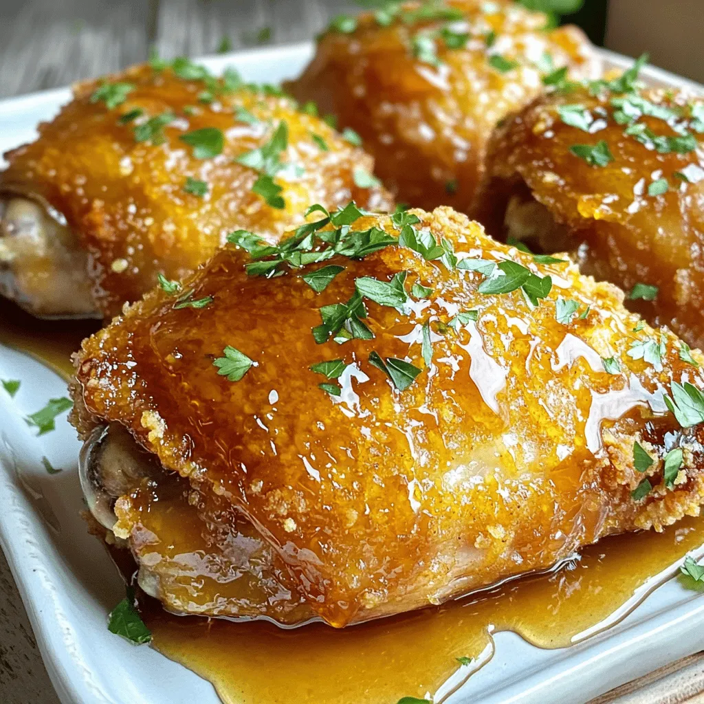 To make this dish, you will need a few key items. Here’s the list: - 4 boneless, skinless chicken thighs - 1 cup buttermilk - 1 cup all-purpose flour - 1/2 cup cornmeal - 1 teaspoon smoked paprika - 1 teaspoon garlic powder - 1 teaspoon onion powder - 1/2 teaspoon cayenne pepper (adjust for spice level) - 1/2 teaspoon salt - 1/2 teaspoon black pepper - 1/4 cup hot honey (store-bought or homemade) - Fresh parsley, chopped (for garnish) These ingredients work together to create a great flavor and texture for the chicken. The buttermilk helps make the chicken moist and tender. The flour and cornmeal create a crunchy texture when baked. The spices add warmth and depth to each bite. You might want to add some extra ingredients to boost the taste. Here are some ideas: - A splash of hot sauce for more heat - Lemon zest for a fresh twist - Fresh herbs like thyme or rosemary - A sprinkle of cheese for richness Adding these ingredients can help you personalize the dish to your taste. Feel free to experiment with flavors that you love! When picking chicken thighs, look for meat that is plump and pink. Avoid any with gray spots or a bad smell. Here are a few tips: - Choose thighs with skin on for extra flavor. - Look for organic or free-range chicken for better taste and quality. - If possible, buy from a local butcher or farmer. Selecting good chicken will make a big difference in your dish. Fresh chicken leads to a more flavorful and satisfying meal. Start by marinating the chicken thighs. In a large bowl, mix the chicken with buttermilk. This step helps the chicken stay tender and juicy. Cover the bowl and refrigerate it for at least one hour. If you have more time, let it sit overnight. The longer it marinates, the better the flavor. Next, it's time to prepare the crunchy coating. In a separate bowl, combine flour, cornmeal, and spices. Add smoked paprika, garlic powder, onion powder, cayenne pepper, salt, and black pepper. Stir the mixture well to ensure it’s evenly mixed. This blend gives the chicken a tasty and crunchy crust. Before baking, preheat your oven to 425°F (220°C). Line a baking sheet with parchment paper for easy cleanup. Remove the marinated chicken from the buttermilk and let the excess drip off. Dredge each piece in the flour mixture. Press down to ensure a thick, even coating. Place the chicken on the baking sheet. Lightly spray the chicken with cooking spray or drizzle it with olive oil. This adds extra crunch. Bake for 25-30 minutes. Look for a golden brown color and an internal temperature of 165°F (75°C). Once done, drizzle hot honey over the chicken right away. The heat from the chicken will make the honey caramelize, adding a sweet and spicy kick. Garnish with fresh parsley for a pop of color and enjoy! To get your chicken super crunchy, start with the right coating. Mix flour and cornmeal for a great texture. The cornmeal adds a nice crunch. Press the coating onto the chicken firmly. This helps it stick better during baking. A light spray of cooking oil on top also aids in crispiness. Bake at 425°F to ensure it gets golden brown. Adjusting the spice level is easy. If you like it spicy, add more cayenne pepper to the coating. You can also choose a hotter hot honey. For a milder flavor, reduce the cayenne or use regular honey. Taste as you go to find what you like best. Remember, the honey adds sweetness, balancing the heat. Many people skip marinating the chicken. This step is key for flavor and tenderness. Always let the chicken sit in buttermilk for at least an hour. Another mistake is not pressing the coating on enough. This can lead to a soggy crust. Lastly, avoid overcooking. Use a meat thermometer to check for 165°F. This ensures juicy chicken without dryness. For the complete recipe, check out the Full Recipe section. {{image_2}} If you need a gluten-free version, swap the all-purpose flour with a gluten-free blend. You can also replace the cornmeal with ground oats. This way, you still get that great crunch without gluten. Always check labels to ensure all ingredients are gluten-free. While chicken thighs are juicy, you can use chicken breasts or drumsticks. Breasts cook faster and have less fat. Drumsticks add more flavor and moisture. Just adjust the cooking time if you switch cuts. Remember, the chicken should reach 165°F (75°C) to be safe. Want to add a twist? Try adding fresh herbs like thyme or rosemary to the coating. You can also mix in spices like paprika or cumin for extra depth. A splash of lemon juice or zest can brighten up the dish too. Get creative and make it your own! For the full recipe, check the earlier section. Store any leftover Baked Crunchy Hot Honey Chicken in an airtight container. Keep it in the fridge for up to four days. Make sure the chicken is cool before sealing it. This keeps it fresh and safe to eat later. To reheat the chicken, use an oven for the best taste. Preheat your oven to 350°F (175°C). Place the chicken on a baking sheet. Heat for about 15-20 minutes until it’s warmed through. This helps keep the chicken crunchy and moist. You can cover it with foil to prevent drying out. If you want to freeze this dish, wrap the chicken tightly in plastic wrap. Then, place it in a freezer bag. It will stay good for up to three months. When you’re ready to eat, thaw it overnight in the fridge. Reheat as suggested above for great taste. Enjoy your meal later with the same crunch! Yes, you can use chicken breasts. They will cook faster than thighs. Thighs add more flavor and moisture, making them ideal for this dish. If you choose breasts, watch the cooking time closely. Aim for an internal temperature of 165°F. Hot honey is honey mixed with chili peppers or hot sauce. It adds a sweet and spicy kick. To make it at home, mix 1 cup of honey with 1-2 tablespoons of your favorite hot sauce. Heat it gently and let it sit for an hour. This allows the flavors to blend well. You can adjust the spice level based on your taste. To check if chicken is fully cooked, use a meat thermometer. Insert it into the thickest part of the thigh or breast. The temperature should read 165°F. If you don't have a thermometer, cut into the chicken. The juices should run clear, not pink. This ensures your chicken is safe to eat. For the full recipe, check the instructions above. In this blog post, we covered the essential ingredients for baked crunchy hot honey chicken, including options to enhance flavor and tips for choosing the best chicken thighs. You learned the step-by-step instructions on marinating, coating, and baking, along with tips for maximum crunch and spice adjustments. We discussed delicious variations and how to store and reheat leftovers. Baking this dish is fun and satisfying. With a few tweaks, you'll find your perfect crunch and flavor. Enjoy your cooking adventure!