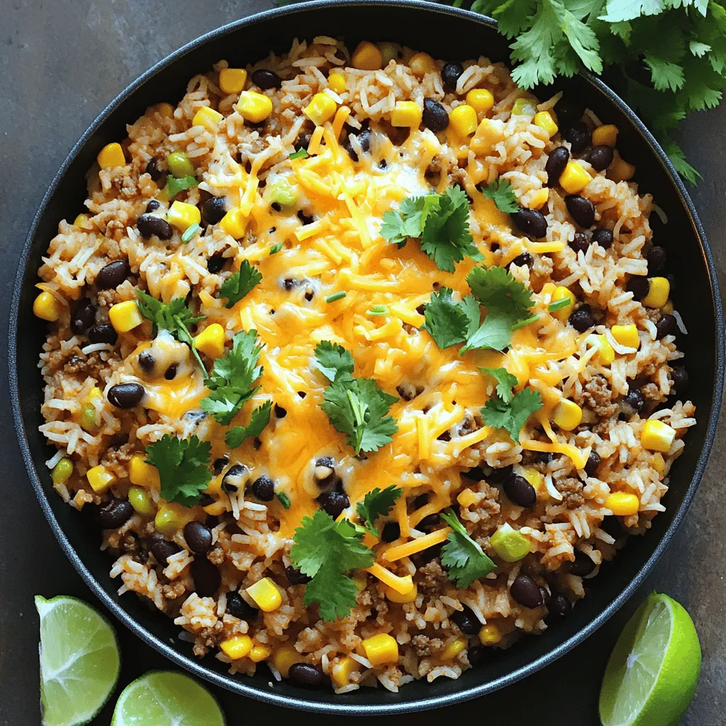 - 1 cup long-grain white rice - 2 cups vegetable broth - 1 pound ground beef (or turkey) - 1 can (15 oz) black beans, drained and rinsed - 1 cup corn kernels (fresh, frozen, or canned) - 1 packet taco seasoning - 1 cup shredded cheddar cheese - 1 small onion, chopped - 2 cloves garlic, minced - 1 tablespoon olive oil - Salt and pepper to taste - Fresh cilantro (for garnish) - Lime wedges (for serving) Gathering the right ingredients is key for a tasty Cheesy Taco Rice Skillet. You want to use long-grain white rice for the best texture. The vegetable broth adds flavor, so don't skip it! Ground beef or turkey works well, but feel free to swap it for your favorite protein. Canned black beans are a great source of fiber and protein. Corn adds sweetness and a pop of color. Taco seasoning ties it all together with bold flavor. I love using sharp cheddar cheese for its rich taste, but you can pick your favorite cheese. Chop your onion and garlic finely. These aromatics build the base of flavor in your skillet. Olive oil is perfect for sautéing. Finally, salt and pepper help to enhance every bite. Don’t forget fresh cilantro and lime wedges for a bright finish! For the full recipe and detailed cooking instructions, check out the [Full Recipe](#). - Heat 1 tablespoon of olive oil in a large skillet over medium heat. - Add 1 small chopped onion and sauté for 3-4 minutes. The onion should turn soft and clear. - Next, add 2 cloves of minced garlic and 1 pound of ground beef (or turkey). Cook until the meat is brown. This takes about 5-7 minutes. - Stir in 1 packet of taco seasoning, 1 can of drained black beans, 1 cup of corn, and 1 cup of long-grain white rice. Mix well to combine all the flavors. - Pour in 2 cups of vegetable broth. Bring the mixture to a boil. - Once it boils, reduce the heat to low. Cover the skillet and let it simmer for 18-20 minutes. The rice should be cooked and the liquid absorbed. - After simmering, remove the skillet from heat. Sprinkle 1 cup of shredded cheddar cheese on top. Cover for a few minutes to let the cheese melt. - Gently fluff the rice mixture with a fork and season with salt and pepper to taste. - Serve hot, garnished with fresh cilantro and lime wedges for extra flavor. For the full recipe, check out the detailed instructions provided. Enjoy your cooking! - Use high-quality taco seasoning for better flavor. It makes a big difference in taste. - Ensure rice is fully cooked by checking texture. It should be soft and fluffy. - Serve directly from the skillet for a rustic look. It feels homey and inviting. - Use fresh garnishes to enhance visual appeal. Cilantro and lime add color and freshness. - Add jalapeños for heat. They bring a nice kick to the dish. - Mix in diced tomatoes for extra moisture. This keeps your rice skillet juicy and tasty. These tips will help you create a delicious and visually appealing Cheesy Taco Rice Skillet. For the complete recipe, check out the [Full Recipe]. {{image_2}} You can switch up the protein in this Cheesy Taco Rice Skillet. Use ground chicken or plant-based meat for a lighter option. If you want a vegetarian meal, lentils or tofu work great too. Both options are rich in protein and add unique flavors to the dish. If you seek a healthier version, try using brown rice or cauliflower rice. Brown rice adds more fiber, while cauliflower rice keeps it low-carb. Quinoa is another excellent choice; it’s packed with protein and gives a nutty taste. You can get creative with spices and herbs. Try adding cumin or smoked paprika for depth. You might also want to mix in different cheese types. Pepper jack adds a spicy kick, while mozzarella gives a creamy texture. These variations keep the dish fresh and exciting. For the full recipe, check out the details above. Store any leftovers in an airtight container. This keeps the dish fresh and tasty. You should eat the Cheesy Taco Rice Skillet within 3-4 days of cooking. After that, the flavors may fade, and the texture can change. To freeze this dish, let it cool completely first. Then, place it in a freezer-safe container. Make sure to leave some room at the top for expansion. You can keep it frozen for up to three months. When you are ready to eat, thaw it in the fridge overnight before reheating. For reheating, you can use the stovetop or microwave. If using the stovetop, heat it gently over low heat. This helps avoid burning. If you use a microwave, cover the dish to keep moisture in. Add a splash of broth or water to help it stay moist. This prevents it from drying out during reheating. You can use many tasty options. Ground turkey is a great choice. It is lean and cooks well. You can also try ground chicken. If you want a meat-free dish, use lentils or crumbled tofu. For a fun twist, black beans or chickpeas can add protein. Each option gives a different flavor and texture. Yes, you can easily prep this dish before serving. Cook the Cheesy Taco Rice Skillet as usual. Let it cool, then place it in an airtight container. Store it in the fridge for up to 3-4 days. You can also freeze it. Just separate into portions before freezing. When ready to eat, thaw in the fridge overnight. Reheat on the stove or in the microwave. There are many fun ways to add heat. You can mix in diced jalapeños or chopped chili peppers. Add a dash of cayenne pepper or hot sauce to the mix. For extra flavor, consider using spicy taco seasoning. If you like it really hot, sprinkle some crushed red pepper on top before serving. Adjust the heat to your taste for a perfect kick! This blog post covered how to make a tasty Cheesy Taco Rice Skillet. You learned the key ingredients, preparation steps, and useful tips for cooking and serving. Explore variations to suit your taste, like different proteins or rice types. Proper storage ensures leftovers stay fresh and delicious. Overall, this dish is flexible and easy. Experiment with flavors and enjoy your cooking!