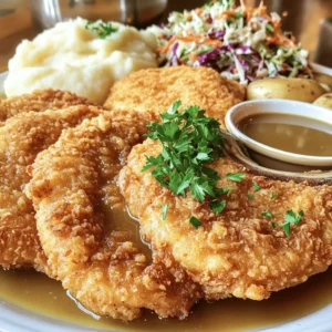 To make the best chicken fried steak, you need some key items: - 4 beef cubed steaks (about 4 ounces each) - 1 cup buttermilk - 1 cup all-purpose flour - 1 teaspoon garlic powder - 1 teaspoon onion powder - 1 teaspoon paprika - 1 teaspoon black pepper - 1/2 teaspoon cayenne pepper (optional for heat) - 1 teaspoon salt - 1 egg, beaten - Vegetable oil for frying These ingredients come together to create a dish that is crispy and full of flavor. The buttermilk helps to tenderize the meat and adds a tangy taste. The flour and spices create a crunchy coating that makes every bite satisfying. If you don’t have buttermilk, you can use plain yogurt or milk mixed with vinegar. This will give you a similar tangy flavor. For those who need gluten-free options, try using rice flour or a gluten-free all-purpose blend. These alternatives work well and still give you that crispy texture. When serving chicken fried steak, think about delicious sides. Mashed potatoes are a classic choice. They are creamy and pair well with the steak. Coleslaw adds a nice crunch and freshness. Don't forget the gravy! A rich, creamy gravy drizzled over the steak takes the dish to the next level. You can make it from scratch or use a store-bought option for ease. For the full recipe, check out [Full Recipe]. To start, marinate the cubed steaks in buttermilk. This step is key for flavor and tenderness. Let them soak for at least one hour. For the best results, try to marinate overnight. While the steaks soak, prepare the coating. In a shallow dish, mix one cup of all-purpose flour with: - 1 teaspoon garlic powder - 1 teaspoon onion powder - 1 teaspoon paprika - 1 teaspoon black pepper - 1/2 teaspoon cayenne pepper (optional) - 1 teaspoon salt Whisk these together until well combined. This mixture gives your Chicken Fried Steak a great taste. Now, it’s time to cook. Heat about 1/4 inch of vegetable oil in a large skillet over medium-high heat. Wait until the oil gets hot. Next, take the marinated steaks from the buttermilk. Let the extra buttermilk drip off. Dip each steak into the egg mixture, then coat it well with the seasoned flour. Press down to make sure it sticks. Carefully place the breaded steaks in the hot oil. Fry them for about 3-4 minutes on each side. Look for a golden brown color and ensure they are cooked through. Once cooked, transfer the steaks to a paper towel-lined plate. This step helps drain any extra oil. For plating, use a warm plate to serve the Chicken Fried Steak. Garnish with chopped parsley for a pop of color. Pair it with creamy gravy and mashed potatoes or coleslaw for a classic touch. This meal not only tastes great but also looks inviting. If you want the full recipe, check out the [Full Recipe]. Marination is key. Soak your cubed steaks in buttermilk for at least one hour. For the best results, let them marinate overnight. This process makes the meat tender and flavorful. When coating the steaks, use a shallow dish. Whisk flour with garlic powder, onion powder, paprika, black pepper, and salt. If you want some heat, add cayenne pepper. After marinating, dip each steak in an egg mixture. Then, coat it well with the flour mix. Press down to help the coating stick. Avoid overcrowding your frying pan. If you add too many steaks at once, they won’t fry evenly. This leads to soggy spots instead of a crispy crust. Make sure your oil is hot enough. If not, the coating absorbs too much oil. Heat the oil to medium-high before frying. You can test it by dropping a small bit of flour in. If it sizzles, you’re ready to cook. To add more heat, mix in extra cayenne pepper or try hot sauce. Start with a pinch and taste as you go. This way, you can find the right level for your taste. If you want less spice, balance flavors with a little sugar or honey. This helps to tone down the heat while still keeping the dish delicious. Remember, cooking is all about finding your perfect blend! For the complete recipe, refer to the Full Recipe. {{image_2}} You can enjoy chicken fried steak in different ways. - Oven-baked Chicken Fried Steak: This method is great for a healthier option. Preheat your oven to 425°F. Instead of frying, place the coated steaks on a baking sheet. Spray them lightly with cooking oil. Bake for about 20 minutes, flipping halfway through. This gives a crispy texture without the extra oil. - Air fryer method for a healthier option: The air fryer is another smart choice. Preheat it to 400°F. Arrange the breaded steaks in a single layer. Cook for about 10-12 minutes, flipping halfway. This method cuts down on fat while keeping the taste. Spice up your chicken fried steak with unique flavors. - Incorporating cheese or herbs in the coating: You can mix shredded cheese, like cheddar, into the flour. Fresh herbs like parsley or thyme can also add a nice twist. This makes the coating even more flavorful. - Different spice blends for a flavor twist: Try adding different spices to the mix. Cajun seasoning brings heat and depth. A bit of Italian seasoning can add a fresh taste. Experimenting with spices can change your dish completely. Chicken fried steak has many regional styles. - Southern-style vs. Western-style Chicken Fried Steak: Southern-style is often richer, with a thick, creamy gravy. Western-style may be lighter, using less oil and simpler seasonings. Each style has its own loyal fans. - Popular restaurant interpretations: Many restaurants put their spin on this classic dish. Some might use different cuts of meat or fancy sauces. You can try these versions for new and exciting flavors. With these variations, you can make chicken fried steak your own. The full recipe is just the beginning! To keep your Chicken Fried Steak fresh, place it in an airtight container. This method helps to lock in moisture. You can store it in the fridge for up to three days. If you want to save it longer, freeze the steak. Wrap each piece tightly in plastic wrap, then place it in a freezer bag. This way, it can last up to three months. When reheating, aim to keep the steak crispy. The best method is using an oven. Preheat it to 350°F (175°C). Place the steak on a baking sheet and heat for about 15 minutes. This helps restore the texture. If you're in a hurry, you can use a microwave. Just heat it in short bursts to avoid sogginess. Chicken Fried Steak lasts about three days in the fridge. After that, it may spoil. Look for signs like a bad smell or a slimy texture. If you see these signs, it's best to throw it away. Always trust your senses; they are your best guide for food safety. For more detailed steps, check the Full Recipe. The best cuts for chicken fried steak are beef cubed steaks. These cuts come from the round or chuck, which are tough but become tender when cooked. They usually weigh about 4 ounces each. Using cubed steaks ensures that the meat stays juicy and flavorful. Each piece has a nice texture, which works well with the crispy coating. Yes, you can make chicken fried steak ahead of time. You can marinate the steaks in buttermilk the night before. This gives them more flavor and tenderness. After frying, let them cool. Store them in the fridge in an airtight container. When you're ready to eat, reheat them in the oven at 350°F. This keeps the coating crispy. To check if chicken fried steak is done, use a meat thermometer. The internal temperature should reach 145°F. This ensures the meat is safe to eat. If you cut into the steak, the juices should run clear, not pink. This also shows that the steak is cooked well. Classic sides for chicken fried steak include: - Mashed potatoes - Creamy gravy - Coleslaw - Green beans - Corn on the cob You can also try creative pairs like sweet potato fries or a fresh salad. These sides add color and balance to your meal. Yes, you can make chicken fried steak without buttermilk. If you don't have it, use regular milk mixed with vinegar. Combine 1 cup of milk with 1 tablespoon of vinegar. Let it sit for 5 minutes to sour. You can also use plain yogurt or sour cream mixed with a little water for a similar effect. This keeps the steak moist and flavorful. In this post, we covered how to make Chicken Fried Steak. Key ingredients include beef cubed steaks, buttermilk, and spices. We explored variations, cooking techniques, and recommended sides. Remember, proper marination and cooking methods are vital for great flavor. With tips to avoid common mistakes, you can enjoy this dish at its best. Experiment with different cooking styles or add unique flavors to make it your own. Whether baking, frying, or using an air fryer, Chicken Fried Steak can impress any crowd. Enjoy cooking and savor each bite!