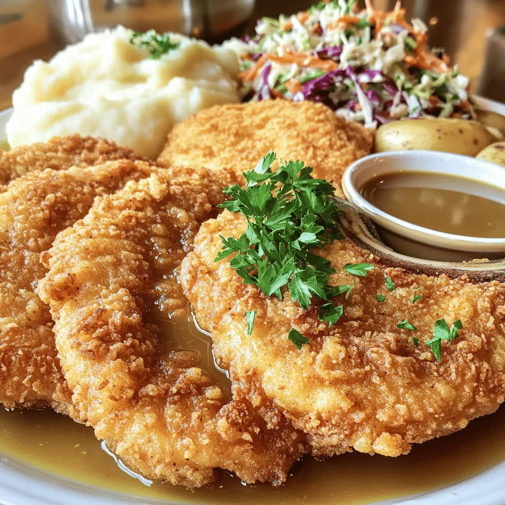 To make the best chicken fried steak, you need some key items: - 4 beef cubed steaks (about 4 ounces each) - 1 cup buttermilk - 1 cup all-purpose flour - 1 teaspoon garlic powder - 1 teaspoon onion powder - 1 teaspoon paprika - 1 teaspoon black pepper - 1/2 teaspoon cayenne pepper (optional for heat) - 1 teaspoon salt - 1 egg, beaten - Vegetable oil for frying These ingredients come together to create a dish that is crispy and full of flavor. The buttermilk helps to tenderize the meat and adds a tangy taste. The flour and spices create a crunchy coating that makes every bite satisfying. If you don’t have buttermilk, you can use plain yogurt or milk mixed with vinegar. This will give you a similar tangy flavor. For those who need gluten-free options, try using rice flour or a gluten-free all-purpose blend. These alternatives work well and still give you that crispy texture. When serving chicken fried steak, think about delicious sides. Mashed potatoes are a classic choice. They are creamy and pair well with the steak. Coleslaw adds a nice crunch and freshness. Don't forget the gravy! A rich, creamy gravy drizzled over the steak takes the dish to the next level. You can make it from scratch or use a store-bought option for ease. For the full recipe, check out [Full Recipe]. To start, marinate the cubed steaks in buttermilk. This step is key for flavor and tenderness. Let them soak for at least one hour. For the best results, try to marinate overnight. While the steaks soak, prepare the coating. In a shallow dish, mix one cup of all-purpose flour with: - 1 teaspoon garlic powder - 1 teaspoon onion powder - 1 teaspoon paprika - 1 teaspoon black pepper - 1/2 teaspoon cayenne pepper (optional) - 1 teaspoon salt Whisk these together until well combined. This mixture gives your Chicken Fried Steak a great taste. Now, it’s time to cook. Heat about 1/4 inch of vegetable oil in a large skillet over medium-high heat. Wait until the oil gets hot. Next, take the marinated steaks from the buttermilk. Let the extra buttermilk drip off. Dip each steak into the egg mixture, then coat it well with the seasoned flour. Press down to make sure it sticks. Carefully place the breaded steaks in the hot oil. Fry them for about 3-4 minutes on each side. Look for a golden brown color and ensure they are cooked through. Once cooked, transfer the steaks to a paper towel-lined plate. This step helps drain any extra oil. For plating, use a warm plate to serve the Chicken Fried Steak. Garnish with chopped parsley for a pop of color. Pair it with creamy gravy and mashed potatoes or coleslaw for a classic touch. This meal not only tastes great but also looks inviting. If you want the full recipe, check out the [Full Recipe]. Marination is key. Soak your cubed steaks in buttermilk for at least one hour. For the best results, let them marinate overnight. This process makes the meat tender and flavorful. When coating the steaks, use a shallow dish. Whisk flour with garlic powder, onion powder, paprika, black pepper, and salt. If you want some heat, add cayenne pepper. After marinating, dip each steak in an egg mixture. Then, coat it well with the flour mix. Press down to help the coating stick. Avoid overcrowding your frying pan. If you add too many steaks at once, they won’t fry evenly. This leads to soggy spots instead of a crispy crust. Make sure your oil is hot enough. If not, the coating absorbs too much oil. Heat the oil to medium-high before frying. You can test it by dropping a small bit of flour in. If it sizzles, you’re ready to cook. To add more heat, mix in extra cayenne pepper or try hot sauce. Start with a pinch and taste as you go. This way, you can find the right level for your taste. If you want less spice, balance flavors with a little sugar or honey. This helps to tone down the heat while still keeping the dish delicious. Remember, cooking is all about finding your perfect blend! For the complete recipe, refer to the Full Recipe. {{image_2}} You can enjoy chicken fried steak in different ways. - Oven-baked Chicken Fried Steak: This method is great for a healthier option. Preheat your oven to 425°F. Instead of frying, place the coated steaks on a baking sheet. Spray them lightly with cooking oil. Bake for about 20 minutes, flipping halfway through. This gives a crispy texture without the extra oil. - Air fryer method for a healthier option: The air fryer is another smart choice. Preheat it to 400°F. Arrange the breaded steaks in a single layer. Cook for about 10-12 minutes, flipping halfway. This method cuts down on fat while keeping the taste. Spice up your chicken fried steak with unique flavors. - Incorporating cheese or herbs in the coating: You can mix shredded cheese, like cheddar, into the flour. Fresh herbs like parsley or thyme can also add a nice twist. This makes the coating even more flavorful. - Different spice blends for a flavor twist: Try adding different spices to the mix. Cajun seasoning brings heat and depth. A bit of Italian seasoning can add a fresh taste. Experimenting with spices can change your dish completely. Chicken fried steak has many regional styles. - Southern-style vs. Western-style Chicken Fried Steak: Southern-style is often richer, with a thick, creamy gravy. Western-style may be lighter, using less oil and simpler seasonings. Each style has its own loyal fans. - Popular restaurant interpretations: Many restaurants put their spin on this classic dish. Some might use different cuts of meat or fancy sauces. You can try these versions for new and exciting flavors. With these variations, you can make chicken fried steak your own. The full recipe is just the beginning! To keep your Chicken Fried Steak fresh, place it in an airtight container. This method helps to lock in moisture. You can store it in the fridge for up to three days. If you want to save it longer, freeze the steak. Wrap each piece tightly in plastic wrap, then place it in a freezer bag. This way, it can last up to three months. When reheating, aim to keep the steak crispy. The best method is using an oven. Preheat it to 350°F (175°C). Place the steak on a baking sheet and heat for about 15 minutes. This helps restore the texture. If you're in a hurry, you can use a microwave. Just heat it in short bursts to avoid sogginess. Chicken Fried Steak lasts about three days in the fridge. After that, it may spoil. Look for signs like a bad smell or a slimy texture. If you see these signs, it's best to throw it away. Always trust your senses; they are your best guide for food safety. For more detailed steps, check the Full Recipe. The best cuts for chicken fried steak are beef cubed steaks. These cuts come from the round or chuck, which are tough but become tender when cooked. They usually weigh about 4 ounces each. Using cubed steaks ensures that the meat stays juicy and flavorful. Each piece has a nice texture, which works well with the crispy coating. Yes, you can make chicken fried steak ahead of time. You can marinate the steaks in buttermilk the night before. This gives them more flavor and tenderness. After frying, let them cool. Store them in the fridge in an airtight container. When you're ready to eat, reheat them in the oven at 350°F. This keeps the coating crispy. To check if chicken fried steak is done, use a meat thermometer. The internal temperature should reach 145°F. This ensures the meat is safe to eat. If you cut into the steak, the juices should run clear, not pink. This also shows that the steak is cooked well. Classic sides for chicken fried steak include: - Mashed potatoes - Creamy gravy - Coleslaw - Green beans - Corn on the cob You can also try creative pairs like sweet potato fries or a fresh salad. These sides add color and balance to your meal. Yes, you can make chicken fried steak without buttermilk. If you don't have it, use regular milk mixed with vinegar. Combine 1 cup of milk with 1 tablespoon of vinegar. Let it sit for 5 minutes to sour. You can also use plain yogurt or sour cream mixed with a little water for a similar effect. This keeps the steak moist and flavorful. In this post, we covered how to make Chicken Fried Steak. Key ingredients include beef cubed steaks, buttermilk, and spices. We explored variations, cooking techniques, and recommended sides. Remember, proper marination and cooking methods are vital for great flavor. With tips to avoid common mistakes, you can enjoy this dish at its best. Experiment with different cooking styles or add unique flavors to make it your own. Whether baking, frying, or using an air fryer, Chicken Fried Steak can impress any crowd. Enjoy cooking and savor each bite!