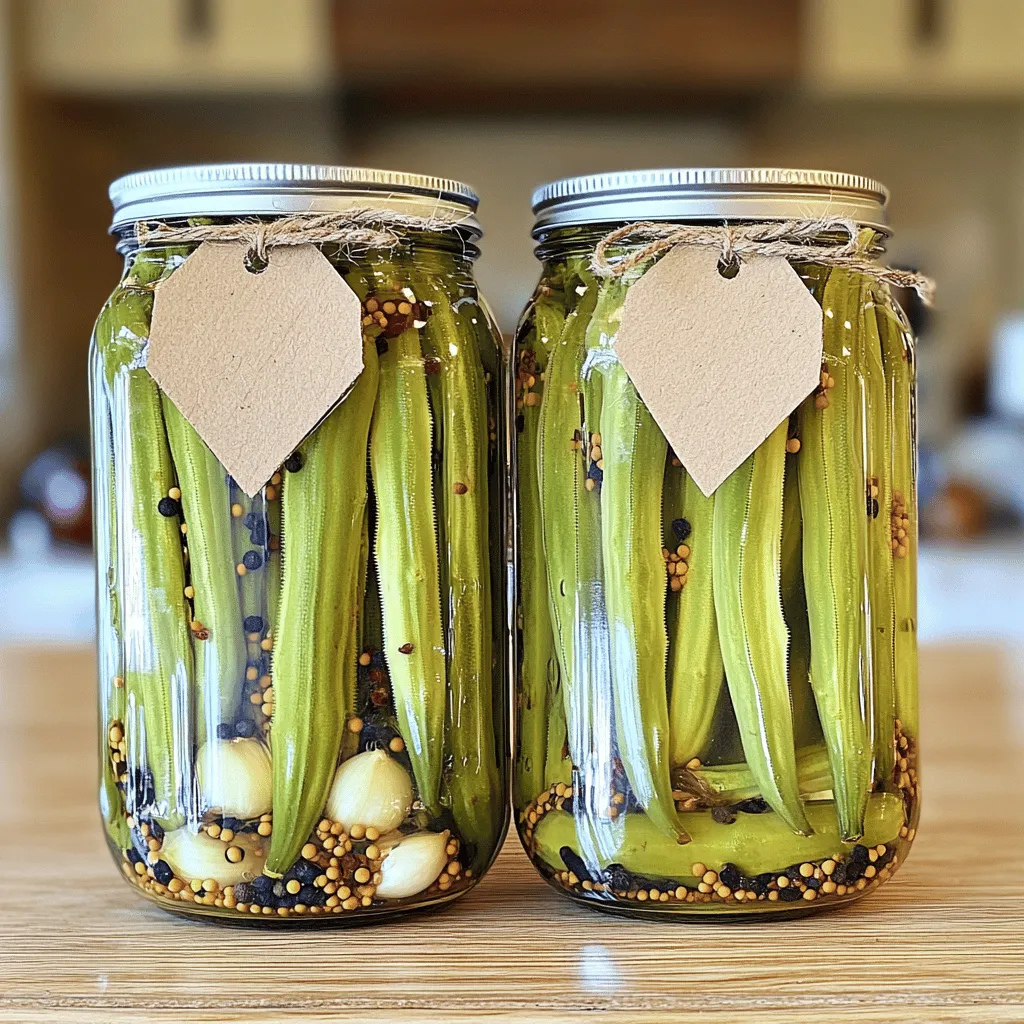 To start, you need fresh okra. Look for bright green pods that are firm to the touch. About 1 pound will work well. Trim the stems but leave the tips intact. This keeps the texture crunchy. Fresh okra gives the best flavor and crunch. The brine makes the pickling magic happen. You’ll need: - 1 cup distilled white vinegar - 1 cup water - 2 tablespoons kosher salt - 1 tablespoon sugar This mix balances tang and sweetness. The vinegar adds a nice zing, while the sugar softens the sharpness. Salt helps preserve the okra and enhances the taste. Flavor is key in pickling. For this recipe, gather: - 2 cloves garlic, sliced - 1 teaspoon black peppercorns - 1 teaspoon mustard seeds - 1 teaspoon red pepper flakes (optional for heat) - 1 bay leaf Garlic brings depth, while the mustard seeds add a unique crunch. Black peppercorns give a warm spice, and red pepper flakes can kick up the heat! The bay leaf rounds out the flavors nicely. Using these ingredients, you’ll create a crunchy and tangy delight. Try this full recipe for the best results! To start, gather your ingredients for the brine. You need distilled white vinegar, water, kosher salt, and sugar. Combine these in a medium saucepan. Heat it over medium heat while stirring. You want the salt and sugar to dissolve fully. This step is key for flavor. Once dissolved, take it off the heat and let it cool a bit. Next, you must prepare your jars. Sterilization is crucial to keep your pickles fresh. Wash two 16-ounce glass jars well. Rinse them with hot water. You can also run them through the dishwasher. Just ensure they are clean and dry before you fill them. Now it's time to pack the okra. Take your fresh, trimmed okra and stand them upright in the jars. Make sure they fit snugly but do not crush them. This keeps them crunchy. Next, divide the sliced garlic, black peppercorns, mustard seeds, red pepper flakes, and bay leaf evenly between the jars. Once the okra is in place, pour the cooled brine over it. Make sure the okra is fully submerged. Seal the lids tightly. Let them cool to room temperature. Store them in the fridge for at least 24 hours. You can eat them after a day, but they taste even better after a week! To keep your okra crunchy, start with fresh, young pods. Older okra can turn soft. Trim the stems, but leave the pods whole. Packing them tightly in jars helps maintain their shape. Pour the cooled brine over the okra quickly. This helps keep the crunch intact. Always sterilize your jars before pickling. Wash them in hot, soapy water. Rinse well to remove soap. You can also run them through the dishwasher for a deep clean. After washing, place the jars in a hot oven for 10 minutes to ensure they’re dry and sterile. This step prevents any unwanted bacteria. Want to amp up the flavor? Try adding dill seeds or coriander for a fresh twist. You can also toss in a few slices of fresh ginger for a zing. If you like it spicy, add more red pepper flakes or even fresh chili peppers. Experiment with herbs like thyme or oregano to find your perfect blend. For the full recipe, check out the detailed instructions and enjoy making your pickled okra! {{image_2}} You can change the heat of your pickled okra easily. If you like it spicy, add more red pepper flakes. For a milder touch, reduce the flakes or skip them. You can also try adding sliced jalapeños or a dash of hot sauce. This gives you control over the spice level. Experiment with different spices to create unique flavors. For a savory kick, add dill or coriander seeds. If you prefer a more herbal taste, try adding fresh thyme or oregano. This adds depth to your pickles and makes them more exciting. Don’t limit yourself to just okra! You can use other vegetables too. Try pickling carrots, cucumbers, or green beans. Each veggie brings its own crunch and taste. Mix and match for a colorful jar of pickled goodness. You can find the full recipe in this article to guide your pickling adventure. Store your refrigerator pickled okra in a cool place. The best spot is your fridge. Use clean glass jars with tight lids. Make sure the okra is fully submerged in the brine. This keeps it fresh and crunchy. Refrigerator pickled okra lasts for about two months. After that, the taste and texture may change. To enjoy the best flavor, eat it within four weeks. Always check the jar for any signs before eating. Look for any changes in color or smell. If the okra looks dull or has an off smell, it may be bad. You might also see mold or bubbles in the jar. If any of these happen, throw it away. Safety first! For the full recipe, check out the details above. You should refrigerate pickled okra for at least 24 hours. This time allows the flavors to soak in. If you can wait a week, that’s even better! The taste will grow richer and more complex. It’s best to use fresh okra for this recipe. Frozen okra can lose its crunch during freezing. If you must use frozen, thaw it first and drain any excess water. This can help maintain some crunch. Pickled okra holds many health perks. It is low in calories but high in fiber. This fiber aids digestion and keeps you full. Okra also contains vitamins like A and C, which support your immune system. The vinegar in the pickles may even help with blood sugar control. If your pickled okra is too salty, try adding more water to the brine. If it’s too soft, check your brining time. You may have kept it too long in the brine. For off flavors, ensure your jars and ingredients are clean and fresh. Always taste as you go! This article covered how to make pickled okra, including ingredients, instructions, and tips. Fresh okra, brine components, and seasoning create tasty picks. I also shared steps for brining, sterilizing jars, and packing okra. Remember to ensure your okra stays crunchy and consider variations in spice and flavors. Store your pickled okra properly for the best shelf life. Enjoy the health benefits and fun of pickling as you experiment with different ingredients and techniques. Happy pickling!