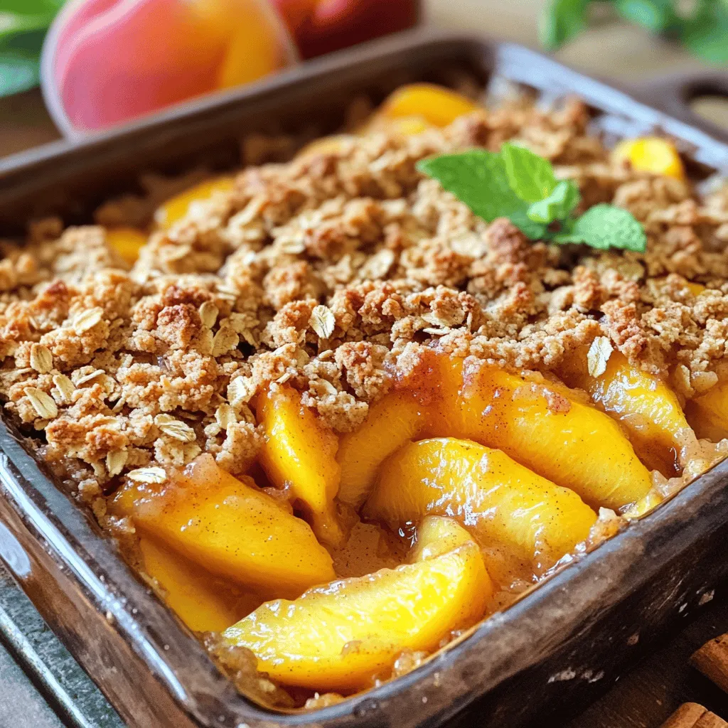 - 6 ripe peaches, peeled and sliced - 1 cup granulated sugar - 1 tablespoon lemon juice - 1 teaspoon cinnamon - 1 teaspoon vanilla extract - 1 cup rolled oats - 1 cup all-purpose flour - 1/2 cup brown sugar - 1/2 teaspoon baking powder - 1/2 cup unsalted butter, melted - Pinch of salt Choosing ripe vs. overripe peaches Ripe peaches are key for the best peach crisp. Look for peaches that yield slightly when you press them. They should smell sweet and fragrant. Avoid overripe peaches, as they can become mushy when baked. Alternatives for sugar: brown vs. granulated You can use brown sugar for a deeper flavor. Brown sugar adds a hint of molasses and moisture. However, granulated sugar works well too, giving a pure sweetness. Feel free to mix both for a balanced taste. Importance of fresh vs. canned peaches Fresh peaches shine in this dish. They have great flavor and texture. Canned peaches can work in a pinch but may have added sugar. If using canned peaches, drain them well to avoid excess liquid in your crisp. For the full recipe, check out [Full Recipe]. - Preheat the oven to 350°F (175°C). - Prepare the peach filling by mixing sliced peaches, sugar, lemon juice, cinnamon, and vanilla in a bowl. Toss until the peaches are well-coated. Pour this mix into a 9x13-inch baking dish. - For the crisp topping, mix rolled oats, flour, brown sugar, baking powder, and salt in a separate bowl. - Pour in the melted butter. Stir until the mix is crumbly and well combined. This will give your topping a nice texture. - Layer the oat mixture evenly over the peach layer in the baking dish. - Bake in your preheated oven for 30-35 minutes. The top should turn golden brown, and the peach juices will bubble. Enjoy the sweet aroma as it bakes! To make the best peach crisp, you need ripe peaches. Look for peaches that are slightly soft but not mushy. They should have a sweet aroma. The skin should be smooth and free of blemishes. The best peach varieties for baking are freestone peaches. They come off the pit easily and have great flavor. Varieties like Clingstone also work, but they can be tougher to slice. The topping is key to a great peach crisp. Start with a mix of oats, flour, and sugars. Adjust the topping to get a crumbly texture. If it feels too wet, add more oats or flour. For a golden top, make sure your oven is set to the right temperature. Bake until you see a nice golden brown color. This usually takes about 30 to 35 minutes. Serve your peach crisp warm. Top it with a scoop of vanilla ice cream or a dollop of whipped cream. Both add a nice touch to the sweet peaches. You can also serve peach crisp with a side of yogurt or fresh fruit. This makes a great dessert or even a special breakfast. For the full recipe, check out the details above. {{image_2}} You can mix things up with your peach crisp. Try using blueberries, cherries, or apples instead of peaches. Each fruit adds its own sweet taste. You can even combine different fruits. For example, mix peaches with blueberries. This creates a colorful and tasty dish. If you need a gluten-free option, use almond flour or gluten-free oats. These swaps keep your crisp delicious. For those who want a vegan version, replace butter with coconut oil. Use maple syrup or agave instead of granulated sugar. These changes still deliver great flavor and texture. Want to kick up the flavor? Add spices like nutmeg or ginger to your peach mix. These spices bring warmth and depth. You can also infuse the topping with nuts or seeds. Try adding chopped pecans or sunflower seeds. They add crunch and extra taste to your crisp. Looking for more ideas? Check out the Full Recipe for the best peach crisp! Enjoy experimenting with these variations! To keep your peach crisp fresh, store it in the fridge. Place it in an airtight container. This helps keep the peach flavor strong. If you want to save it longer, freeze it. Wrap it tightly in plastic wrap and then foil. This will help prevent freezer burn. To retain crispness, place a paper towel in the container. This absorbs extra moisture. When reheating, the oven is your best friend. Preheat it to 350°F (175°C). Then, place the peach crisp in a baking dish. Cover it with foil to keep it from drying out. Heat for about 15 minutes. If you prefer, you can serve it cold. Some people enjoy it this way, but warm is best. Peach crisp lasts about 3-4 days in the fridge. After that, it may lose flavor and texture. In the freezer, it can last up to 3 months. Check for signs of spoilage. If you see mold or an off smell, throw it away. Always trust your senses when it comes to food safety. To make peach crisp with frozen peaches, first, you need to thaw them. This helps release extra water. Drain any excess liquid to avoid a soggy crisp. You may want to add a bit more cornstarch to thicken the juices. Also, increase the baking time by about 5 to 10 minutes. This ensures the filling cooks well and the topping gets crispy. Yes! You can prepare peach crisp a day in advance. Just follow the recipe and store it unbaked in the fridge. When you’re ready to bake, take it out and let it sit for about 30 minutes. Then bake according to the recipe. This way, the topping stays crunchy, and the peach mixture remains flavorful. You can use honey or maple syrup as natural sweeteners. They add a nice flavor and moisture. If you use honey, reduce the liquid in the recipe slightly. Coconut sugar is another great option. It has a lower glycemic index and a rich flavor. Just keep in mind that these sweeteners may change the crisp's color and texture. Absolutely! Doubling the recipe is easy. Just use a larger baking dish, like a 12x18-inch pan. Keep the same ingredient ratios. You may need to bake it a bit longer, so watch for the top to turn golden brown. You want the peaches to bubble and the topping to be crisp. Enjoy this larger batch with family and friends! For the full recipe, check out the recipe section above. In this blog post, we explored how to make a delicious peach crisp. We discussed key ingredients, from ripe peaches to sugar choices, and shared step-by-step instructions. We also offered tips on perfecting the texture and using different fruits or dietary modifications. Remember to store your crisp properly and reheat it to enjoy later. With these insights, you can make a flavorful peach crisp that'll impress anyone. Enjoy baking and experimenting with flavors to make this dish your own!