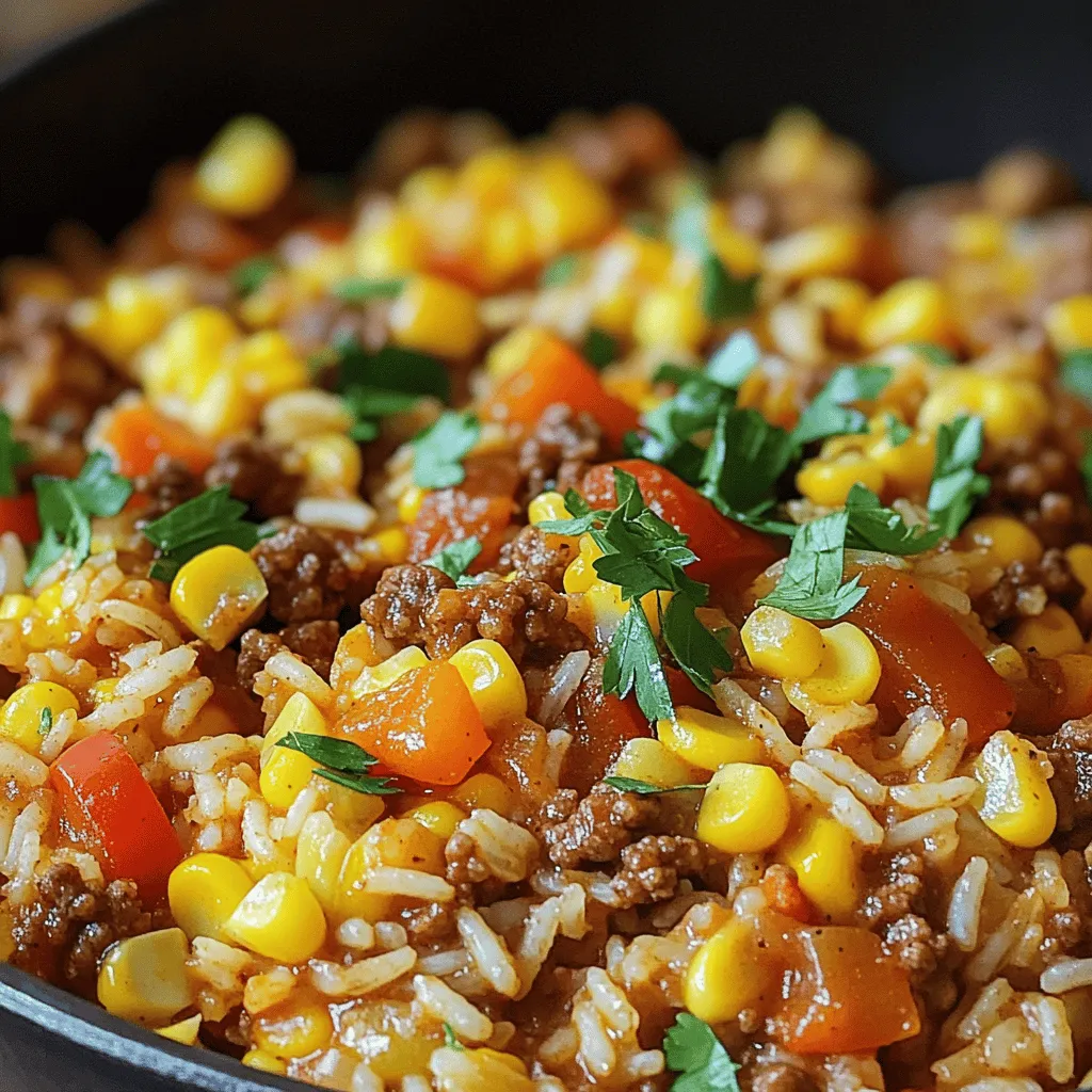 - 1 pound ground beef - 1 cup long-grain white rice - 1 medium onion, diced - 2 cloves garlic, minced - 1 bell pepper (red or green), diced - 1 can (14.5 oz) diced tomatoes, undrained - 2 cups beef broth - 1 teaspoon cumin - 1 teaspoon smoked paprika - 1/2 teaspoon dried oregano - Salt and pepper to taste - 1 cup corn (frozen or canned) - 1 tablespoon olive oil - Fresh parsley or cilantro for garnish In this recipe, I use simple and fresh ingredients. Ground beef is my main protein. It provides great flavor and keeps the dish hearty. The rice makes the meal filling and pairs well with the beef. I always add an onion, diced small, to bring sweetness and depth. Garlic gives a nice aroma and taste. A bell pepper, whether red or green, adds color and crunch. The diced tomatoes help keep the dish moist and flavorful. For seasonings, I use cumin and smoked paprika. They add warmth and a smoky flavor. Dried oregano brings a hint of earthiness. I season with salt and pepper to enhance all the flavors. Beef broth is key for cooking the rice and adding richness. Frozen or canned corn brings a sweet pop of flavor. Lastly, a drizzle of olive oil helps everything cook evenly. This recipe is versatile. You can adjust the ingredients based on what you have at home. For the full recipe, check out the [Full Recipe]. - Heat 1 tablespoon of olive oil in a large skillet over medium-high heat. - Add 1 pound of ground beef. - Cook until the beef is browned, about 5-7 minutes. - Break the meat apart with a spatula as it cooks. - Drain any excess fat if needed. - Add 1 medium diced onion, 1 diced bell pepper, and 2 minced garlic cloves to the skillet. - Sauté for 3-4 minutes. - Cook until the vegetables soften and the onion turns clear. - Stir in 1 cup of long-grain white rice. - Add 1 teaspoon of cumin, 1 teaspoon of smoked paprika, and 1/2 teaspoon of dried oregano. - Mix well to coat the rice with the spices. - Season with salt and pepper to taste. - Pour in 1 can of diced tomatoes (14.5 oz) and 1 cup of corn. - Then, add 2 cups of beef broth to the skillet. - Bring the mixture to a boil over high heat. - Once boiling, reduce the heat to low. - Cover the skillet with a lid. - Let it simmer for 20-25 minutes. - Stir occasionally until the rice is tender and the liquid is absorbed. - Once cooked, remove the skillet from the heat. - Fluff the rice with a fork gently. - Let it sit for a few minutes. - Garnish with fresh parsley or cilantro before serving. For the full recipe, check out the details above. Enjoy your savory ground beef and rice skillet! - Make sure the beef is well-browned for great flavor. This step builds a rich taste. - Use low-sodium broth for a healthier option. It helps control salt while keeping the dish tasty. - Stir occasionally to prevent sticking. This keeps the rice and beef from clumping. - Adjust the cooking time based on the rice type. Brown rice takes longer than white rice. - Pair your skillet dish with a side salad or crusty bread. This adds freshness and texture. - Top with shredded cheese for extra flavor. Melted cheese can make each bite more delightful. For more details, check the Full Recipe. {{image_2}} You can switch up the meat in this dish. Ground turkey or chicken works well. Both options keep it light and tasty. For a vegetarian choice, use lentils. Cooked lentils add a great texture. They soak up flavors just like beef. Adding vegetables makes this meal even better. Toss in peas, carrots, or spinach for color and nutrients. You can also swap the bell pepper for zucchini or mushrooms. These changes add different flavors and textures. Feel free to get creative with what you have! If you like heat, this dish can easily spice up. Add jalapeño or crushed red pepper flakes for a kick. Use spicy sausage instead of ground beef for a bold taste. These options will warm you up and make every bite exciting. For the full recipe, check out the details above! Store any leftovers in an airtight container. This keeps the food fresh and safe. It will last well for about 3-4 days in the fridge. Make sure to cool it down before putting it away. You can freeze the skillet in portions for quick meals. This makes it easy to grab a meal later. Just thaw it overnight in the refrigerator before reheating. This way, it stays tasty and safe. When you are ready to eat, reheat on the stove or in the microwave. To keep it moist, add a splash of broth. This helps bring back the flavor and texture. Enjoy your delicious meal again! Typically, this dish lasts 3-4 days when stored properly. Make sure to keep it in an airtight container. This helps keep the flavors fresh and safe to eat. Yes, you can make this recipe ahead of time. Cook it fully and let it cool. Then store it in the fridge. This way, you have quick meals ready for busy days. I recommend using long-grain white rice. It cooks evenly and stays fluffy, which makes it perfect for this dish. Other rice types may become sticky and mushy. Yes, it can be gluten-free. Just use gluten-free beef broth and check all other ingredients. Always read labels to ensure they meet your dietary needs. For the full recipe, check out the earlier section. This recipe for Ground Beef and Rice Skillet blends simplicity and flavor. We covered the main ingredients, seasonings, and easy steps to create this meal. Remember, you can customize it using different proteins and veggies. Store your leftovers well for busy days. Whether you're enjoying it fresh or reheated, this dish brings comfort to any table. Try it out, and make it your own!