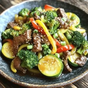 For a tasty Healthy Zucchini Beef Stir-Fry, start with these key items: - 1 lb (450g) lean beef sirloin, sliced thinly - 2 medium zucchinis, sliced into half-moons - 1 red bell pepper, julienned - 1 cup broccoli florets These main ingredients offer a mix of protein and vegetables. Lean beef sirloin gives you flavor without too much fat. Zucchini adds moisture and a light crunch. The red bell pepper adds sweetness, and broccoli packs in nutrients. Flavor is key in this dish. Here’s what you need: - 3 tablespoons soy sauce (low sodium) - 2 tablespoons oyster sauce (or hoisin for a vegan option) - 3 cloves garlic, minced - 1 tablespoon fresh ginger, minced Soy sauce and oyster sauce provide umami taste. Garlic and ginger add depth and warmth. These seasonings work together to take your stir-fry to the next level. To finish your stir-fry, use these garnishes: - Green onions, sliced - Sesame seeds These garnishes add color and a nice crunch. They make the dish look great and enhance the flavor. Enjoy your meal by adding these simple touches. For the complete recipe with instructions, check out the [Full Recipe]. Marinating the beef To make your beef tender and full of flavor, marinate it first. In a bowl, mix the sliced beef with one tablespoon of soy sauce, a pinch of salt, and pepper. Let it sit while you prepare the veggies. This step enhances the beef's taste and keeps it juicy. Slicing techniques Slice the beef as thinly as you can. This helps it cook quickly and evenly. Use a sharp knife and cut against the grain. This method makes the beef more tender when you eat it. Cutting zucchinis and bell peppers For the zucchinis, slice them into half-moons. Aim for pieces about a quarter-inch thick. This size cooks fast and keeps a nice crunch. For the red bell pepper, julienne it into thin strips. This adds color and sweetness to your dish. Preparing broccoli florets Take a head of broccoli and break it into small florets. Each floret should be bite-sized. This ensures they cook evenly and blend well with the other veggies. Set all your prepared veggies aside for quick access. Heating the pan effectively Use a large skillet or wok for stir-frying. Heat vegetable oil over medium-high heat. When the oil shimmers, it’s ready. This step is key for getting a good sear on the beef and vegetables. Timing for perfect cooking Add the marinated beef to the pan in a single layer. Don't stir it right away. Let it sear for one to two minutes. This browning adds a nice flavor. After that, stir-fry for another two to three minutes until fully cooked. Remove the beef and set it aside. Now, add minced garlic and ginger to the hot pan. Stir quickly for about 30 seconds to release the flavors. Then, toss in the zucchinis, bell pepper, and broccoli. Stir-fry for four to five minutes until the veggies are tender-crisp. Finally, return the beef to the pan, add the rest of the soy sauce and oyster sauce, and mix everything well. Cook for another two minutes to heat it all through. This step-by-step method will give you a tasty and colorful Healthy Zucchini Beef Stir-Fry. For the complete instructions, check out the Full Recipe. - Best stir-frying practices: Start with a hot pan. Heat the oil until it shimmers. This helps sear the beef quickly. Cook the beef in a single layer to get that nice brown crust. Don’t overcrowd the pan; this keeps everything cooking evenly. - Maintaining vegetable crispness: Stir-fry your veggies over high heat. This helps them stay bright and crunchy. Add them after the beef to avoid overcooking. A quick 4-5 minutes is all you need for tender-crisp vegetables. - Adding spices for extra flavor: Consider adding chili flakes for heat or cumin for warmth. You can also use fresh herbs like basil or cilantro for a fresh twist. They brighten up the dish and add layers of flavor. - Alternatives to soy and oyster sauce: If you’re looking for a soy-free option, try coconut aminos. It has a similar taste but is less salty. For a vegan twist, use hoisin sauce instead of oyster sauce for that sweet and savory balance. - Preparing ingredients in advance: Chop your vegetables and slice the beef a day ahead. Store them in airtight containers in the fridge. This makes cooking quick and easy on busy nights. - Making ahead and reheating: You can make this stir-fry a day in advance. Store it in the fridge, and reheat in a pan over medium heat. Add a splash of water or broth to keep it moist. For the complete cooking process, check out the Full Recipe. {{image_2}} You can switch up the protein in this dish easily. Chicken works great in stir-fry. Just cut it into thin strips like you did with the beef. If you prefer a meat-free meal, try tofu. Firm tofu absorbs flavors well and adds a nice texture. You can use vegetarian or vegan options, too. For a truly plant-based dish, you can skip the meat and use more vegetables. Add chickpeas or tempeh for protein. These options keep the meal healthy while making it satisfying. Feel free to mix in other vegetables. Carrots, snap peas, or mushrooms fit well in this dish. You can also use leafy greens like kale or spinach. They add color and nutrients. Consider seasonal ingredients for freshness. In the summer, add bell peppers or cherry tomatoes. In the fall, try squash or sweet potatoes. These swaps can change the flavor and keep things exciting. Serving this stir-fry is easy. You can serve it over rice or noodles. White or brown rice complements the dish well. Noodles, like soba or rice noodles, add a fun twist. You can also add fresh herbs for extra flavor. Chopped cilantro or basil adds brightness. For a crunchy element, sprinkle some crushed peanuts or cashews on top. For the full recipe, check out the detailed instructions and enjoy your cooking! To keep your Healthy Zucchini Beef Stir-Fry fresh, store leftovers in an airtight container. Let the dish cool down to room temperature first. This helps prevent moisture build-up. Place it in the fridge within two hours of cooking. Use the stir-fry within three to four days for the best taste. Yes, you can freeze stir-fry! It works well if you want to save some for later. Cool the stir-fry completely before freezing. Transfer it to a freezer-safe container or bag, removing as much air as possible. This keeps it tasty. When you're ready to eat it, thaw the stir-fry in the fridge overnight. Reheat it in a skillet over medium heat until hot, stirring often. In the fridge, the stir-fry lasts about three to four days. Look for signs of spoilage, like a sour smell or discoloration. If you see any, it's best to throw it away. Always trust your senses. If it doesn’t smell or look right, don’t eat it. Enjoy your stir-fry while it’s fresh for the best flavor! For the full recipe, check out the tasty details! Zucchini is low in calories and high in water. This makes it great for hydration. It contains vitamins A and C, which help your skin and eyes. Zucchini also provides fiber, which aids digestion. Eating zucchini can help you feel full while eating fewer calories. Plus, it has antioxidants that may protect your body from damage. Yes, you can easily make this stir-fry gluten-free. Use tamari instead of soy sauce for a gluten-free option. You can also skip oyster sauce or use a gluten-free alternative. Always check labels to ensure no hidden gluten. This way, you can enjoy the dish without worry. To add heat to your stir-fry, you can use red pepper flakes or fresh chili. Adding these while cooking will give the dish a nice kick. You can also use spicy sauce, like sriracha, to mix in at the end. Start with a small amount and taste as you go. Adjust the heat to your liking! For more flavor, consider adding a dash of hot sesame oil. If you want to learn more about preparing this dish, check out the Full Recipe. In this article, we explored making a healthy zucchini beef stir-fry. We covered key ingredients like lean beef and fresh vegetables. You learned about marinating beef, cutting techniques, and the stir-frying process. I also shared tips to keep veggies crisp and ways to prep meals in advance. Remember, you can swap proteins and vegetables to fit your taste. Enjoy experimenting with flavors and storage tips for freshness. By following these steps, you’ll create a tasty dish that’s fun to make and share.