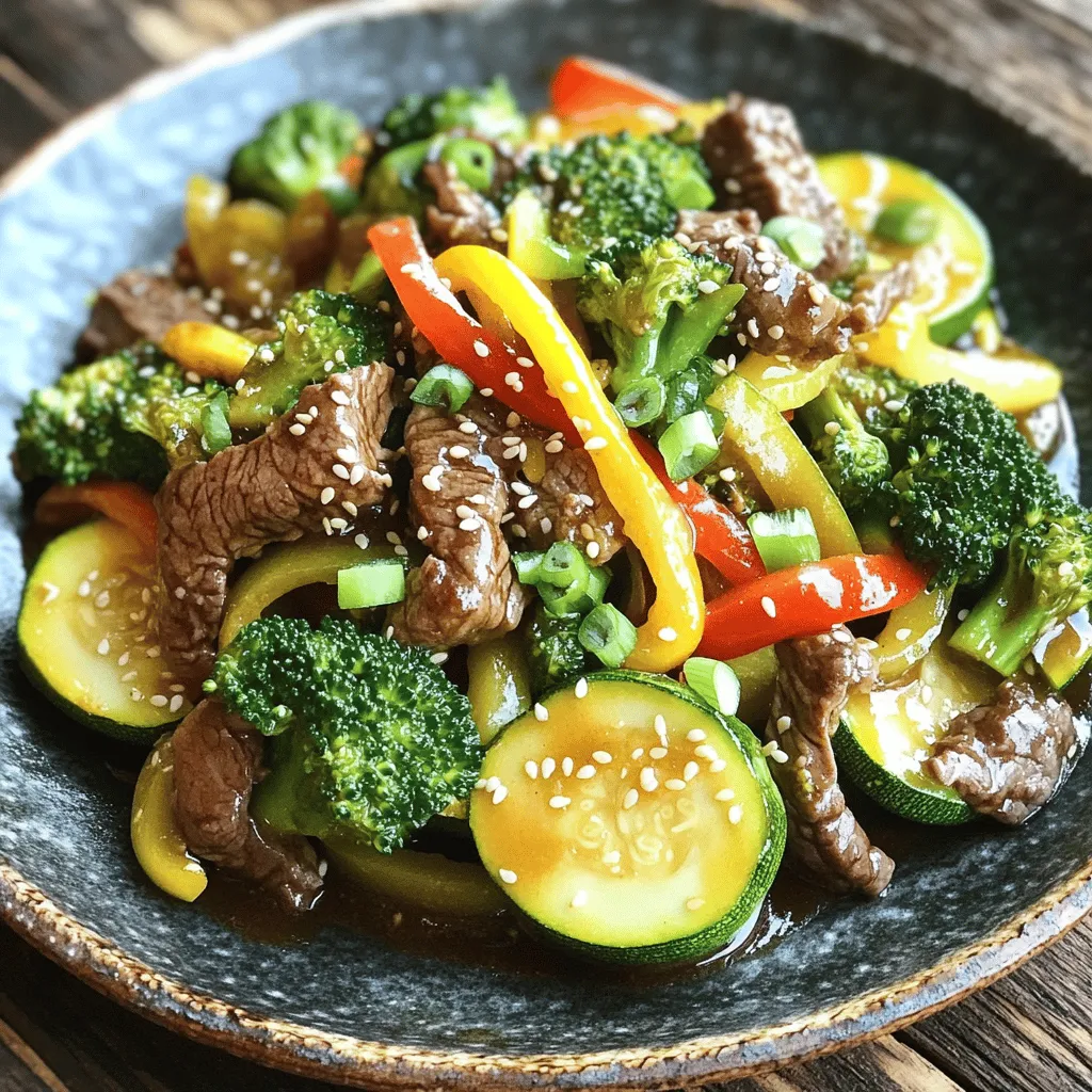 For a tasty Healthy Zucchini Beef Stir-Fry, start with these key items: - 1 lb (450g) lean beef sirloin, sliced thinly - 2 medium zucchinis, sliced into half-moons - 1 red bell pepper, julienned - 1 cup broccoli florets These main ingredients offer a mix of protein and vegetables. Lean beef sirloin gives you flavor without too much fat. Zucchini adds moisture and a light crunch. The red bell pepper adds sweetness, and broccoli packs in nutrients. Flavor is key in this dish. Here’s what you need: - 3 tablespoons soy sauce (low sodium) - 2 tablespoons oyster sauce (or hoisin for a vegan option) - 3 cloves garlic, minced - 1 tablespoon fresh ginger, minced Soy sauce and oyster sauce provide umami taste. Garlic and ginger add depth and warmth. These seasonings work together to take your stir-fry to the next level. To finish your stir-fry, use these garnishes: - Green onions, sliced - Sesame seeds These garnishes add color and a nice crunch. They make the dish look great and enhance the flavor. Enjoy your meal by adding these simple touches. For the complete recipe with instructions, check out the [Full Recipe]. Marinating the beef To make your beef tender and full of flavor, marinate it first. In a bowl, mix the sliced beef with one tablespoon of soy sauce, a pinch of salt, and pepper. Let it sit while you prepare the veggies. This step enhances the beef's taste and keeps it juicy. Slicing techniques Slice the beef as thinly as you can. This helps it cook quickly and evenly. Use a sharp knife and cut against the grain. This method makes the beef more tender when you eat it. Cutting zucchinis and bell peppers For the zucchinis, slice them into half-moons. Aim for pieces about a quarter-inch thick. This size cooks fast and keeps a nice crunch. For the red bell pepper, julienne it into thin strips. This adds color and sweetness to your dish. Preparing broccoli florets Take a head of broccoli and break it into small florets. Each floret should be bite-sized. This ensures they cook evenly and blend well with the other veggies. Set all your prepared veggies aside for quick access. Heating the pan effectively Use a large skillet or wok for stir-frying. Heat vegetable oil over medium-high heat. When the oil shimmers, it’s ready. This step is key for getting a good sear on the beef and vegetables. Timing for perfect cooking Add the marinated beef to the pan in a single layer. Don't stir it right away. Let it sear for one to two minutes. This browning adds a nice flavor. After that, stir-fry for another two to three minutes until fully cooked. Remove the beef and set it aside. Now, add minced garlic and ginger to the hot pan. Stir quickly for about 30 seconds to release the flavors. Then, toss in the zucchinis, bell pepper, and broccoli. Stir-fry for four to five minutes until the veggies are tender-crisp. Finally, return the beef to the pan, add the rest of the soy sauce and oyster sauce, and mix everything well. Cook for another two minutes to heat it all through. This step-by-step method will give you a tasty and colorful Healthy Zucchini Beef Stir-Fry. For the complete instructions, check out the Full Recipe. - Best stir-frying practices: Start with a hot pan. Heat the oil until it shimmers. This helps sear the beef quickly. Cook the beef in a single layer to get that nice brown crust. Don’t overcrowd the pan; this keeps everything cooking evenly. - Maintaining vegetable crispness: Stir-fry your veggies over high heat. This helps them stay bright and crunchy. Add them after the beef to avoid overcooking. A quick 4-5 minutes is all you need for tender-crisp vegetables. - Adding spices for extra flavor: Consider adding chili flakes for heat or cumin for warmth. You can also use fresh herbs like basil or cilantro for a fresh twist. They brighten up the dish and add layers of flavor. - Alternatives to soy and oyster sauce: If you’re looking for a soy-free option, try coconut aminos. It has a similar taste but is less salty. For a vegan twist, use hoisin sauce instead of oyster sauce for that sweet and savory balance. - Preparing ingredients in advance: Chop your vegetables and slice the beef a day ahead. Store them in airtight containers in the fridge. This makes cooking quick and easy on busy nights. - Making ahead and reheating: You can make this stir-fry a day in advance. Store it in the fridge, and reheat in a pan over medium heat. Add a splash of water or broth to keep it moist. For the complete cooking process, check out the Full Recipe. {{image_2}} You can switch up the protein in this dish easily. Chicken works great in stir-fry. Just cut it into thin strips like you did with the beef. If you prefer a meat-free meal, try tofu. Firm tofu absorbs flavors well and adds a nice texture. You can use vegetarian or vegan options, too. For a truly plant-based dish, you can skip the meat and use more vegetables. Add chickpeas or tempeh for protein. These options keep the meal healthy while making it satisfying. Feel free to mix in other vegetables. Carrots, snap peas, or mushrooms fit well in this dish. You can also use leafy greens like kale or spinach. They add color and nutrients. Consider seasonal ingredients for freshness. In the summer, add bell peppers or cherry tomatoes. In the fall, try squash or sweet potatoes. These swaps can change the flavor and keep things exciting. Serving this stir-fry is easy. You can serve it over rice or noodles. White or brown rice complements the dish well. Noodles, like soba or rice noodles, add a fun twist. You can also add fresh herbs for extra flavor. Chopped cilantro or basil adds brightness. For a crunchy element, sprinkle some crushed peanuts or cashews on top. For the full recipe, check out the detailed instructions and enjoy your cooking! To keep your Healthy Zucchini Beef Stir-Fry fresh, store leftovers in an airtight container. Let the dish cool down to room temperature first. This helps prevent moisture build-up. Place it in the fridge within two hours of cooking. Use the stir-fry within three to four days for the best taste. Yes, you can freeze stir-fry! It works well if you want to save some for later. Cool the stir-fry completely before freezing. Transfer it to a freezer-safe container or bag, removing as much air as possible. This keeps it tasty. When you're ready to eat it, thaw the stir-fry in the fridge overnight. Reheat it in a skillet over medium heat until hot, stirring often. In the fridge, the stir-fry lasts about three to four days. Look for signs of spoilage, like a sour smell or discoloration. If you see any, it's best to throw it away. Always trust your senses. If it doesn’t smell or look right, don’t eat it. Enjoy your stir-fry while it’s fresh for the best flavor! For the full recipe, check out the tasty details! Zucchini is low in calories and high in water. This makes it great for hydration. It contains vitamins A and C, which help your skin and eyes. Zucchini also provides fiber, which aids digestion. Eating zucchini can help you feel full while eating fewer calories. Plus, it has antioxidants that may protect your body from damage. Yes, you can easily make this stir-fry gluten-free. Use tamari instead of soy sauce for a gluten-free option. You can also skip oyster sauce or use a gluten-free alternative. Always check labels to ensure no hidden gluten. This way, you can enjoy the dish without worry. To add heat to your stir-fry, you can use red pepper flakes or fresh chili. Adding these while cooking will give the dish a nice kick. You can also use spicy sauce, like sriracha, to mix in at the end. Start with a small amount and taste as you go. Adjust the heat to your liking! For more flavor, consider adding a dash of hot sesame oil. If you want to learn more about preparing this dish, check out the Full Recipe. In this article, we explored making a healthy zucchini beef stir-fry. We covered key ingredients like lean beef and fresh vegetables. You learned about marinating beef, cutting techniques, and the stir-frying process. I also shared tips to keep veggies crisp and ways to prep meals in advance. Remember, you can swap proteins and vegetables to fit your taste. Enjoy experimenting with flavors and storage tips for freshness. By following these steps, you’ll create a tasty dish that’s fun to make and share.