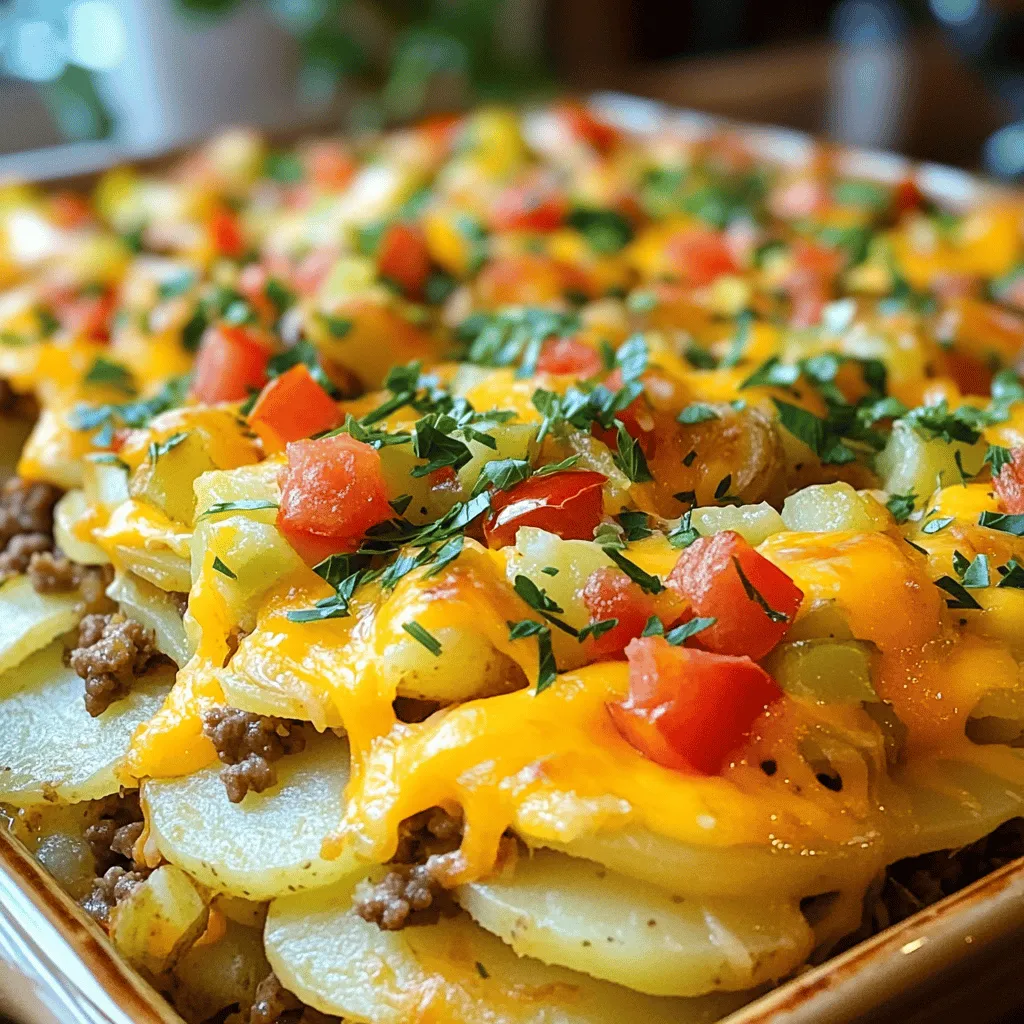 To make Hobo Casserole, you need key ingredients that create its hearty flavor. Here’s what you will need: - 1 lb ground beef - 1 large onion, chopped - 2 cloves garlic, minced - 3 cups mixed vegetables (fresh or frozen) - 1 (15 oz) can diced tomatoes, undrained - 1 cup beef broth - 1 tablespoon Worcestershire sauce - 1 teaspoon dried Italian herbs - Salt and pepper to taste - 4 large potatoes, thinly sliced - 1 cup shredded cheddar cheese - Fresh parsley for garnish (optional) These ingredients combine to form that warm and cozy taste we all love. The ground beef adds protein, while the mixed vegetables bring color and nutrition. The potatoes serve as a filling base, and the cheese offers a delicious, gooey finish. You can customize Hobo Casserole with some optional ingredients. Here are a few ideas: - Use turkey or chicken instead of beef for a leaner option. - Add bell peppers or zucchini for extra veggies. - Swap cheddar cheese for mozzarella for a different flavor. - Use vegetable broth for a vegetarian version. These swaps keep the dish fresh and fun. They also allow you to use what you have on hand. Fresh ingredients make a big difference in flavor. Here are some tips to choose the best ones: - Look for ground beef that is bright red and firm. - Choose onions that are heavy and have dry, papery skin. - When buying garlic, pick bulbs that are firm and plump. - For vegetables, select ones that are crisp and free from blemishes. These choices will improve your dish's taste and texture. Fresh ingredients make your Hobo Casserole shine. For more details on how to put it all together, check out the Full Recipe. Start by getting all your ingredients ready. Gather the following: - 1 lb ground beef - 1 large onion, chopped - 2 cloves garlic, minced - 3 cups mixed vegetables (fresh or frozen) - 1 (15 oz) can diced tomatoes, undrained - 1 cup beef broth - 1 tablespoon Worcestershire sauce - 1 teaspoon dried Italian herbs - Salt and pepper to taste - 4 large potatoes, thinly sliced - 1 cup shredded cheddar cheese - Fresh parsley for garnish (optional) Make sure to chop the onion and mince the garlic before you start cooking. This helps save time. In a large skillet, heat the pan over medium heat. Add the ground beef, chopped onion, and minced garlic. Cook until the beef is browned, which takes about 5 to 7 minutes. Make sure to drain any fat after cooking. This step gives your dish a better taste. Next, stir in the mixed vegetables, diced tomatoes, and beef broth. Add Worcestershire sauce, Italian herbs, salt, and pepper. Cook this mixture for another 5 minutes. This lets all the flavors blend well. Grab a 9x13 inch baking dish for layering. Spread half of the sliced potatoes evenly at the bottom. Pour half of the beef and vegetable mixture over the potatoes. Repeat this with the remaining potatoes and beef mixture. Now, cover the dish with aluminum foil. Bake it in your preheated oven at 375°F for 30 minutes. After this, remove the foil, sprinkle the cheddar cheese on top, and bake for another 15 to 20 minutes. The cheese should melt and become bubbly, and the potatoes will be tender. Let the casserole cool for a few minutes before you serve. You can add chopped fresh parsley on top if you like. Enjoy this cozy dish! For great potatoes, slice them thinly. Thin slices cook faster and soak up flavors well. I use a sharp knife or a mandoline for even slices. Soaking the slices in cold water for 30 minutes helps remove excess starch. This step keeps them from being gummy. Drain the water and pat them dry before adding them to the casserole. Seasoning makes a big difference. I like to use dried Italian herbs like basil, oregano, and thyme. They add depth to the dish. Worcestershire sauce gives it a savory kick. Salt and pepper are essential too. Taste as you go, and adjust to your liking. Fresh parsley on top adds a nice touch and brightens the dish. Avoid overcrowding the pan when cooking the beef. If you add too much, it won’t brown well. Drain excess fat after cooking the beef to keep the casserole from being greasy. Don’t skip the layering step; this helps flavors mix and potatoes cook evenly. Lastly, cover the dish with foil while baking to keep moisture in, but remove it when adding cheese for that perfect golden top. {{image_2}} You can make a vegetarian version of Hobo Casserole easily. Just swap the ground beef for plant-based meat or lentils. Use vegetable broth instead of beef broth for a rich flavor. For a vegan option, skip the cheese or use a dairy-free alternative. This way, you keep all the cozy comfort but make it plant-based! You can switch up the meat in Hobo Casserole. Try ground turkey, chicken, or pork for a new taste. Each meat brings its unique flavor to the dish. If you want to mix meats, that works too! Just make sure to cook any meat until it is well-done. Cheese can make your casserole even better. Try gouda, mozzarella, or pepper jack for a twist. Add extra vegetables like bell peppers, mushrooms, or zucchini to boost the nutrition. You can even top it with crushed chips or breadcrumbs for a crunchy finish. The options are endless! For the full recipe, check out the main section. To store leftover hobo casserole, let it cool first. Once it’s cool, cover it tightly with plastic wrap or foil. You can also use an airtight container. This will keep the casserole fresh and tasty. Store it in the fridge for up to three days. When you're ready to eat, just reheat it. You can freeze hobo casserole for later. To do this, let it cool completely. Then, wrap it in plastic wrap and foil or put it in a freezer-safe container. It will keep well for up to three months. When you're ready to enjoy it, thaw it in the fridge overnight. To reheat, place it in the oven at 350°F (175°C) for about 30-40 minutes. Make sure it's hot all the way through. You can also microwave individual portions if you need a quick meal. The ingredients in hobo casserole have different shelf lives. Ground beef lasts about one to two days in the fridge but can last up to four months in the freezer. Fresh vegetables can last a week in the fridge, while canned tomatoes can last for years if unopened. Once opened, use them within five days. Beef broth can last about a week in the fridge or up to six months in the freezer. Always check expiration dates, and remember, when in doubt, throw it out! Hobo Casserole pairs well with many sides. You can serve it with a simple green salad. A fresh garden salad adds crunch and balance. You might also enjoy crusty bread on the side. It soaks up the tasty juices. For a heartier meal, serve it with cornbread. The sweet flavor of cornbread complements the dish nicely. You can also add pickles for a tangy pop. Yes, you can make Hobo Casserole ahead of time. Prepare the casserole up to the baking step. Cover it tightly and keep it in the fridge. It will stay fresh for about 24 hours. When you are ready, just bake it as usual. This saves time on busy nights. You will enjoy the same great taste with minimal effort. Absolutely! Hobo Casserole is freezer-friendly. After baking, let it cool completely. Then, wrap it well in plastic wrap and foil. Freeze it for up to three months. When you want to eat it, thaw it overnight in the fridge. Reheat it in the oven until hot. You will get a warm, comforting meal from your freezer. For the full recipe, check out the earlier section! In this blog post, we explored how to make a delicious hobo casserole. We covered essential and optional ingredients. You learned step-by-step instructions for preparing and cooking. I shared tips for perfect potatoes and flavor enhancement. We discussed variations, like vegetarian options and storing leftovers. Remember, cooking should be fun and simple. Use fresh ingredients to get the best taste. Enjoy making your casserole with your favorite twists. Happy cooking!