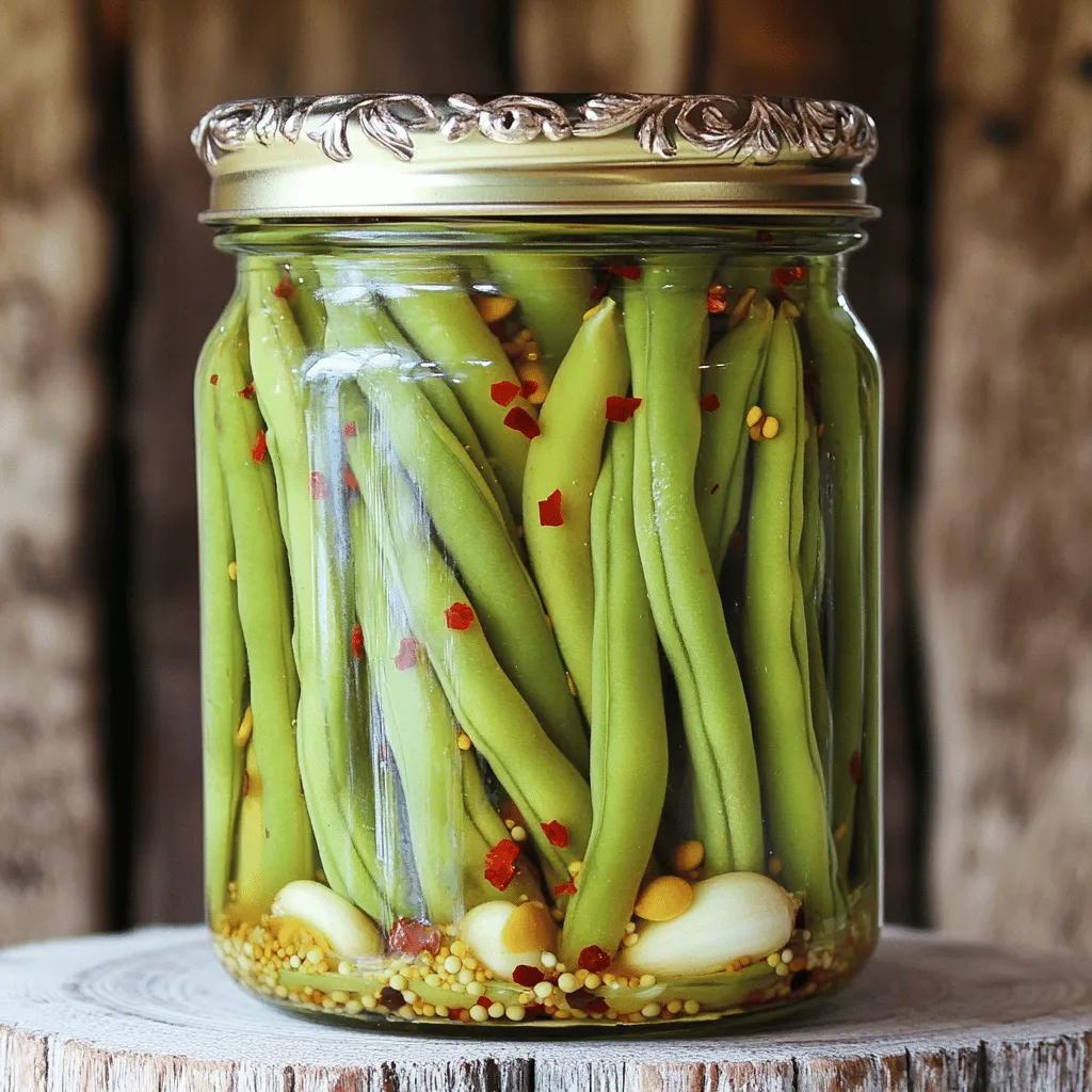 To make spicy pickled green beans, start with fresh green beans. You need 1 pound, trimmed. Choose bright green beans without blemishes. They should feel crisp and firm. For the pickling liquid, gather these ingredients: - 1 ½ cups distilled white vinegar - 1 cup water - 2 tablespoons sea salt - 1 tablespoon sugar The vinegar gives the beans their tangy flavor. The water helps balance the taste. Salt adds flavor and aids in preservation. Sugar softens the sharpness of the vinegar. Spices add depth to your pickles. Use: - 3 cloves garlic, sliced - 1 teaspoon mustard seeds - 1 teaspoon coriander seeds - 1 teaspoon red pepper flakes (adjust for heat preference) - 1 bay leaf - 1/2 teaspoon black peppercorns Garlic brings a savory note. Mustard seeds add a slight crunch. Coriander seeds give a warm flavor. Red pepper flakes offer heat; adjust them to your taste. The bay leaf adds a subtle aroma, while black peppercorns enhance the overall flavor. For the full recipe, check the details provided earlier. Start by cleaning your jars and lids. Place them in a pot of boiling water for 10 minutes. This kills any germs. After boiling, let them air dry completely. Clean jars keep your pickled green beans safe and fresh. Next, grab a medium saucepan. Mix the distilled white vinegar, water, sea salt, and sugar in the pan. Heat this mixture over medium heat. Stir it until the salt and sugar dissolve. Once it boils, take it off the heat. Add sliced garlic, mustard seeds, coriander seeds, red pepper flakes, a bay leaf, and black peppercorns. This blend gives your beans a bold flavor. Now, prepare your green beans. Wash them and trim the ends. Cut long beans in half if needed. Pack the green beans into your sterilized jars. Make sure they fit tightly but aren't crushed. Carefully pour the hot pickling mixture over the beans. Ensure they are fully submerged, leaving a little space at the top. Wipe the rims of the jars with a clean cloth. This helps the lids seal properly. Screw on the lids tightly. Let the jars cool for about an hour at room temperature. Then, move them to the fridge. Wait at least 24 hours before tasting. This gives the flavors time to blend. Your spicy pickled green beans will last up to 3-4 weeks in the fridge. For the complete recipe, check the [Full Recipe]. Enjoy these tangy treats as a side or snack! Sterilization keeps your pickled green beans safe to eat. Start by boiling your jars and lids for 10 minutes. This step removes germs and bacteria. After boiling, let them air dry completely. This ensures no water stays inside. Water can spoil your pickles. Always use clean tools when handling your jars. Spice levels can change the taste of your pickled green beans. If you like it hot, add more red pepper flakes. For milder beans, use less. Start with the recipe’s amount, then taste the brine before pouring. You can always add more spice later, but it's hard to take it out. Remember, the heat builds over time, so they may taste spicier after a day in the fridge. To develop great flavors, let the beans sit in the fridge for at least 24 hours. This time allows the spices to infuse. The longer they sit, the better they taste. You can also try adding herbs like dill or thyme for extra flavor. Experiment with different spices to find your favorite blend. Your taste buds will thank you for trying new things! For the full recipe, check out the detailed instructions above. {{image_2}} You can use many veggies in place of green beans. Carrots, cucumbers, and radishes all work well. Try using asparagus for a fun twist. Each vegetable brings its own taste, changing the final dish. Experimenting with different choices makes pickling exciting! Feel free to change the spice mix to suit your taste. Add dill for a fresh flavor. You could also try adding cumin for warmth. For a zesty kick, include some sliced jalapeños. Mixing spices allows you to create your perfect balance of heat and flavor. You can make pickled green beans sweet or savory. For a sweet version, add more sugar. You can also use honey or maple syrup for natural sweetness. If you prefer savory, skip the sugar and add more garlic or herbs. Each style gives you a different taste experience and complements various dishes. Explore these variations to make spicy pickled green beans your own. The full recipe will help guide your pickling adventure! To keep your spicy pickled green beans fresh, store them in the fridge. Use clean jars with tight-fitting lids. Make sure the beans are submerged in the pickling liquid to avoid spoilage. If you notice any mold or off smells, discard them. These spicy pickled green beans can last up to 3-4 weeks in the refrigerator. The longer they sit, the more flavor they develop. Use them in salads, on sandwiches, or as a crunchy snack. Always check for freshness before consuming. I do not recommend freezing pickled green beans. Freezing can change their texture, making them mushy. Refrigerating keeps them crisp and flavorful. If you plan to eat them soon, the fridge is the best option. For the full recipe, check the details above. Spicy pickled green beans can last up to 3-4 weeks in the fridge. Their sharp, tangy flavor makes them a tasty snack. The vinegar helps preserve them, keeping them fresh. Always check for any signs of spoilage. If they look or smell off, it’s best to toss them. Yes, you can make spicy pickled green beans without sugar. Removing sugar changes the taste, making it less sweet. However, it will still be tangy and spicy. If you want a touch of sweetness, try using honey or agave syrup instead. Adjust the amount to your taste. Pickled green beans offer several health benefits. They are low in calories and high in fiber. They also contain vitamins A, C, and K. The probiotics from the fermentation process can aid digestion. Enjoy these beans as a crunchy snack or side dish. They add flavor without many calories. For the full recipe, check the detailed instructions to make this vibrant treat. In this blog post, we explored how to make pickled green beans. You learned about key ingredients like fresh green beans, spices, and brine. I shared step-by-step instructions to help you pickle beans perfectly. We also covered storage tips and answered common questions. Pickled green beans are a great way to add flavor to your meals. With this guide, you can customize them to your taste. Enjoy your pickling journey and experiment with different ingredients!