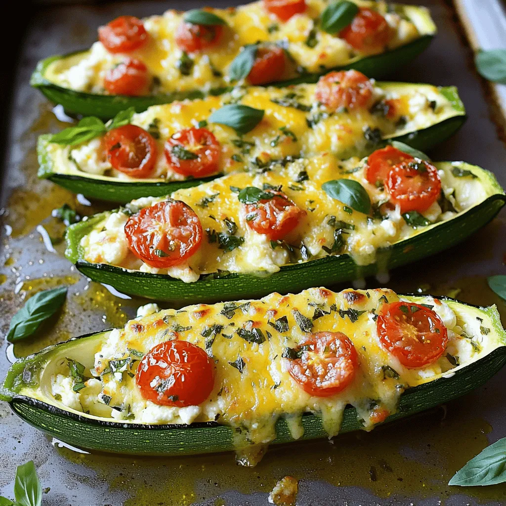 - 4 medium zucchinis - 1 cup ricotta cheese - 1 cup shredded mozzarella cheese - 1/2 cup grated Parmesan cheese - 1 cup cherry tomatoes, halved - 1 tablespoon dried Italian herbs - 2 cloves garlic, minced - 1/2 teaspoon red pepper flakes - Salt and black pepper to taste - Olive oil for drizzling - Fresh basil for garnish (optional) Gathering the right ingredients is key to making delicious cheese stuffed zucchini boats. Start with four medium zucchinis. They should be firm and fresh. Next, you’ll need one cup of ricotta cheese. This cheese gives a creamy base to your filling. One cup of shredded mozzarella cheese adds a gooey texture that melts beautifully. You’ll also need half a cup of grated Parmesan cheese. This cheese brings a sharp flavor that makes the dish shine. For some freshness, add one cup of halved cherry tomatoes. They add color and a burst of juiciness. A tablespoon of dried Italian herbs adds depth. Mix in two cloves of minced garlic for a punch of flavor. If you want some heat, sprinkle in half a teaspoon of red pepper flakes. Don’t forget salt and black pepper to taste. Lastly, use olive oil for drizzling, which adds richness. Fresh basil can be used as a garnish to brighten the dish. If you want to follow the full recipe, check the detailed instructions above. First, preheat your oven to 375°F (190°C). This helps the zucchinis cook evenly. Next, wash the zucchinis well. Slice each zucchini in half lengthwise. Take a spoon and scoop out the center of each half. You want to create a boat shape. Don’t toss the scooped-out flesh; you will use it later in the filling. In a mixing bowl, combine the ricotta cheese, half of the mozzarella cheese, and the grated Parmesan cheese. Add the halved cherry tomatoes and the minced garlic. Then, mix in the dried Italian herbs, red pepper flakes, salt, and black pepper. Finally, add the chopped zucchini flesh you set aside. Stir gently until everything is well mixed. Now, generously fill each zucchini boat with the cheese mixture, pressing down lightly to pack it in. Arrange the stuffed zucchinis on a baking sheet lined with parchment paper. Drizzle olive oil over the top for added flavor. Sprinkle the remaining mozzarella cheese on top of each stuffed zucchini. Bake them in the preheated oven for 25-30 minutes. You want the zucchinis to be tender and the cheese to be golden and bubbly. Once done, take them out and let them cool for a few minutes. Enjoy this flavorful dish as part of your meal! For the complete recipe, check [Full Recipe]. To keep zucchini from getting soggy, salt them first. After slicing, sprinkle salt inside the boats. Let them sit for about 10-15 minutes. This draws out excess moisture. Then, pat them dry with a paper towel. You will have crispier zucchini. For a tasty cheese mixture, use fresh herbs. Basil and parsley brighten the flavors. Adding garlic enhances the taste, too. I like to mix in some red pepper flakes for a little heat. Always taste your mixture before filling the boats. Adjust salt and pepper as needed. Cheese stuffed zucchini boats pair well with a light salad. A simple arugula salad adds freshness and crunch. You can also serve them with crusty bread. This makes a great meal or side dish. For garnishes, fresh herbs are a must. Chopped parsley or basil look great on top. A drizzle of balsamic glaze adds a nice touch as well. You can even sprinkle some extra cheese for extra richness. For the full recipe, check out the Zesty Cheese Stuffed Zucchini Boats. {{image_2}} You can change the cheese in this recipe. Try goat cheese or feta. These cheeses add a tangy flavor. You can also mix in some cream cheese for a richer taste. Adding protein makes this dish heartier. Ground turkey or sausage works well. Cook the meat before mixing it with the cheese. This adds flavor and makes the meal more filling. If you want a vegan option, use dairy-free cheese. Many brands make great vegan cheese now. You can find them at most grocery stores. You can also add more veggies. Chopped spinach, bell peppers, or mushrooms can boost nutrition. Just sauté them lightly before mixing. This keeps them tender and flavorful. These variations let you customize your zucchini boats. For the full recipe, check out the details above. To store leftover cheese stuffed zucchinis, first, let them cool. Place them in an airtight container. You can keep them in the fridge for up to three days. If you want to keep them longer, freeze them. Wrap each stuffed zucchini in plastic wrap, then place them in a freezer bag. They can last up to three months in the freezer. When it's time to reheat, use an oven for the best results. Preheat your oven to 350°F (175°C). Place the zucchini on a baking sheet. Cover them with foil to keep them from drying out. Heat for about 15-20 minutes, or until warm. For a crisp top, remove the foil for the last five minutes. Enjoy your tasty leftovers! How do I make zucchini boats without cheese? You can swap cheese for cooked quinoa or lentils. Use your favorite spices to add flavor. Mix in veggies like bell peppers and onions for texture. This gives a tasty, cheesy feel without dairy. Can I prepare cheese stuffed zucchini boats ahead of time? Yes, you can prep them ahead. Stuff the zucchini boats and cover them in the fridge. Bake them when you’re ready to eat. This makes dinner quick and easy on busy nights. What's the ideal serving size for this recipe? One zucchini boat is a good serving size. Each boat is filling and packed with flavor. You can serve one or two boats per person, depending on your appetite. Are cheese stuffed zucchini boats healthy? Yes, they are a healthy choice! Zucchini is low in calories and high in fiber. The cheese provides protein and calcium. Plus, the tomatoes and herbs add vitamins and antioxidants. What is the calorie count per serving? Each cheese stuffed zucchini boat has about 150-200 calories. This may vary based on the cheese and toppings you use. You can check the Full Recipe for precise numbers. These cheese stuffed zucchini boats are a tasty and easy dish. You learned how to prepare them step-by-step, from scooping out the zucchini to packing in the flavorful filling. We explored tips to keep them from getting soggy and ways to serve them well. You can even try different cheeses or add protein, making this dish flexible. Enjoy making and sharing this recipe with friends and family. Cooking can be fun and rewarding!