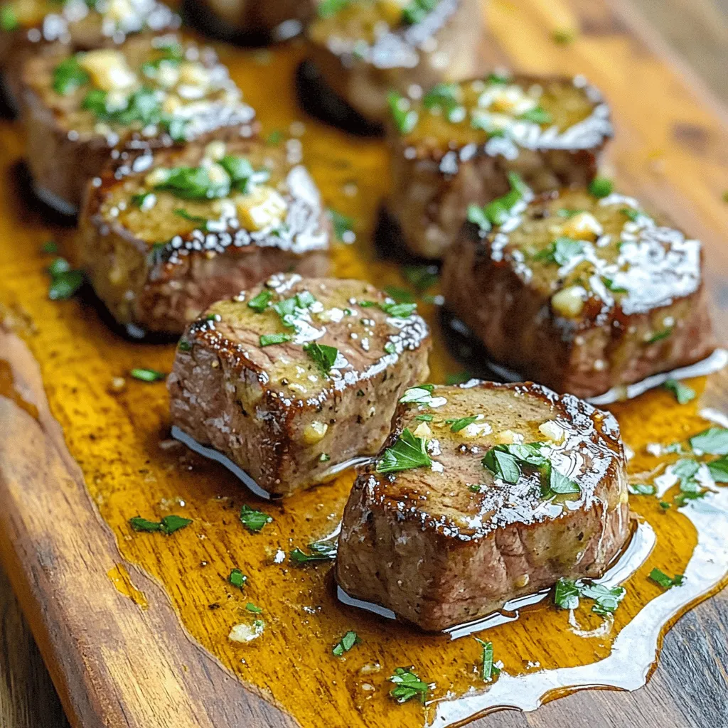- 1.5 lbs sirloin steak, cut into 1-inch cubes - 4 tablespoons unsalted butter - 6 cloves garlic, minced - 2 tablespoons fresh parsley, chopped To make garlic butter steak tips, you need fresh and high-quality ingredients. Sirloin steak is a great choice due to its flavor and tenderness. Cut it into 1-inch cubes for even cooking. The butter adds richness, while garlic gives a bold taste. Fresh parsley adds a nice color and fresh flavor. - 1 tablespoon soy sauce - 1 teaspoon smoked paprika - Salt and pepper to taste - Optional: 1 teaspoon crushed red pepper flakes for heat Seasonings make all the difference. Soy sauce enhances umami, while smoked paprika adds a hint of smokiness. Use salt and pepper to taste, adjusting to your preference. If you like heat, sprinkle in some crushed red pepper flakes. This simple blend of flavors makes every bite of garlic butter steak tips a delight. For the [Full Recipe], check out the instructions. 1. Start by patting the steak cubes dry with paper towels. This helps the meat sear better. 2. Next, season the steak cubes with salt, pepper, and smoked paprika. This brings out great flavor. If you want some heat, add crushed red pepper flakes too. 1. In a large skillet, melt 2 tablespoons of butter over medium-high heat until bubbly. This creates a tasty base. 2. Add the seasoned steak tips to the skillet in a single layer. Don’t overcrowd the pan; cook in batches if needed. 3. Sear the steak tips for 2-3 minutes on each side. You want a golden-brown crust and the right doneness. Remove them and set aside. 4. In the same skillet, lower the heat to medium. Add the remaining 2 tablespoons of butter. Once melted, stir in the minced garlic. Sauté for 30 seconds until fragrant. 1. Return the steak tips to the skillet, along with any juices from the plate. Stir to coat the steak tips in the garlic butter sauce. 2. Add the soy sauce and chopped parsley. Toss everything to combine and heat through for about 1-2 minutes. 3. Check the taste and adjust with more salt or pepper if needed. For the full recipe, see the details above. To get a perfect sear, start by drying your steak. Use paper towels to pat the cubes dry. This step removes moisture, helping to create a nice crust. A good sear adds flavor and texture. Remember, wet steak will steam, not sear. Next, avoid overcrowding the skillet. If you add too many steak tips at once, they won’t cook evenly. Instead, cook in batches. This helps each piece get that golden brown color you want. It might take a little longer, but the results are worth it. Seasoning is key to great flavor. Use salt, pepper, and smoked paprika on your steak tips. Feel free to add more spices if you like. You can also marinate the steak in soy sauce for a deeper taste. Marinating for at least 30 minutes can make a big difference. For the garlic butter, you can modify it too! Add herbs like rosemary or thyme for a fresh twist. You could even mix in some lemon zest for brightness. These changes can give your dish a new flavor profile and keep it exciting. Try different combinations to find what you like best! {{image_2}} You can use many cuts of meat for garlic butter steak tips. While sirloin steak is a favorite, other cuts work well too. Try flank steak for a rich flavor. It cooks fast and stays tender. Ribeye is another great choice. This cut has more fat, making it juicy and tasty. You can also use filet mignon if you want something extra special. Just remember to adjust the cooking time based on the cut you choose. Adding herbs and spices can elevate your garlic butter steak tips. Fresh thyme or rosemary adds a nice touch. You can also try a bit of oregano or basil for a twist. If you love heat, add cayenne or chili powder. For an even deeper flavor, marinate the steak before cooking. Use a mix of olive oil, soy sauce, and your favorite herbs. Let it soak for at least 30 minutes. This step makes the steak even more tender and flavorful. Pair your garlic butter steak tips with tasty side dishes. Creamy mashed potatoes or roasted veggies work well. You can also serve them with a fresh green salad for a lighter meal. If you want something fun, try garlic bread or rice pilaf. For drinks, a nice red wine like Cabernet Sauvignon complements the dish perfectly. Enjoy the rich flavors and make your meal special! To store leftover steak tips, place them in an airtight container. Make sure they cool down before sealing. This helps keep them fresh. Store the container in the fridge for up to three days. You can also wrap the steak tips tightly in plastic wrap. This method works well if you want to save space. When you are ready to enjoy your steak tips again, use a skillet. Heat the skillet over medium heat. Add a little butter or olive oil to keep the meat juicy. Place the steak tips in the pan and heat for about five minutes. Flip them halfway to warm evenly. You can also use the microwave, but be careful not to overcook. Heat in short bursts, checking often. If you want to keep steak tips longer, freezing is a great option. Wrap each portion tightly in plastic wrap. Then, place them in a freezer bag. Remove as much air as possible before sealing. They can last for up to three months. To thaw, place them in the fridge overnight. This keeps the texture nice when you reheat. You can easily follow the Full Recipe when you’re ready to serve again. You can tell when steak tips are done by looking for a brown crust. Use a meat thermometer for the best results. Aim for 130°F for medium-rare and 140°F for medium doneness. The meat should feel firm but springy. Let it rest for a few minutes. This helps the juices stay inside. Yes, you can use frozen steak tips. Just thaw them safely in the fridge overnight. If you're in a hurry, you can use the microwave. Be careful not to cook them. Once thawed, follow the same steps in the recipe. Make sure to pat them dry for a good sear. Garlic butter steak tips pair well with many sides. Here are some popular choices: - Garlic mashed potatoes - Grilled asparagus - Roasted vegetables - Fresh salad For wine, a nice red like Cabernet Sauvignon works great! It complements the rich flavors of the steak. Enjoy exploring these pairings! For the full recipe, check out the details above. We covered how to make delicious garlic butter steak tips. You learned about the main ingredients, cooking steps, and tips for perfecting your dish. I shared ways to vary the recipe and store leftovers. Experiment with flavors to make this dish your own. Remember, cooking is about enjoying the process and the food. Enjoy your steak tips!