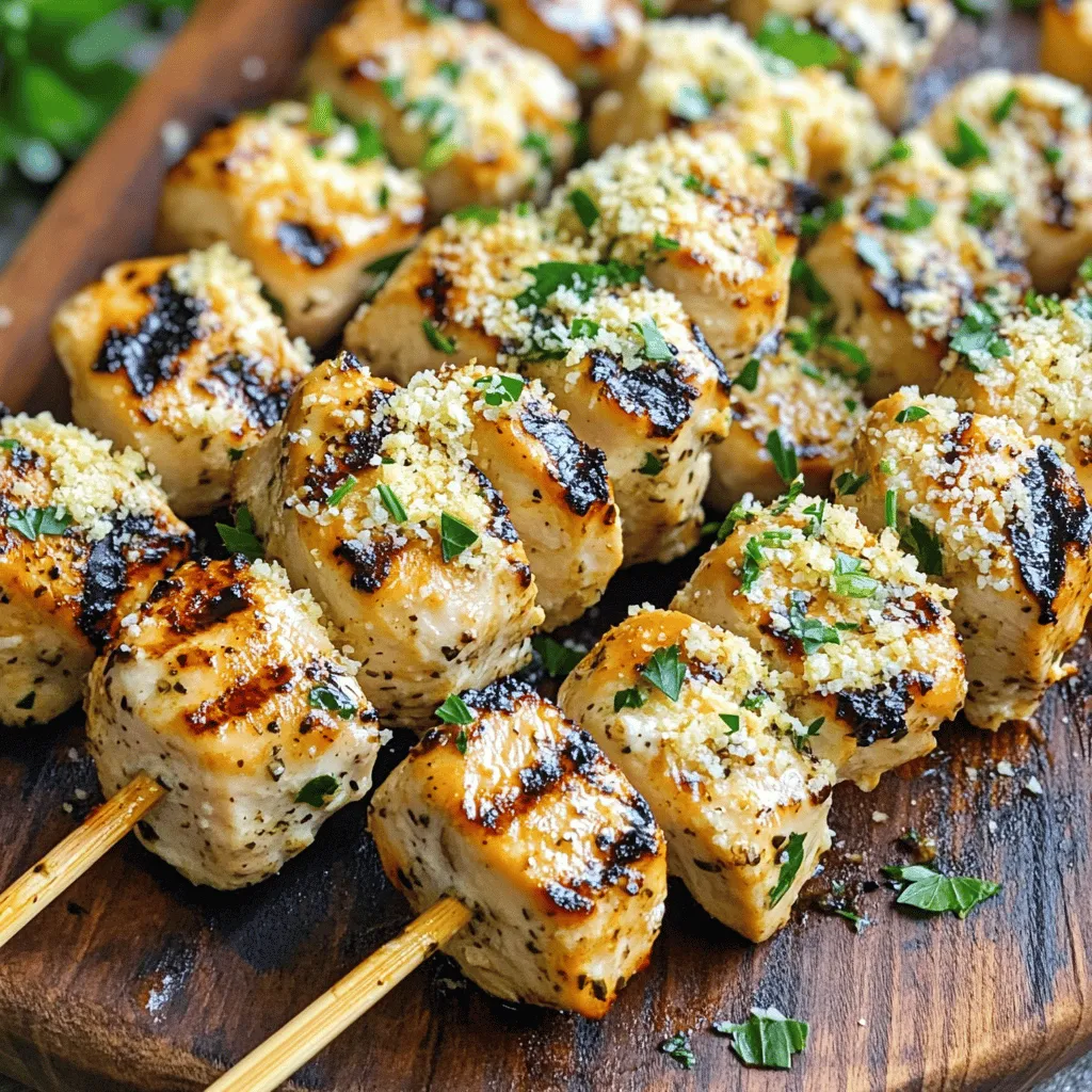 For these grilled ranch garlic Parmesan chicken skewers, start with: - 1.5 lbs chicken breast, cut into 1-inch cubes - 1/2 cup ranch dressing - 3 cloves garlic, minced - 1/2 cup grated Parmesan cheese - 1 tablespoon olive oil The chicken breast serves as a great base. It cooks fast and stays juicy. The ranch dressing brings flavor and moisture. Minced garlic adds a rich taste, while Parmesan gives a nice cheesy kick. Next, you need these essential seasonings: - 1 teaspoon paprika - 1 teaspoon garlic powder - 1 teaspoon onion powder - Salt and pepper to taste - Fresh parsley for garnish Paprika adds a bit of warmth and color. Garlic powder and onion powder boost the flavor. Don’t forget salt and pepper; they make everything better. Fresh parsley adds brightness when you serve the skewers. You can use bamboo or metal skewers. If you choose bamboo, soak them in water for 30 minutes. This step keeps them from burning on the grill. When you are ready, thread the marinated chicken cubes onto the skewers. Leave a little space between each piece. This helps them cook evenly. For the full recipe, check the instructions to ensure you get every detail right. Start by getting a large bowl. Add the ranch dressing, minced garlic, and grated Parmesan cheese. Pour in the olive oil. Then, add paprika, garlic powder, onion powder, salt, and pepper. Mix it all well. This marinade makes the chicken juicy and full of flavor. Next, cut the chicken breast into 1-inch cubes. Place the chicken in the bowl with the marinade. Make sure each piece is coated. Cover the bowl with plastic wrap. Let it sit in the fridge for at least 30 minutes. For more flavor, you can marinate it for up to 2 hours. After marinating, take the chicken out of the fridge. If you use bamboo skewers, soak them in water for about 30 minutes. This keeps them from burning on the grill. Now, take the marinated chicken pieces. Thread them onto the skewers. Leave a little space between each piece. This helps them cook evenly. Preheat your grill to medium-high heat. Once hot, place the skewers on the grill. Cook them for about 10 to 12 minutes. Turn the skewers often. This gives them nice grill marks. Check the chicken's internal temperature. It should reach 165°F (75°C). When done, take the skewers off the grill. Let them rest for a few minutes. This makes them juicier. Finally, garnish your skewers with freshly chopped parsley. This adds a pop of color and flavor. For the complete recipe, check the Full Recipe. To get those nice grill marks, heat your grill well. I suggest a medium-high heat. This helps the chicken sear quickly. When you place the skewers on the grill, don’t move them right away. Let them cook for 4-5 minutes before flipping. This gives them time to form those tasty marks. Marinating is key for tasty chicken. I recommend a minimum of 30 minutes in the fridge. For a richer taste, let it sit for up to 2 hours. The ranch dressing and garlic blend well during this time. They soak into the chicken and infuse it with flavor. Don’t forget to mix the marinade well before adding the chicken. To keep chicken juicy, don’t overcook it. Use a meat thermometer to check the temperature. It should reach 165°F (75°C). Also, let the skewers rest after grilling. This allows the juices to settle back into the meat. If you follow these tips, you’ll have tender, juicy chicken. For the full recipe, check out the detailed instructions above. {{image_2}} You can switch up the flavor of your chicken skewers. Try using different dressings. A honey mustard or BBQ sauce can add a sweet touch. You may also use Greek yogurt mixed with herbs. This gives a nice tang and keeps the chicken moist. Experiment with spices too. Adding cumin or chili powder can make it spicy. Adding vegetables to your skewers makes them colorful and tasty. Bell peppers, cherry tomatoes, and zucchini work well. Cut them into pieces that match your chicken size. This way, they cook evenly together. You can marinate the veggies with the chicken. They soak up the same great flavors. These skewers pair well with many sides. Serve them with a fresh salad or rice. You can also add a side of grilled corn. A dipping sauce of extra ranch or tzatziki adds more flavor. For drinks, a cold lemonade or iced tea works nicely. For complete details on making these skewers, check out the Full Recipe. After enjoying your grilled ranch garlic Parmesan chicken skewers, store leftovers in an airtight container. This keeps them fresh. Place the skewers in the fridge within two hours of cooking. They will stay good for about three to four days. Make sure to label the container with the date. This helps you track how long they have been stored. If you want to save some skewers for later, you can freeze them. Let the cooked skewers cool completely before freezing. Wrap them tightly in plastic wrap or foil. Then, place them in a freezer-safe bag. They can last up to three months in the freezer. When you’re ready to eat, just thaw them overnight in the fridge. To reheat your chicken skewers, you can use the oven or a microwave. For the oven, preheat it to 350°F (175°C). Place the skewers on a baking sheet and cover them with foil. Heat for about 10-15 minutes or until warm. If using a microwave, place the skewers on a microwave-safe plate. Heat in 30-second intervals until warm. Avoid overcooking, as this can dry out the chicken. Enjoy your delicious meal again! For the full recipe, visit the earlier section. You should marinate the chicken for at least 30 minutes. This time helps the chicken soak up the ranch flavor. For a richer taste, let it sit for up to 2 hours. Just remember, longer marination boosts the flavor even more. Yes, you can! Chicken is great, but you can also use pork, beef, or shrimp. Each meat adds its own flavor. Just adjust the cooking time based on what you choose. For beef, cook a little longer; for shrimp, cook less. The best way is to check the internal temperature. Use a meat thermometer to see if it hits 165°F (75°C). You can also look for clear juices when you cut into the chicken. If the juices run clear, it’s ready to eat! Enjoy your delicious grilled ranch garlic Parmesan chicken skewers. For the full recipe, check our earlier section. In this post, we covered how to make delicious chicken skewers, from choosing ingredients to grilling. We looked at marinades, seasonings, and tips for flavor and grill marks. You can also mix it up with veggies and different marinades. After cooking, store your leftovers correctly for later. Remember, the key to great skewers is fresh ingredients and smart cooking techniques. Enjoy your tasty creations and impress your friends at the next cookout. Cooking should be fun, so experiment and find your favorite ways!