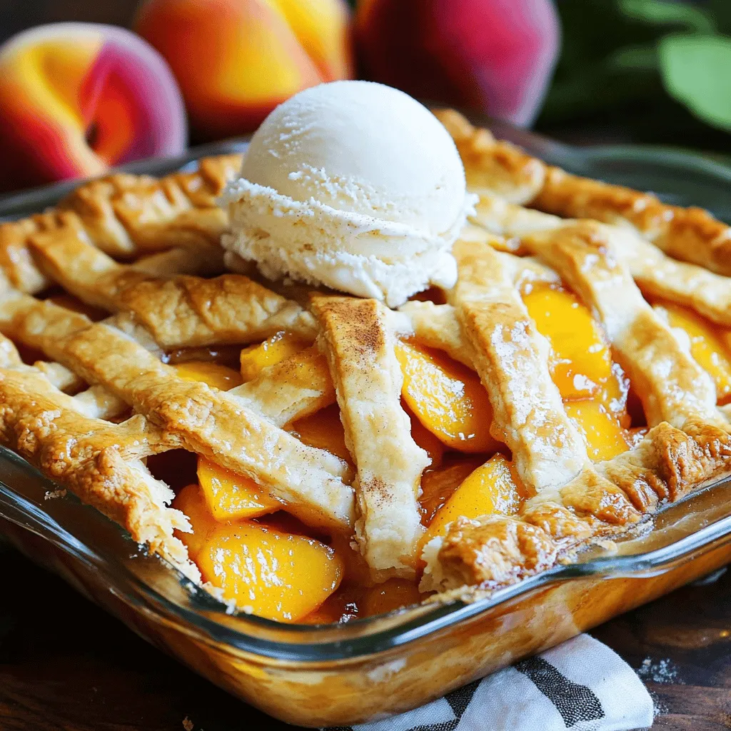 - 4 cups fresh peaches, peeled and sliced - 1 cup granulated sugar - 2 tablespoons lemon juice - 1 tablespoon cornstarch - 1 teaspoon vanilla extract Fresh peaches are key. They bring natural sweetness and bright flavor. Choose ripe peaches for the best results. If you can't find fresh ones, frozen peaches can work too, but they may need extra care to avoid excess moisture. - 1/2 teaspoon ground cinnamon - 1/4 teaspoon nutmeg Cinnamon and nutmeg add warmth and depth. These spices enhance the peach flavor. Feel free to adjust the amounts to match your taste. A hint of spice makes your cobbler sing. - 1 package refrigerated pie crusts (2 crusts) - 1 cup oats - 1/2 cup brown sugar, packed - 1/2 cup unsalted butter, melted - 1/2 teaspoon salt Using refrigerated pie crusts saves time. It helps you enjoy this dessert sooner. The oats in the topping give it a crunchy texture. Brown sugar adds a rich flavor that pairs well with the fruit. For best results, let the butter cool slightly before mixing. For the full recipe, check out the detailed instructions and tips. To start, you need to prepare the peach mixture. Slice 4 cups of fresh peaches and place them in a large bowl. Add 1 cup of granulated sugar, 2 tablespoons of lemon juice, 1 tablespoon of cornstarch, 1 teaspoon of vanilla extract, 1/2 teaspoon of ground cinnamon, and 1/4 teaspoon of nutmeg. Mix gently to coat the peaches well. Let this sit for 10 minutes. This will allow the peaches to release their juices and infuse with flavor. Next, we need to assemble the cobbler. Roll out one refrigerated pie crust and fit it into a 9-inch pie pan. Make sure to poke holes in the bottom with a fork. This helps steam escape as it bakes. Spoon the marinated peaches evenly into the crust. Now it's time to create the crumbly topping. In a separate bowl, mix 1 cup of oats, 1/2 cup of packed brown sugar, and 1/2 teaspoon of salt. Pour in 1/2 cup of melted unsalted butter and combine until it looks crumbly. Sprinkle half of this oat mixture over the peaches in the pie pan. Now, we layer the second pie crust over the filling. You can roll it out and cut it into strips for a crisscross design or just lay it flat. This adds a fun look to your cobbler. Top it with the remaining oat mixture for a nice texture. Bake your cobbler in the preheated oven at 375°F (190°C) for 45-55 minutes. Keep an eye on it, and if the crust darkens too fast, cover the edges with aluminum foil. Your cobbler will be done when it bubbles and the crust turns golden brown. To get the crust just right, poke holes in the bottom. This helps steam escape while baking. It keeps your crust crisp. If you notice it browning too fast, cover the edges with foil. This simple step can save your dessert from burning. You can spice up your cobbler with variations. Try adding a pinch of ginger or cardamom for a unique twist. Fresh herbs like thyme can also give a nice touch. A sprinkle of mint on top adds freshness and color. Serve your peach cobbler warm with a scoop of ice cream. The cold ice cream melts into the hot cobbler. It creates a tasty mix. For gatherings, place slices on a nice plate. Add a sprinkle of cinnamon and a few peach slices for a beautiful presentation. {{image_2}} You can get creative with fruit. Try adding berries like blueberries or raspberries. They mix well with peaches and add a pop of color. You can also use other stone fruits, like plums or cherries, for a unique twist. Adjust the sugar based on the fruit's sweetness. Berries might need less sugar than peaches. If you need a gluten-free version, use gluten-free pie crusts. Many brands offer frozen options that taste great. You can also swap regular oats for gluten-free oats. For the filling, make sure the sugar and spices are gluten-free to match your crust. You can make this cobbler in different ways. A slow cooker gives you a warm, gooey dessert. Just layer the ingredients inside and cook on low for 4 to 6 hours. If you want it faster, try an Instant Pot. Cook it on high pressure for about 10 minutes. Both methods yield a tasty treat. For the full recipe, check out the details above! To keep your triple crust peach cobbler fresh, let it cool completely. Once it’s cool, cover it tightly with plastic wrap or foil. You can store it in the fridge for up to four days. This way, you can enjoy slices whenever you want. If you want to save some cobbler for later, freezing is the best option. Cut the cobbler into portions and wrap each piece in plastic wrap. Then, place them in a freezer bag. It can last for up to three months in the freezer. When you’re ready to eat, thaw it overnight in the fridge. To reheat, place it in a preheated oven at 350°F (175°C) until warm. To keep your cobbler crust crisp after storage, avoid covering it while it cools. When reheating, place it in the oven instead of the microwave. This helps maintain that perfect texture. Enjoy your cobbler warm, and it will taste just like fresh out of the oven. For the full recipe, check out the details above. You can tell if your peach cobbler is done by looking for a few signs. First, check if the crust is golden brown. The filling should bubble up around the edges. If you see these signs, it’s time to take it out. Let it cool for a bit before serving. This cooling time helps the filling set a little more. Yes, you can use canned peaches if fresh ones are not available. However, you need to adjust the sugar. Canned peaches are often sweeter. Reduce the sugar by about a half cup. Drain the peaches well to avoid excess liquid. This helps keep the filling from being too watery. If you want a different topping, there are a few good choices. You can use crushed nuts like almonds or pecans for a crunchy texture. Another option is to use granola for a sweet and crispy topping. You can also try breadcrumbs mixed with butter for a simple alternative. Making your own pie crust is easy! Here’s a quick recipe: - 1 1/4 cups all-purpose flour - 1/2 cup unsalted butter, chilled - 1/4 cup cold water - 1/4 teaspoon salt 1. Mix the flour and salt in a bowl. 2. Cut in the chilled butter until it looks like crumbs. 3. Add cold water a little at a time until the dough comes together. 4. Roll it out and fit it into your pie pan. This homemade crust adds a special touch to your cobbler. For the full recipe, check the section above. This recipe for peach cobbler uses fresh ingredients, spices, and a triple crust. I shared helpful tips for a perfect crust and ways to enhance flavor. You can try variations like adding berries or making gluten-free options. Follow storage info to keep your leftovers fresh. Peach cobbler is a comforting dessert a lot of people love. Enjoy making it your own and impressing your family and friends with your skills. Happy baking!